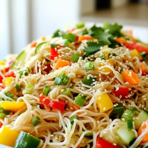 - 200g rice noodles - 2 tablespoons sesame oil - 1 tablespoon fresh ginger, grated - 2 cloves garlic, minced - 1 cup bell peppers (red and yellow), thinly sliced - 1 cup carrots, julienned - 1 cup cucumber, julienned - ¼ cup green onions, chopped - 2 tablespoons soy sauce (or tamari for gluten-free) - 1 tablespoon honey or maple syrup - 1 tablespoon rice vinegar - 2 tablespoons sesame seeds - Fresh cilantro for garnish (optional) When I make this salad, I choose fresh, colorful ingredients. Each one adds flavor and crunch. Rice noodles are my base. They soak up the dressing well. I love using sesame oil for its rich taste. Fresh ginger and garlic give a nice kick to the dish. For the veggies, I pick bell peppers for sweetness and carrots for crunch. Cucumbers add a refreshing bite, while green onions bring a mild bite. The soy sauce ties it all together. Honey or maple syrup adds a touch of sweetness. Rice vinegar gives a tangy note. Lastly, I sprinkle sesame seeds on top. They add a nutty flavor and a nice crunch. Fresh cilantro is optional but adds a lovely aroma. Enjoying this salad feels like a burst of flavors in every bite! First, grab a large pot and fill it with water. Place it on the stove and bring it to a rolling boil. You will want to wait until the bubbles are big and fast. When the water boils, add in the 200g of rice noodles. Cook them for 4 to 6 minutes. Check the noodles often. They should be tender but still firm when you bite them. Once cooked, drain the noodles in a colander. Rinse them under cold water. This stops the cooking and keeps them from sticking together. Set the noodles aside for later. Next, it's time to make the dressing. In a small bowl, add 2 tablespoons of sesame oil, 1 tablespoon of grated ginger, and 2 cloves of minced garlic. Also, add 2 tablespoons of soy sauce, 1 tablespoon of honey or maple syrup, and 1 tablespoon of rice vinegar. Use a whisk to mix these ingredients well. You want a smooth dressing that tastes great. Always taste it! If it needs more sweetness or tang, feel free to add more honey or vinegar. Your taste buds are the best guide. Now, let’s mix everything together. In a large bowl, add 1 cup each of thinly sliced bell peppers, julienned carrots, and julienned cucumber. Also, include ¼ cup of chopped green onions. Toss the vegetables gently to combine them. Then, fold in the cooked rice noodles. Be careful when mixing; you don’t want to break the noodles. After that, drizzle the dressing over the noodles and vegetables. Use tongs or a large spoon to toss everything together. Make sure all the ingredients are coated in that tasty dressing. Finally, sprinkle 2 tablespoons of sesame seeds over the top, and give it one last gentle toss. You can adjust the taste again if needed. To get the best dressing, you can adjust the taste. If it is too sweet, add more soy sauce. If it is too sour, add a touch of honey or maple syrup. For a vegan option, always use maple syrup instead of honey. This keeps your dish tasty and kind to all diets. Garnish your salad with fresh cilantro for a burst of flavor. Cilantro adds color and a fresh taste. For a colorful display, serve the salad in clear bowls. This lets the bright veggies shine. You can also sprinkle extra sesame seeds on the side for a fun touch. One mistake is overcooking the noodles. They should be firm, not mushy. Rinse them well to stop cooking. Another mistake is under-seasoning the dressing. Always taste it before adding to the salad. It should be balanced and flavorful. Don’t skip this step—it makes a big difference! {{image_4}} You can easily make this salad heartier by adding proteins. Great options include: - Tofu - Chicken - Shrimp For tofu, use firm tofu. Press it to remove extra water. Cut it into cubes and pan-fry until golden. For chicken, grill or sauté thin strips until cooked through. For shrimp, cook them until they turn pink and curl. Each protein adds flavor and boosts nutrition. Switch up the veggies based on your taste or season. Here are some great ideas: - Snap peas - Broccoli florets - Shredded cabbage Snap peas add a nice crunch. Broccoli brings a healthy green touch. Shredded cabbage offers a different texture. Each change gives the salad a new flavor profile. Mix and match for fun! You can play with the dressing for new tastes. Try these options: - Swap sesame oil for olive oil or avocado oil. - Use rice vinegar with apple cider vinegar or red wine vinegar. For a kick, add chili flakes or sriracha. Fresh herbs like mint or basil can brighten the flavor. These small changes keep the salad exciting and fresh! To keep your Sesame Ginger Noodle Salad fresh, use airtight containers. Glass or plastic containers work well. Make sure the salad is cool before sealing. Store in the fridge for up to three days. Don't forget to label your containers with the date! When you want to enjoy leftover noodles, use a microwave or stovetop. For the microwave, place a portion in a bowl. Add a splash of water to prevent drying out. Heat for one minute, then stir. For the stovetop, warm in a pan over low heat. Add a bit of sesame oil to help keep the noodles smooth. You can freeze the noodles and dressing separately. When freezing, place them in freezer-safe bags. Remove as much air as possible. The noodles can last up to two months in the freezer. To thaw, place them in the fridge overnight. Reheat as mentioned above and mix with the fresh dressing before serving. If you do not have rice noodles, you can use other types of noodles. Good options include soba noodles or whole wheat spaghetti. If you prefer a gluten-free choice, try zucchini noodles or spiralized veggies. Yes, you can make this salad ahead of time. Prepare the noodles and veggies, then store them separately. Mix them with the dressing just before serving. This keeps everything fresh and crunchy. The salad can last up to three days in the fridge. Store it in an airtight container. However, the noodles may soften the longer it sits, so enjoy it sooner for the best texture. Yes, this recipe can be gluten-free. Just use tamari instead of soy sauce. Ensure all your other ingredients are gluten-free as well. This way, you can enjoy the salad without worry. You can use bottled dressing if you prefer. Just check the ingredients to ensure it fits your taste. However, homemade dressing allows you to control the flavors and adjust it to your liking. This blog post covered how to make a tasty Sesame Ginger Noodle Salad. We explored key ingredients, cooking steps, and tips to avoid common mistakes. Using fresh veggies and a balanced dressing keeps this dish vibrant and full of flavor. Remember, you can tweak it to fit your likes, adding proteins or trying new vegetables. Whether you eat it fresh or save leftovers, this salad is sure to please. Enjoy your cooking adventure and make it your own!