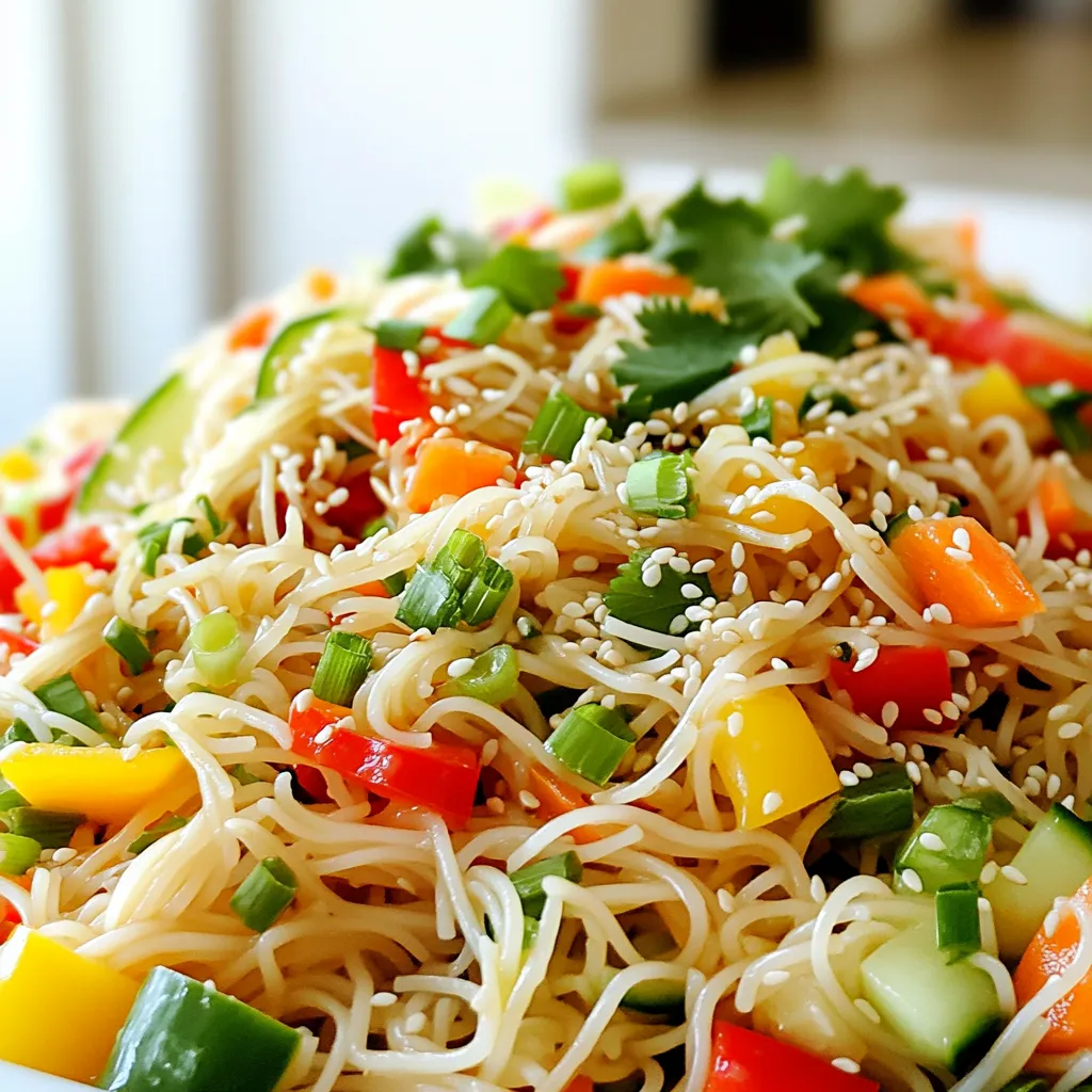 - 200g rice noodles - 2 tablespoons sesame oil - 1 tablespoon fresh ginger, grated - 2 cloves garlic, minced - 1 cup bell peppers (red and yellow), thinly sliced - 1 cup carrots, julienned - 1 cup cucumber, julienned - ¼ cup green onions, chopped - 2 tablespoons soy sauce (or tamari for gluten-free) - 1 tablespoon honey or maple syrup - 1 tablespoon rice vinegar - 2 tablespoons sesame seeds - Fresh cilantro for garnish (optional) When I make this salad, I choose fresh, colorful ingredients. Each one adds flavor and crunch. Rice noodles are my base. They soak up the dressing well. I love using sesame oil for its rich taste. Fresh ginger and garlic give a nice kick to the dish. For the veggies, I pick bell peppers for sweetness and carrots for crunch. Cucumbers add a refreshing bite, while green onions bring a mild bite. The soy sauce ties it all together. Honey or maple syrup adds a touch of sweetness. Rice vinegar gives a tangy note. Lastly, I sprinkle sesame seeds on top. They add a nutty flavor and a nice crunch. Fresh cilantro is optional but adds a lovely aroma. Enjoying this salad feels like a burst of flavors in every bite! First, grab a large pot and fill it with water. Place it on the stove and bring it to a rolling boil. You will want to wait until the bubbles are big and fast. When the water boils, add in the 200g of rice noodles. Cook them for 4 to 6 minutes. Check the noodles often. They should be tender but still firm when you bite them. Once cooked, drain the noodles in a colander. Rinse them under cold water. This stops the cooking and keeps them from sticking together. Set the noodles aside for later. Next, it's time to make the dressing. In a small bowl, add 2 tablespoons of sesame oil, 1 tablespoon of grated ginger, and 2 cloves of minced garlic. Also, add 2 tablespoons of soy sauce, 1 tablespoon of honey or maple syrup, and 1 tablespoon of rice vinegar. Use a whisk to mix these ingredients well. You want a smooth dressing that tastes great. Always taste it! If it needs more sweetness or tang, feel free to add more honey or vinegar. Your taste buds are the best guide. Now, let’s mix everything together. In a large bowl, add 1 cup each of thinly sliced bell peppers, julienned carrots, and julienned cucumber. Also, include ¼ cup of chopped green onions. Toss the vegetables gently to combine them. Then, fold in the cooked rice noodles. Be careful when mixing; you don’t want to break the noodles. After that, drizzle the dressing over the noodles and vegetables. Use tongs or a large spoon to toss everything together. Make sure all the ingredients are coated in that tasty dressing. Finally, sprinkle 2 tablespoons of sesame seeds over the top, and give it one last gentle toss. You can adjust the taste again if needed. To get the best dressing, you can adjust the taste. If it is too sweet, add more soy sauce. If it is too sour, add a touch of honey or maple syrup. For a vegan option, always use maple syrup instead of honey. This keeps your dish tasty and kind to all diets. Garnish your salad with fresh cilantro for a burst of flavor. Cilantro adds color and a fresh taste. For a colorful display, serve the salad in clear bowls. This lets the bright veggies shine. You can also sprinkle extra sesame seeds on the side for a fun touch. One mistake is overcooking the noodles. They should be firm, not mushy. Rinse them well to stop cooking. Another mistake is under-seasoning the dressing. Always taste it before adding to the salad. It should be balanced and flavorful. Don’t skip this step—it makes a big difference! {{image_4}} You can easily make this salad heartier by adding proteins. Great options include: - Tofu - Chicken - Shrimp For tofu, use firm tofu. Press it to remove extra water. Cut it into cubes and pan-fry until golden. For chicken, grill or sauté thin strips until cooked through. For shrimp, cook them until they turn pink and curl. Each protein adds flavor and boosts nutrition. Switch up the veggies based on your taste or season. Here are some great ideas: - Snap peas - Broccoli florets - Shredded cabbage Snap peas add a nice crunch. Broccoli brings a healthy green touch. Shredded cabbage offers a different texture. Each change gives the salad a new flavor profile. Mix and match for fun! You can play with the dressing for new tastes. Try these options: - Swap sesame oil for olive oil or avocado oil. - Use rice vinegar with apple cider vinegar or red wine vinegar. For a kick, add chili flakes or sriracha. Fresh herbs like mint or basil can brighten the flavor. These small changes keep the salad exciting and fresh! To keep your Sesame Ginger Noodle Salad fresh, use airtight containers. Glass or plastic containers work well. Make sure the salad is cool before sealing. Store in the fridge for up to three days. Don't forget to label your containers with the date! When you want to enjoy leftover noodles, use a microwave or stovetop. For the microwave, place a portion in a bowl. Add a splash of water to prevent drying out. Heat for one minute, then stir. For the stovetop, warm in a pan over low heat. Add a bit of sesame oil to help keep the noodles smooth. You can freeze the noodles and dressing separately. When freezing, place them in freezer-safe bags. Remove as much air as possible. The noodles can last up to two months in the freezer. To thaw, place them in the fridge overnight. Reheat as mentioned above and mix with the fresh dressing before serving. If you do not have rice noodles, you can use other types of noodles. Good options include soba noodles or whole wheat spaghetti. If you prefer a gluten-free choice, try zucchini noodles or spiralized veggies. Yes, you can make this salad ahead of time. Prepare the noodles and veggies, then store them separately. Mix them with the dressing just before serving. This keeps everything fresh and crunchy. The salad can last up to three days in the fridge. Store it in an airtight container. However, the noodles may soften the longer it sits, so enjoy it sooner for the best texture. Yes, this recipe can be gluten-free. Just use tamari instead of soy sauce. Ensure all your other ingredients are gluten-free as well. This way, you can enjoy the salad without worry. You can use bottled dressing if you prefer. Just check the ingredients to ensure it fits your taste. However, homemade dressing allows you to control the flavors and adjust it to your liking. This blog post covered how to make a tasty Sesame Ginger Noodle Salad. We explored key ingredients, cooking steps, and tips to avoid common mistakes. Using fresh veggies and a balanced dressing keeps this dish vibrant and full of flavor. Remember, you can tweak it to fit your likes, adding proteins or trying new vegetables. Whether you eat it fresh or save leftovers, this salad is sure to please. Enjoy your cooking adventure and make it your own!