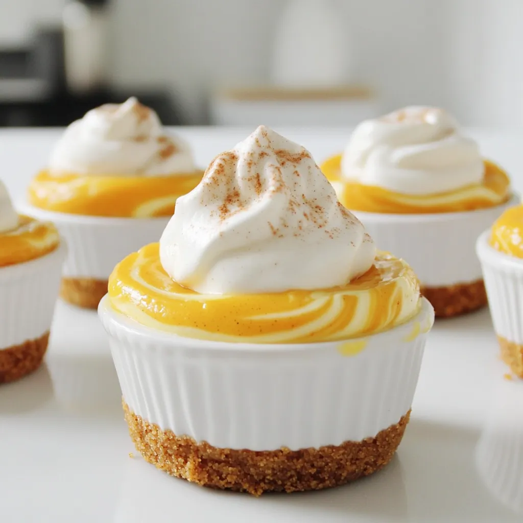 - 1 cup graham cracker crumbs - 1/4 cup unsalted butter, melted - 2 teaspoons granulated sugar - 8 oz cream cheese, softened to room temperature - 1/2 cup powdered sugar - 1/2 cup canned pumpkin puree - 1 teaspoon pumpkin pie spice - 1 teaspoon vanilla extract - 1/2 teaspoon ground cinnamon - Whipped cream, for topping - Additional pumpkin pie spice, for garnish For the crust, I use 1 cup of graham cracker crumbs. You can swap these for crushed cookies if you want a new flavor. The melted butter binds the crumbs. If you need a dairy-free option, try coconut oil instead. For sugar, granulated sugar works, but brown sugar adds a nice depth. Use 1/4 cup of brown sugar if you prefer. The cream cheese gives the cheesecake its rich taste. If you want a lighter option, use Greek yogurt instead. The pumpkin puree is key; it adds flavor and color. You can use fresh pumpkin, but canned is easier and just as good. Choosing the right ingredients makes a big difference. Start with fresh cream cheese. It should be soft and smooth, not watery. For pumpkin, pick a brand that uses pure pumpkin with no added sugar or spices. The spices should smell strong and fresh. Check the dates on all ingredients, especially the cream cheese and spices. Freshness ensures better flavor. When you use quality items, your cheesecake cups will taste amazing. Always trust your taste buds when selecting ingredients. Start by gathering your ingredients. You will need graham cracker crumbs, melted butter, and granulated sugar. 1. In a medium bowl, mix 1 cup of graham cracker crumbs, 1/4 cup of melted butter, and 2 teaspoons of granulated sugar. 2. Stir well until the crumbs soak up the butter. 3. Spoon this mixture into small cups or jars. 4. Press it down gently using the back of a spoon. This forms a solid crust layer at the bottom. Now, let’s make the delicious pumpkin cheesecake filling. 1. In a large mixing bowl, beat 8 oz of softened cream cheese and 1/2 cup of powdered sugar with an electric mixer. 2. Mix until smooth and creamy. 3. Add in 1/2 cup of canned pumpkin puree, 1 teaspoon of pumpkin pie spice, 1 teaspoon of vanilla extract, and 1/2 teaspoon of ground cinnamon. 4. Beat the mixture again until all is well blended and silky. It’s time to layer and chill your dessert. 1. Use a spoon or piping bag to layer the pumpkin cheesecake filling over the crust in each cup. 2. Smooth the top for a nice finish. 3. Place the cups in the refrigerator. Allow them to chill for at least 2 hours. This helps the cheesecake set properly. 4. Before serving, add a dollop of whipped cream on top of each cup. 5. Sprinkle a little extra pumpkin pie spice for flair. Enjoy these tasty pumpkin spice cheesecake cups! To get the best texture, start with room-temperature cream cheese. Cold cream cheese gives lumps. Mix the cream cheese and powdered sugar until smooth. Then, blend in the pumpkin puree and spices. Make sure everything is mixed well. This helps create a creamy, silky filling. Chilling the cups for at least two hours helps them set properly. The longer they chill, the firmer they get. One big mistake is not pressing the crust enough. If the crust is loose, it will fall apart. Make sure to press down firmly with a spoon. Another mistake is overmixing the filling. Mixing too much adds air, which can make your cheesecake too fluffy. Lastly, avoid skipping the chilling time. This step is key for the cheesecake to set up right. Make your cheesecake cups look special with simple touches. Use clear cups to show off the layers. Top each cup with whipped cream and a sprinkle of pumpkin pie spice. You can add edible flowers or autumn leaves for fun color. Serving on a nice platter adds to the charm. For a cozy feel, place the cups on a table with small pumpkins around them. {{image_4}} You can easily make these pumpkin spice cheesecake cups gluten-free. Swap the graham cracker crumbs for gluten-free cookie crumbs. There are many tasty options available, like almond flour cookies or gluten-free graham crackers. Just crush them the same way. You can also use crushed gluten-free oats mixed with a bit of melted butter for a different texture. If you want a vegan version, there are simple swaps. Replace the cream cheese with a vegan cream cheese option. Look for brands made from nuts or soy. Use maple syrup instead of powdered sugar for sweetness. For the crust, you can use dairy-free margarine instead of butter. This way, you keep the creamy taste without using animal products. Feel free to get creative with your cheesecake cups! Add chopped nuts for a crunchy texture. Walnuts or pecans work well and add depth to the flavor. Chocolate lovers can mix in chocolate chips or swirl melted chocolate in the cheesecake filling. You can even top the whipped cream with a sprinkle of cocoa powder for extra flair. These simple tweaks can make your dessert even more special! To keep your pumpkin spice cheesecake cups fresh, cover them tightly. Use plastic wrap or a lid. Store them in the fridge for the best taste. Avoid stacking them to prevent spills. When stored properly, these cheesecake cups last about 4 to 5 days in the fridge. After that, they may lose flavor and texture. If you notice any change in smell or appearance, it's best to toss them. You can freeze these cheesecake cups for up to 3 months. To freeze, cover each cup with plastic wrap and then foil. This helps prevent freezer burn. When you're ready to enjoy them, thaw the cups in the fridge overnight. Do not refreeze after thawing. Yes, you can make these cheesecake cups ahead of time. I often prepare them the night before. This gives them enough time to chill and set in the fridge. They taste even better after a few hours! Just cover them well to keep them fresh. If you don’t have pumpkin puree, you can use butternut squash puree. It gives a similar flavor and texture. You can also use sweet potato puree as an option. Both will work well in this recipe. Just make sure they are smooth and creamy. To change the sweetness, you can add more or less powdered sugar. Start with a small amount and taste as you mix. If it's not sweet enough, add more sugar a little at a time. You can also use maple syrup or honey for a different flavor. In this blog post, we covered how to make delicious cheesecake cups, from choosing quality ingredients to tips for serving. I shared step-by-step instructions for the crust and filling, along with common mistakes to avoid. Remember, small changes like using vegan or gluten-free ingredients can still lead to tasty treats. Storing your desserts properly ensures freshness, and they can last a while in the fridge. Enjoy making these cheesecake cups, and don't hesitate to try your own twist on the recipe!
