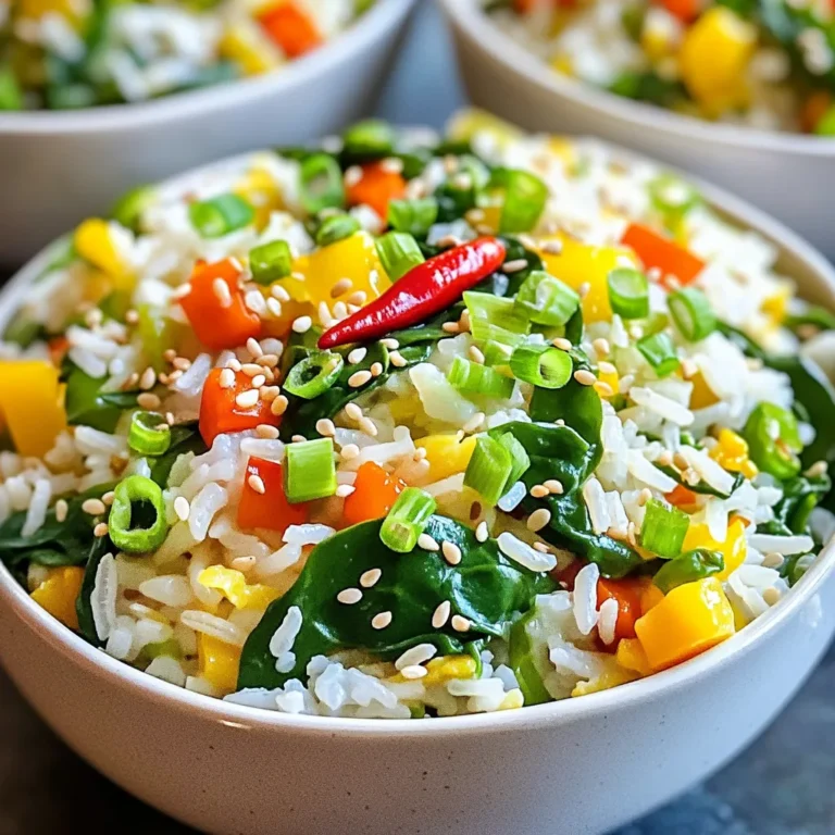 - 2 cups cooked jasmine rice - 4 cloves of garlic, finely minced - 1 red chili, finely chopped - 3 tablespoons soy sauce - 1 tablespoon sesame oil - 1 tablespoon olive oil - 1 cup baby spinach - 1 cup mixed vegetables - 1 green onion, thinly sliced - Sesame seeds - Salt and pepper to taste Gathering the right ingredients makes this dish easy and fun. I love using jasmine rice for its light and fluffy texture. The garlic and chili add a great kick. Feel free to adjust the chili to suit your spice level. The soy sauce and sesame oil bring rich flavors that blend well. Baby spinach is my go-to leafy green, but you can choose any you like. Mixed vegetables add color and crunch. I use a mix of carrots, peas, and bell peppers for the best taste. Don't forget to garnish with sliced green onions and sesame seeds. They add a nice touch and boost the dish's look. Remember, season with salt and pepper to match your taste. This simple list of ingredients ensures you can whip up a delicious meal in no time! - Cooking jasmine rice: Start with 2 cups of jasmine rice. Cook it according to package instructions. Fluff it once done and set aside. - Chopping vegetables: Chop your mixed vegetables like carrots, peas, and bell peppers. This adds color and flavor. - Mince garlic and chili: Finely mince 4 cloves of garlic and 1 red chili. Adjust the chili based on your heat preference. - Heat the oils and sauté garlic and chili: In a large skillet, pour in 1 tablespoon of olive oil and heat it over medium heat. Add the minced garlic and chopped chili. Sauté for about 1 minute. Stir constantly until fragrant. Be careful not to let the garlic burn. - Sauté mixed vegetables and wilt spinach: Add the mixed vegetables to the skillet. Stir them for 3-4 minutes until they soften. Then, add 1 cup of baby spinach. Cook for another minute until it wilts down. - Incorporate jasmine rice and season: Add the cooked jasmine rice to the skillet. Gently break up any clumps with a spatula. Mix well with the sautéed veggies. Drizzle 3 tablespoons of soy sauce and 1 tablespoon of sesame oil over the rice. Stir everything to blend flavors. Season with salt and pepper to taste. - Crisp the rice mixture: Let the rice cook for an extra 2-3 minutes without stirring. This helps form a crispy layer on the bottom if you want that texture. - Serve and garnish: Remove the skillet from heat. Transfer the rice to serving plates. Garnish with sliced green onions and a sprinkle of sesame seeds. Enjoy your vibrant, flavorful meal! To get crispy rice, let it cook without stirring. After mixing in the rice, press it down. Cook for 2-3 minutes. This will let it stick to the pan, creating a nice crust. To adjust the spice level, choose your chili wisely. Use a mild chili for less heat. If you want more spice, add another chili or some chili flakes. Taste as you go. For soy sauce, you can use tamari or coconut aminos. Both give similar flavors. For sesame oil, try using olive oil or peanut oil. They can add a nice touch too. When picking vegetables, focus on freshness. Use bright, crisp veggies. Carrots, peas, and bell peppers work great. You can mix in any veggies you like. Just ensure they are fresh and colorful. {{image_4}} You can easily make this dish vegetarian or vegan. Instead of using meat, swap it for tofu or tempeh. Both options soak up flavors well and add protein. - For tofu: Press it for 30 minutes to remove water, then cut it into cubes. - For tempeh: Slice it thin and sauté for a few minutes. Add either option to the skillet after you cook the garlic and chili. This gives them time to absorb the savory taste. Want to spice things up? You can change the flavor profile with a few simple additions. - Add ginger: Grate a small piece and sauté it with garlic for warmth. - Citrus zest: Use lemon or lime zest for a bright touch. You can also change the type of rice. Jasmine rice is great, but brown rice or basmati can add a nutty flavor. Just make sure to adjust cooking time as needed. Pair your rice bowl with a few side dishes. - A simple cucumber salad adds crunch and coolness. - Steamed broccoli or snap peas provide more greens. These sides enhance your meal while keeping it light and fresh. Enjoy exploring these variations for your Minute Garlic Chili Rice Bowls! To keep your Minute Garlic Chili Rice Bowls fresh, store them in an airtight container. This helps seal in the flavors and moisture. You can refrigerate leftovers for up to three days. If you want to keep them longer, freeze the rice bowls for up to one month. Make sure to separate the rice and veggies if you prefer. This keeps textures better when reheating. When it’s time to enjoy leftovers, follow these simple steps for reheating. If you use a microwave, place the rice in a microwave-safe bowl. Add a splash of water to keep it moist. Cover the bowl with a damp paper towel or lid. Heat it for 1-2 minutes, stirring halfway through. If you prefer a skillet, heat a tiny bit of oil over medium heat. Add the rice mix and stir. Cook for about 5 minutes, stirring often, until heated through. This method helps retain the nice texture and flavor. Enjoy your meal just as tasty as the first time! Yes, you can use other types of rice. Brown rice, basmati rice, or even quinoa work well. Just adjust the cooking time as needed. Each type of rice adds a unique taste and texture. To make this dish gluten-free, use tamari instead of soy sauce. Tamari is a gluten-free soy sauce. Check your sesame oil for gluten, too, as some brands may include it. If you are allergic to garlic, try using shallots or green onions for flavor. You can also use garlic-infused oil for a hint of garlic taste without the actual cloves. Yes, this dish is perfect for meal prep! Cook a large batch and store it in airtight containers. It keeps well in the fridge for about 3-4 days. Just reheat it when you are ready to eat. This blog post gave you a clear recipe for a tasty rice dish. We covered ingredients, step-by-step cooking methods, and helpful tips. You learned how to make this dish crispy, spicy, and easy to customize. Plus, you got insights on storage and reheating. Now you can enjoy delicious meals any day. Try different flavors or vegetables to make it yours. Remember, cooking is fun, so feel free to experiment!