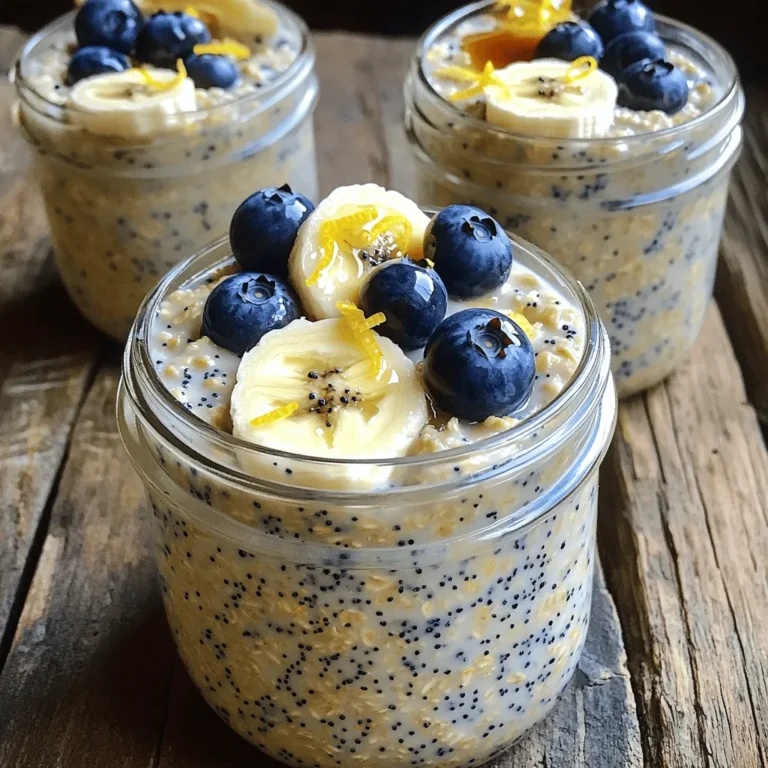 - 1 cup rolled oats - 2 cups almond milk (or your preferred milk variety) - 2 tablespoons chia seeds - Zest from 1 medium lemon - 2 tablespoons freshly squeezed lemon juice - 2 tablespoons maple syrup (adjust according to your sweetness preference) - 2 tablespoons poppy seeds - 1 teaspoon pure vanilla extract - Fresh fruits for topping (such as juicy blueberries or ripe sliced bananas) - A pinch of salt These ingredients come together to create a bright and refreshing dish. First, rolled oats form the base. They soak up the milk and get soft. Next, almond milk adds a creamy touch. You can use any milk you like, though. Chia seeds are small but mighty. They help thicken the oats and pack in nutrients. The zest and juice of one lemon give a bright flavor. It wakes up your taste buds! Maple syrup adds a gentle sweetness. You can adjust this to fit your taste. Poppy seeds sprinkle in a bit of crunch and fun. Vanilla extract adds a warm background note. To finish, fresh fruits are a must! Blueberries or bananas add color and taste. The pinch of salt balances all the flavors. These ingredients make a tasty, healthy breakfast you can prep the night before. 1. Mixing the ingredients Start by taking a mixing bowl. Add 1 cup of rolled oats, 2 cups of almond milk, and 2 tablespoons of chia seeds. Then, add the zest from 1 lemon, 2 tablespoons of lemon juice, 2 tablespoons of maple syrup, and 2 tablespoons of poppy seeds. Lastly, add 1 teaspoon of vanilla extract and a pinch of salt. Use a whisk or spoon to mix everything well. 2. Portioning into jars or containers After mixing, it’s time to portion the oats. Use two to four jars or airtight containers. Make sure to divide the mixture evenly among them. This helps you grab one in the morning with ease. 3. Refrigeration process Once you have filled the jars, seal them tightly. Place them in the refrigerator. Let the oats chill overnight, or for at least 4 hours. This step is key for the oats to soften and soak in all the flavors. 1. Topping with fresh fruits When you’re ready to eat, stir the oats well. You can top them with fresh fruits. I love juicy blueberries or ripe sliced bananas. They add color and extra taste. 2. Presentation tips for aesthetics For a beautiful touch, drizzle a bit of maple syrup on top. You can also sprinkle some extra poppy seeds. This makes your breakfast look inviting and delicious. 1. How to taste and modify sweetness After stirring the mixture, take a small taste. If you want it sweeter, you can add more maple syrup. Start with half a tablespoon at a time. Mix it in and taste again until it’s just right for you. For the best creaminess, soak your oats for at least 4 hours or overnight. The longer they sit, the softer they become. This soaking lets the oats absorb the almond milk and flavors. If you prefer a thicker texture, try adding a bit more chia seeds. They help the oats thicken and add a nice crunch. To boost flavor, consider adding spices like cinnamon or nutmeg. A dash of ginger can add a nice kick. You might also try a splash of almond extract for a nutty taste. These small changes can make your oats even more delightful. Want to save time during your busy week? Make a larger batch! You can double the recipe and store jars for up to 5 days. This way, you have a quick breakfast ready each morning. Just grab a jar, stir, and enjoy! {{image_4}} You can make this breakfast fit your needs. For a dairy-free option, try almond milk or oat milk. Both work well and taste great. If you want to change up the sweetness, use honey or agave syrup instead of maple syrup. Each sweetener adds its own flavor. You can get creative with flavors in your overnight oats. Adding fresh berries like strawberries or raspberries gives a nice pop of color and taste. Nuts like almonds or walnuts add crunch. You can also try other citrus fruits. Lime or orange zest can make your oats even zestier. Use seasonal fruits to change things up. In summer, add peaches or cherries. In fall, try apples or pears. This keeps your breakfast fresh and fun. Each season has its own fruits that can make your oats taste amazing. Store your lemon poppy seed overnight oats in the fridge. They stay fresh for up to 5 days. Use airtight containers to keep them from drying out. Glass jars work great and let you see the layers. Plastic containers are also fine, but make sure they seal well. You can freeze your overnight oats if you want to save some for later. Portion them into freezer-safe jars or containers. Leave a little space at the top for expansion. They can last up to 2 months in the freezer. Just make sure to label each jar with the date. To enjoy frozen overnight oats, take them out of the freezer. Move them to the fridge for about 8 hours to thaw. If you're in a hurry, you can set them out on the counter for about 1 hour. Once thawed, stir well and add fresh toppings like fruits or nuts. Enjoy your delicious breakfast! Yes, you can make lemon poppy seed overnight oats vegan. Just use almond milk or another plant-based milk. The other ingredients are already vegan-friendly. This way, you keep the zest and flavor without any dairy. Overnight oats should sit for at least four hours. This allows the oats to soak and become soft. However, leaving them overnight gives the best texture and flavor. Healthy toppings for overnight oats include: - Fresh fruits (like berries or bananas) - Nuts (like almonds or walnuts) - Seeds (like chia or hemp seeds) - A drizzle of honey or maple syrup These toppings add flavor and nutrition to your oats. You can use quick oats, but the texture will change. Quick oats soak up liquid faster. This makes them softer and less chewy. If you prefer a creamier texture, quick oats will work just fine. In this post, we explored how to make delicious lemon poppy seed overnight oats. You learned about each ingredient, from rolled oats to fresh fruits. We walked through the steps for mixing, refrigerating, and serving. Plus, I shared tips for perfecting flavor and texture, along with variations you can try. Ultimately, overnight oats are an easy, healthy breakfast. They save time while offering great taste. Experiment with your favorite flavors and keep it fun! Enjoy your tasty creation.