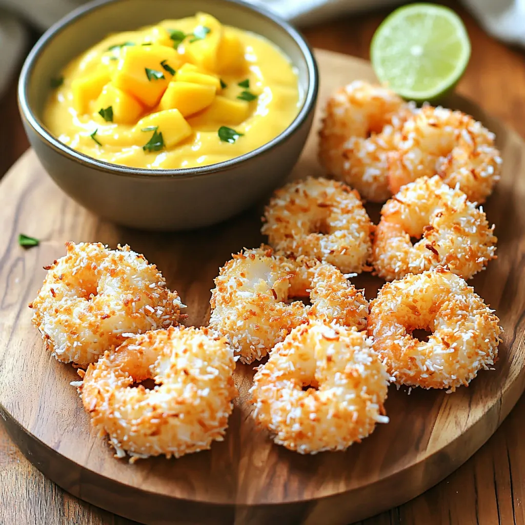 - 1 pound large shrimp, peeled and deveined - 1 cup all-purpose flour - 2 large eggs, beaten - 1 cup shredded sweetened coconut - 1 cup panko breadcrumbs - 1 teaspoon garlic powder - 1 teaspoon paprika - Salt and pepper, to taste - Cooking spray Crispy coconut shrimp starts with fresh large shrimp. Look for shrimp that are firm and smell like the ocean. Peel and devein them for the best taste. Next, gather all-purpose flour, eggs, and shredded coconut. The flour helps the shrimp stick to the coating, while eggs bind everything. Shredded coconut adds a sweet crunch. For extra texture, use panko breadcrumbs. Seasonings are key. Garlic powder and paprika bring depth to the flavor. Salt and pepper enhance everything. Use cooking spray to help the shrimp crisp up in the air fryer. - 1 ripe mango, peeled and diced - 1/2 cup plain Greek yogurt - 1 tablespoon honey - 1 tablespoon lime juice - Salt to taste For the mango dip, pick a ripe mango. It should feel soft when you squeeze it. Peel and dice it for the dip. Combine the mango with Greek yogurt for creaminess. Honey adds sweetness, while lime juice gives a zesty kick. A pinch of salt balances the flavors. Blend it all until smooth. This dip pairs perfectly with the shrimp. To make the mango dip, start by adding the diced mango, Greek yogurt, honey, lime juice, and a pinch of salt to a blender. Blend everything on high speed until it becomes smooth and creamy. After blending, taste the dip. If it is not sweet enough, add more honey. This dip balances well with the shrimp. Transfer it to a bowl, cover it, and put it in the fridge while you work on the shrimp. Next, you need to set up a breading station. Grab three shallow dishes for this task. In the first dish, add the all-purpose flour. Season this flour with salt and pepper for extra flavor. In the second dish, pour in the beaten eggs. Finally, in the third dish, mix the shredded coconut, panko breadcrumbs, garlic powder, paprika, and a pinch of salt. Make sure to stir these dry ingredients well to mix them evenly. Before you start breading the shrimp, preheat your air fryer to 400°F (200°C). This step is key for even cooking and crispy shrimp. Now, take a shrimp and coat it in the flour mixture. Shake off any extra flour. Then, dip it into the beaten eggs, making sure it is fully coated. Next, transfer the shrimp to the coconut-panko mixture. Press gently to help it stick. Place the breaded shrimp on a plate and repeat this for all the shrimp. Now, lightly spray the air fryer basket with cooking spray to prevent sticking. Arrange the breaded shrimp in a single layer in the basket. Be careful not to overcrowd them. Lightly spray the tops of the shrimp with cooking spray to help them get crunchy. Cook the shrimp for about 8-10 minutes. Flip them halfway through the cooking time. Watch them closely until they turn golden brown and crispy on all sides. Once cooked, carefully remove the shrimp from the air fryer. Let them rest for a minute to cool slightly. Serve the warm crispy coconut shrimp alongside the chilled mango dip for a delightful contrast. Enjoy this tropical treat! To get crispy shrimp, use cooking spray. This helps the coating turn golden. Spray it on the shrimp before cooking. It makes a big difference! Avoid overcrowding the air fryer. When shrimp are too close, they steam instead of crisping. Cook in batches if needed. This way, every piece gets that perfect crunch. Want to boost the flavor? Add more spices! Try cayenne pepper for heat or cumin for warmth. These spices bring out the shrimp's taste. You can also swap the mango dip. Try a sweet chili sauce or a spicy aioli for a twist. Each option gives a new flavor to enjoy. For a beautiful plate, use a colorful platter. Arrange the shrimp in a circle or line. Place the mango dip in a small bowl in the center. This makes it look appealing. Add garnishes like lime wedges and fresh cilantro. These small touches make the dish pop and impress your guests. {{image_4}} You can change the texture of your shrimp by using different breadcrumbs. Try using crushed cornflakes for a crunchier bite. If you want a gluten-free option, use almond flour or gluten-free breadcrumbs. Both will work great. Just keep the same steps for coating. Adjust the seasonings if needed to match the breadcrumbs you choose. If you're looking for a change, try other fruit dips. Pineapple or peach would give a sweet twist. You can blend them just like the mango dip. For a creamy option, use avocado instead of yogurt. It adds richness and a nice green color. You can also add spices like cumin for extra flavor. Pair your shrimp with fresh salads or slaw for a light meal. A side of rice or coconut rice also fits well. For drinks, a fruity mocktail or a light beer complements the shrimp. Choose a refreshing lemonade or limeade for a fun twist. These pairings enhance the tropical theme of your dish. To keep your shrimp fresh, first let them cool. Place the shrimp in an airtight container. You can store them in the fridge for up to three days. Make sure to keep the mango dip in a separate container. It can also last in the fridge for three days. If you stack shrimp, use parchment paper between layers to avoid sticking. To reheat and maintain crispiness, use an air fryer. Preheat it to 350°F (175°C). Place the shrimp in the basket in a single layer. Heat for about 5 minutes, flipping halfway through. This method keeps your shrimp crunchy and tasty. You can also use a conventional oven at 375°F (190°C) for about 10 minutes. You can freeze coconut shrimp for later use. First, let them cool completely. Arrange the shrimp in a single layer on a baking sheet. Freeze them for about an hour until firm. Then, transfer the shrimp to a freezer-safe bag. Remove as much air as possible. They can last in the freezer for up to three months. To thaw, move them to the fridge overnight before reheating. Yes, you can use frozen shrimp. Just make sure to thaw them first. - Best practices for thawing: Place the shrimp in the fridge overnight. If you're short on time, you can run them under cold water in a sealed bag for about 15-20 minutes. Dry them well before cooking. There are several ways to lighten up this dish. - Suggestions for lighter alternatives: Use whole wheat flour instead of all-purpose flour. You can also swap the panko for crushed cornflakes. For a lower-calorie dip, try using non-fat Greek yogurt instead of regular yogurt. Crispy coconut shrimp pairs well with many sides. - Meal ideas and sides: You can serve this with a fresh salad, rice, or sweet potato fries. A light coleslaw adds crunch and flavor. For drinks, try a fruity mocktail or a refreshing iced tea. You now have all the key steps to make tasty coconut shrimp and mango dip. Start with fresh ingredients, and follow the simple steps to create a delicious dish. Remember to get the coating just right for that perfect crunch. You can also mix things up with different dips or side dishes. Whether it's a snack or a meal, this recipe is sure to impress. Enjoy your cooking and get creative with your flavors!
