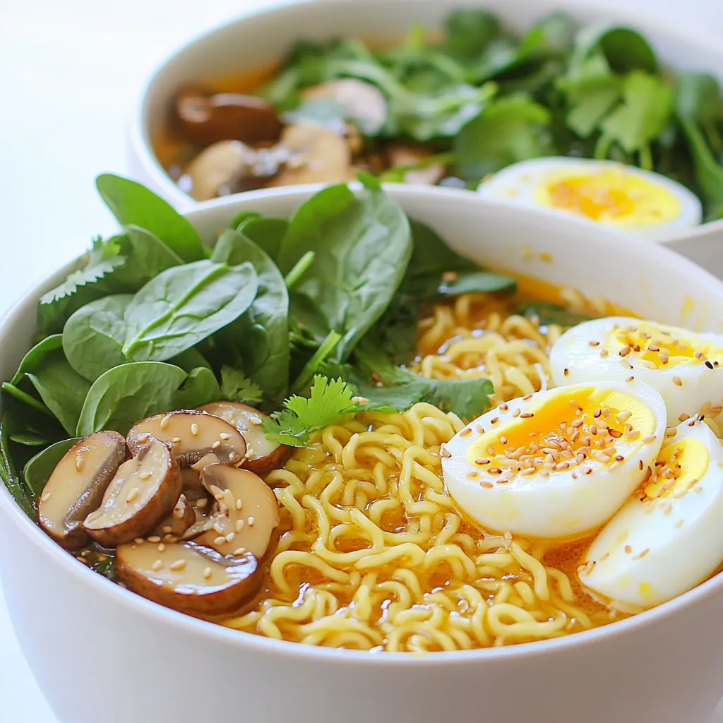 - 2 packs of ramen noodles (discard the seasoning packets) - 4 tablespoons unsalted butter - 6 cloves garlic, finely minced - 2 cups vegetable broth (homemade or low-sodium) - 2 tablespoons soy sauce - 1 tablespoon sesame oil - 1 teaspoon chili flakes (or to taste) - 1 cup baby spinach, washed and dried - 1 cup mushrooms, sliced (shiitake or button) - 2 green onions, thinly sliced - Optional garnishes: - 2 soft-boiled eggs - Fresh cilantro leaves - Toasted sesame seeds Each ingredient plays a key role in making this dish shine. The ramen noodles serve as a hearty base. The unsalted butter and garlic create a rich, flavorful sauce that coats each noodle perfectly. The vegetable broth adds depth and warmth, while soy sauce and sesame oil give umami and a hint of nuttiness. The chili flakes bring a touch of heat, which you can adjust based on your taste. Fresh spinach and mushrooms add nutrition and texture, making each bite more enjoyable. The green onions add a pop of color and a mild onion flavor that balances the dish. Optional garnishes, like soft-boiled eggs, fresh cilantro, and sesame seeds, can elevate your ramen to a gourmet level. This list of ingredients is simple yet powerful. Each one enhances the others, making for a dish that is both comforting and satisfying. To start, bring a large pot of water to a boil. Use a high heat for quick results. Once boiling, add your ramen noodles. Cook them for about 3-4 minutes. You want them tender but not mushy. After cooking, drain the noodles and set them aside. This keeps them fresh for the next steps. Next, grab a large skillet and set it over medium heat. Add 4 tablespoons of unsalted butter. Let it melt fully. Once melted, add 6 cloves of finely minced garlic. Sauté the garlic for 1-2 minutes. Stir often until it smells amazing and turns a light golden color. Be careful here; burnt garlic tastes bad. Now, it's time for the broth. Pour in 2 cups of vegetable broth. Stir it well with the garlic butter. Increase the heat slightly and let it simmer. Add 2 tablespoons of soy sauce, 1 tablespoon of sesame oil, and 1 teaspoon of chili flakes. Mix everything thoroughly. Taste it and adjust the seasoning if you want. Next, add 1 cup of sliced mushrooms to the simmering broth. Cook these for about 3-4 minutes until they are tender. After that, fold in 1 cup of washed baby spinach. Let it wilt for about 1 minute while you stir gently. Add the cooked ramen noodles into the skillet with your broth and veggies. Toss the noodles well using tongs or a fork. You want every noodle coated in that delicious broth. Heat everything together for an additional 2 minutes. To serve, ladle the garlic butter ramen into deep bowls. If you like, slice 2 soft-boiled eggs in half and place one half on top of each bowl. Garnish with sliced green onions, fresh cilantro, and a sprinkle of toasted sesame seeds. Enjoy your meal! To get the best garlic flavor in your ramen, start with fresh garlic. Use a sharp knife to mince the cloves finely. This helps release more flavor. When cooking the garlic, avoid high heat. Too much heat can burn it quickly. Burnt garlic tastes bitter, ruining your dish. Stir the garlic often. Cook it until it is golden and fragrant, about 1-2 minutes is perfect. The seasoning balance is key. Start with less soy sauce and chili flakes. You can always add more later. Taste your broth as you go. Adjust the saltiness or spice to fit your taste. This helps you create a dish that is just right for you. If you have leftovers, store them in the fridge. Use an airtight container to keep them fresh. Let the ramen cool first before sealing the container. This prevents extra moisture from forming. Your garlic butter ramen will stay good for about 3 days in the fridge. When reheating, add a splash of water or broth. This keeps the noodles from getting too dry. Heat it in a pot over medium heat for the best results. Stir occasionally until it is warmed through. Presentation matters when serving your ramen. Use deep bowls for a cozy look. Ladle the ramen in and leave some space at the top. Drizzle a little extra garlic butter on top for a rich finish. A lime wedge on the side adds freshness. For drink pairings, consider iced green tea or a light beer. Both will complement the flavors of the dish. For sides, simple vegetable spring rolls work well. They add crunch and balance to your meal. Enjoy your delicious, easy garlic butter ramen! {{image_4}} You can make this dish fit your diet. If you want a vegetarian meal, skip the broth and use vegetable stock. The garlic butter makes it rich and tasty. You can also use vegetable broth to keep it vegetarian. For a gluten-free option, pick gluten-free ramen. Check the package to ensure it fits your needs. Want to change the taste? You can add proteins like chicken or tofu. Cook the chicken first and add it to the dish before serving. For tofu, just sauté it until golden. If you like heat, add more chili flakes. This will make the dish spicy. You can also try adding other spices like ginger for a new twist. Using seasonal veggies can boost your ramen bowl. In the summer, add fresh zucchini or bell peppers. In the fall, try kale or butternut squash. Each season brings new flavors. You can also garnish your ramen with fresh herbs, like cilantro or basil. These add a bright touch and enhance the taste. To store leftover ramen, let it cool first. Place the ramen in a container with a tight lid. Use a glass or plastic container for easy storage. You want to avoid air exposure to keep it fresh. You can freeze garlic butter ramen for later. First, let it cool completely. Then, transfer it to a freezer-safe bag or container. Remove as much air as you can from the bag. When you want to eat it, take it out and thaw it in the fridge overnight. In the fridge, garlic butter ramen lasts about 3-4 days. If you see any mold or strange smells, it’s best to toss it. Always check the ramen before eating. If it looks or smells off, do not eat it. Yes, you can use instant ramen. Just discard the seasoning packets. The cooking time will be similar. Instant ramen cooks fast, so watch it closely. If you need a substitute, use chicken broth or water with added seasonings. You could also use homemade broth for more flavor. Low-sodium broth works well too. To add heat, increase the chili flakes. You can also add sriracha or hot sauce. Try sliced jalapeños for a fresh kick. Adjust to your taste for the right spice level. Absolutely! Feel free to add veggies like bell peppers, carrots, or broccoli. Just chop them up and add them when you cook the mushrooms. This will give you more color and nutrition. To soft-boil eggs, gently place them in boiling water. Cook for about 6-7 minutes. Then, transfer them to ice water for a few minutes. This makes peeling easier and keeps the yolk runny. This blog post detailed how to make a tasty garlic butter ramen dish. We started with the main ingredients like ramen noodles and fresh garlic. Then, we added flavor boosters like soy sauce and vegetable broth. You learned how to cook properly and combine everything for a great meal. In closing, feel free to adjust flavors and add your favorite ingredients. Enjoy experimenting with this simple, yet delicious recipe!