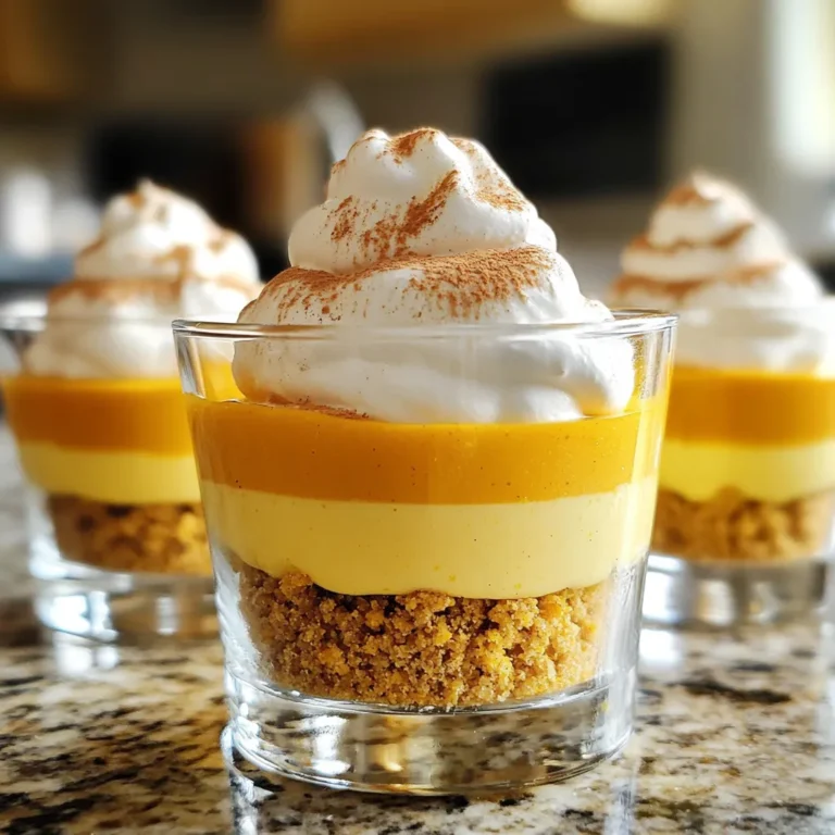 - 1 cup pumpkin puree - 8 oz cream cheese, softened - 1 cup heavy whipping cream - ½ cup powdered sugar - 1 teaspoon vanilla extract - 1 teaspoon pumpkin pie spice - ½ teaspoon ground cinnamon - 1 cup crushed graham crackers - 2 tablespoons unsalted butter, melted - Whipped cream, for garnish - Ground cinnamon, for garnish If you want to swap ingredients, here are some ideas: - Use Greek yogurt instead of cream cheese for a tangy twist. - Replace heavy cream with coconut cream for a dairy-free option. - Maple syrup can take the place of powdered sugar for a more natural sweetness. - Any cookie crumb can replace graham crackers, like Oreos or digestive biscuits. To make your mousse cups even more special, consider these garnishes: - Top with candy corn or mini pumpkins for a festive feel. - Drizzle caramel sauce for added sweetness and a lovely look. - Chopped nuts, like pecans, add nice crunch and flavor. - Fresh mint leaves can brighten up the presentation. To start, grab a medium bowl. Beat the softened cream cheese with an electric mixer. Mix until it is smooth, about 2-3 minutes. Next, add the pumpkin puree, powdered sugar, vanilla extract, pumpkin pie spice, and ground cinnamon. Mix on medium speed until there are no lumps. In another bowl, pour in the heavy cream. Beat it until stiff peaks form, which takes about 4-5 minutes. Be gentle when you fold the whipped cream into the pumpkin mixture. This keeps the mousse light and fluffy. Now it's time to layer your cups. In a new bowl, combine crushed graham crackers and melted butter. Mix until the crumbs look sandy. Spoon a layer of the graham cracker mix into the bottom of each cup. This creates a strong base. Then add a layer of pumpkin cheesecake mousse over the crumbs. Repeat these layers, finishing with a nice layer of mousse on top. Cover your mousse cups with plastic wrap. Chill them in the fridge for at least 2 hours. This helps the mousse set and flavors blend well. When you are ready to serve, take them out and add a dollop of whipped cream on top. Sprinkle a little ground cinnamon for flair. Enjoy your delicious pumpkin cheesecake mousse cups! To get a smooth cream cheese mixture, start with soft cream cheese. Leave it at room temperature for about 30 minutes. This helps it blend well. Use an electric mixer on medium speed. Beat it for 2-3 minutes until creamy. Add the pumpkin puree slowly. Mix well with powdered sugar, vanilla, pumpkin pie spice, and cinnamon. This helps to avoid lumps and gives a nice texture. For the best whipped cream, use cold heavy cream. Chill your mixing bowl and whisk for extra fluffiness. Start mixing on low speed then increase to high. Beat until stiff peaks form, which takes about 4-5 minutes. Be careful not to over-whip. If the cream looks grainy, it’s done. Gently fold the whipped cream into the pumpkin mixture. This keeps it light and airy. Layering makes your mousse cups look great. Start with a layer of the graham cracker mix at the bottom. Use about a tablespoon for each cup. Then add a layer of the pumpkin mousse. Repeat these layers, finishing with mousse on top. For a fun touch, top with whipped cream and a sprinkle of cinnamon. You can also add candy corn or mini pumpkins for a festive look. Use clear cups to show off those beautiful layers! {{image_4}} You can switch up the flavors in many fun ways. Try using sweet potato puree instead of pumpkin. This will give your mousse a different taste. You might also mix in chocolate or caramel for a rich twist. Adding maple syrup can create a warm, cozy flavor. For a tangy kick, mix in a bit of lemon juice. Each change brings its own special charm to the mousse. If you want a gluten-free version, use gluten-free graham crackers. They provide the same crunch without the gluten. For a vegan option, swap cream cheese for a vegan cream cheese. Use coconut cream in place of heavy cream for a rich texture. Maple syrup can replace powdered sugar for natural sweetness. These options let everyone enjoy this tasty dessert. Serve these mousse cups in clear glasses. This way, guests can see the lovely layers. You could also add a sprinkle of nuts for crunch. Fresh fruit like berries or sliced bananas makes a bright addition. If you’re feeling festive, use candy corn or mini pumpkins for fun decor. Each serving becomes a delightful treat that looks as good as it tastes. To keep your pumpkin cheesecake mousse cups fresh, store them in the fridge. Place them in an airtight container or cover them with plastic wrap. This will prevent them from absorbing other smells in the fridge. The mousse needs to stay cool to keep its texture light and fluffy. When stored properly, your mousse cups will last about 3 to 4 days. After this time, the texture may change, and the flavors might fade. Always check for any signs of spoilage before enjoying. If you notice any changes, it’s best to toss them to stay safe. You can freeze the mousse cups if you want to keep them longer. However, the texture might change once thawed. To freeze, place them in a freezer-safe container. Make sure to seal them well. They can stay in the freezer for up to a month. When you’re ready to enjoy them, let them thaw in the fridge overnight. Avoid refreezing after thawing to maintain quality. Yes, you can use fresh pumpkin. Just cook the pumpkin first. Peel, seed, and cube it. Boil or roast until soft. Then, mash it to create puree. This gives a fresh taste to your mousse. To reduce the sweetness, cut down on powdered sugar. Start with half the amount. You can also add a pinch of salt. This balance will enhance flavors without making it too sweet. Yes, you can make these cups ahead of time. Just prepare and layer them as directed. Store them in the fridge for up to two days. This lets the flavors blend well. If you need a substitute, try digestive biscuits or vanilla wafers. For a gluten-free option, use crushed gluten-free cookies. These will still give you a tasty base for your mousse cups. This blog post covered all you need to know about making delicious mousse cups. We explored the key ingredients, discussed helpful tips, and offered great variations. You learned how to prepare and assemble your mousse, along with the best ways to store it. I hope these ideas spark your creativity and make your dessert fun! Enjoy trying new flavors and impressing guests with your tasty treats. Remember, with the right methods and practice, you can create a dessert everyone will love.