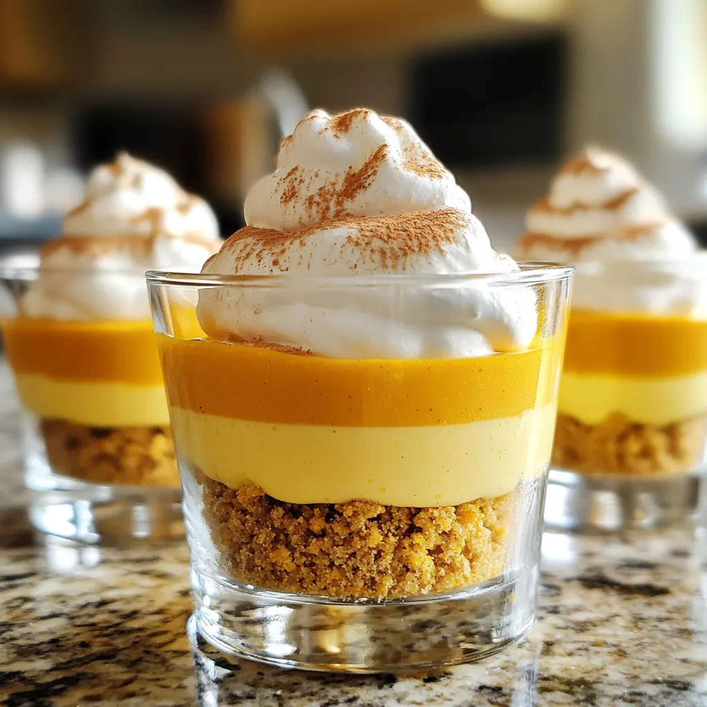 - 1 cup pumpkin puree - 8 oz cream cheese, softened - 1 cup heavy whipping cream - ½ cup powdered sugar - 1 teaspoon vanilla extract - 1 teaspoon pumpkin pie spice - ½ teaspoon ground cinnamon - 1 cup crushed graham crackers - 2 tablespoons unsalted butter, melted - Whipped cream, for garnish - Ground cinnamon, for garnish If you want to swap ingredients, here are some ideas: - Use Greek yogurt instead of cream cheese for a tangy twist. - Replace heavy cream with coconut cream for a dairy-free option. - Maple syrup can take the place of powdered sugar for a more natural sweetness. - Any cookie crumb can replace graham crackers, like Oreos or digestive biscuits. To make your mousse cups even more special, consider these garnishes: - Top with candy corn or mini pumpkins for a festive feel. - Drizzle caramel sauce for added sweetness and a lovely look. - Chopped nuts, like pecans, add nice crunch and flavor. - Fresh mint leaves can brighten up the presentation. To start, grab a medium bowl. Beat the softened cream cheese with an electric mixer. Mix until it is smooth, about 2-3 minutes. Next, add the pumpkin puree, powdered sugar, vanilla extract, pumpkin pie spice, and ground cinnamon. Mix on medium speed until there are no lumps. In another bowl, pour in the heavy cream. Beat it until stiff peaks form, which takes about 4-5 minutes. Be gentle when you fold the whipped cream into the pumpkin mixture. This keeps the mousse light and fluffy. Now it's time to layer your cups. In a new bowl, combine crushed graham crackers and melted butter. Mix until the crumbs look sandy. Spoon a layer of the graham cracker mix into the bottom of each cup. This creates a strong base. Then add a layer of pumpkin cheesecake mousse over the crumbs. Repeat these layers, finishing with a nice layer of mousse on top. Cover your mousse cups with plastic wrap. Chill them in the fridge for at least 2 hours. This helps the mousse set and flavors blend well. When you are ready to serve, take them out and add a dollop of whipped cream on top. Sprinkle a little ground cinnamon for flair. Enjoy your delicious pumpkin cheesecake mousse cups! To get a smooth cream cheese mixture, start with soft cream cheese. Leave it at room temperature for about 30 minutes. This helps it blend well. Use an electric mixer on medium speed. Beat it for 2-3 minutes until creamy. Add the pumpkin puree slowly. Mix well with powdered sugar, vanilla, pumpkin pie spice, and cinnamon. This helps to avoid lumps and gives a nice texture. For the best whipped cream, use cold heavy cream. Chill your mixing bowl and whisk for extra fluffiness. Start mixing on low speed then increase to high. Beat until stiff peaks form, which takes about 4-5 minutes. Be careful not to over-whip. If the cream looks grainy, it’s done. Gently fold the whipped cream into the pumpkin mixture. This keeps it light and airy. Layering makes your mousse cups look great. Start with a layer of the graham cracker mix at the bottom. Use about a tablespoon for each cup. Then add a layer of the pumpkin mousse. Repeat these layers, finishing with mousse on top. For a fun touch, top with whipped cream and a sprinkle of cinnamon. You can also add candy corn or mini pumpkins for a festive look. Use clear cups to show off those beautiful layers! {{image_4}} You can switch up the flavors in many fun ways. Try using sweet potato puree instead of pumpkin. This will give your mousse a different taste. You might also mix in chocolate or caramel for a rich twist. Adding maple syrup can create a warm, cozy flavor. For a tangy kick, mix in a bit of lemon juice. Each change brings its own special charm to the mousse. If you want a gluten-free version, use gluten-free graham crackers. They provide the same crunch without the gluten. For a vegan option, swap cream cheese for a vegan cream cheese. Use coconut cream in place of heavy cream for a rich texture. Maple syrup can replace powdered sugar for natural sweetness. These options let everyone enjoy this tasty dessert. Serve these mousse cups in clear glasses. This way, guests can see the lovely layers. You could also add a sprinkle of nuts for crunch. Fresh fruit like berries or sliced bananas makes a bright addition. If you’re feeling festive, use candy corn or mini pumpkins for fun decor. Each serving becomes a delightful treat that looks as good as it tastes. To keep your pumpkin cheesecake mousse cups fresh, store them in the fridge. Place them in an airtight container or cover them with plastic wrap. This will prevent them from absorbing other smells in the fridge. The mousse needs to stay cool to keep its texture light and fluffy. When stored properly, your mousse cups will last about 3 to 4 days. After this time, the texture may change, and the flavors might fade. Always check for any signs of spoilage before enjoying. If you notice any changes, it’s best to toss them to stay safe. You can freeze the mousse cups if you want to keep them longer. However, the texture might change once thawed. To freeze, place them in a freezer-safe container. Make sure to seal them well. They can stay in the freezer for up to a month. When you’re ready to enjoy them, let them thaw in the fridge overnight. Avoid refreezing after thawing to maintain quality. Yes, you can use fresh pumpkin. Just cook the pumpkin first. Peel, seed, and cube it. Boil or roast until soft. Then, mash it to create puree. This gives a fresh taste to your mousse. To reduce the sweetness, cut down on powdered sugar. Start with half the amount. You can also add a pinch of salt. This balance will enhance flavors without making it too sweet. Yes, you can make these cups ahead of time. Just prepare and layer them as directed. Store them in the fridge for up to two days. This lets the flavors blend well. If you need a substitute, try digestive biscuits or vanilla wafers. For a gluten-free option, use crushed gluten-free cookies. These will still give you a tasty base for your mousse cups. This blog post covered all you need to know about making delicious mousse cups. We explored the key ingredients, discussed helpful tips, and offered great variations. You learned how to prepare and assemble your mousse, along with the best ways to store it. I hope these ideas spark your creativity and make your dessert fun! Enjoy trying new flavors and impressing guests with your tasty treats. Remember, with the right methods and practice, you can create a dessert everyone will love.