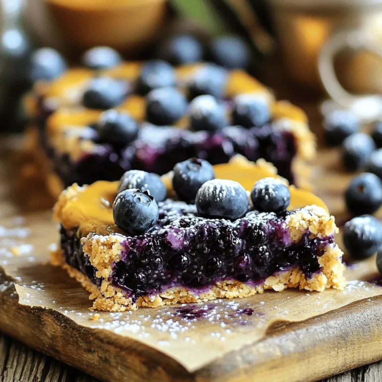 To make Blueberry Almond Chia Jam Bars, you need the following ingredients: - 1 cup rolled oats - 1 cup almond flour - 1/4 cup coconut oil, melted - 1/4 cup honey or maple syrup - 1/4 teaspoon salt - 1/2 teaspoon ground cinnamon - 1 cup fresh or frozen blueberries - 2 tablespoons chia seeds - 2 tablespoons water - 1 tablespoon fresh lemon juice - 1 tablespoon almond butter (for drizzling) These ingredients come together to create a healthy and tasty treat. The rolled oats and almond flour form a great base. Coconut oil and honey add a touch of sweetness. The blueberries provide a burst of flavor and nutrition. Chia seeds help thicken the jam and add healthy fiber. You can easily find these items at your local grocery store. If you want to make it vegan, use maple syrup instead of honey. For a nut-free option, you can swap almond flour for oat flour or sunflower seed flour. This ingredient list sets you up for a fun and rewarding cooking experience. Enjoy the process of making these delicious bars! First, set your oven to 350°F (175°C). Grab an 8x8 inch baking pan. Line it with parchment paper. Make sure to leave extra paper hanging over the sides. This makes it easy to lift the bars out later. In a big mixing bowl, combine these ingredients: - 1 cup rolled oats - 1 cup almond flour - 1/4 cup coconut oil, melted - 1/4 cup honey or maple syrup - 1/4 teaspoon salt - 1/2 teaspoon ground cinnamon Stir until everything mixes well and looks crumbly. In a small saucepan, warm your blueberries over medium heat. If using frozen berries, let them thaw first. Stir gently until they break down. Next, add: - 2 tablespoons chia seeds - 2 tablespoons water - 1 tablespoon fresh lemon juice Cook for 2-3 minutes until it thickens a bit. Then remove it from the heat and let it cool for a few minutes. Take about two-thirds of the oat mixture and press it into the bottom of the pan. This will be your crust. Pour the blueberry chia mix over the crust and spread it evenly. Sprinkle the reserved oat mixture on top. Press it down gently. Drizzle almond butter on top for extra flavor. Bake in the oven for 25-30 minutes. Look for a golden brown top and bubbling jam. Once baked, let the bars cool completely in the pan. Use the parchment overhang to lift them out. Slice into squares or bars as you like. Enjoy your tasty treat! To get a perfect crust, use equal parts rolled oats and almond flour. This mix gives a great balance. Be sure to press it firmly into the pan. This helps the crust hold its shape. If the crust is too crumbly, add a bit more coconut oil. This will help it stick together better. To thicken your blueberry chia mix, cook the blueberries gently. Use medium heat to warm them up. Stir in chia seeds and water once they soften. The chia seeds absorb water and swell, thickening the mixture. Add fresh lemon juice to brighten the flavor. Let it cool for a few minutes before pouring it over the crust. Drizzling almond butter adds a rich taste. It also gives a creamy texture to the bars. Use a spoon to drizzle the almond butter evenly. Focus on the top layer for a nice finish. This small touch makes a big difference in flavor. For a lovely presentation, serve the bars on a wooden board. This gives a rustic look. Add fresh blueberries on top for color. A light dusting of powdered sugar can make them look fancy. These small steps make your treats stand out and taste even better. {{image_4}} You can easily swap blueberries for other berries. Raspberries and strawberries work great. Just keep the same amount. Each berry gives a unique taste. Raspberries add a tangy kick, while strawberries are sweeter. Experiment and find your favorite! If you need a gluten-free option, use certified gluten-free oats. Almond flour is already gluten-free, so it fits perfectly. You can also try coconut flour if you want a different flavor. Just remember, coconut flour absorbs more liquid. So, you might need less of it. Adjust the liquid in your recipe to keep it moist. For a nut-free version, replace almond flour with sunflower seed flour. You can also use oat flour if you prefer. Both options keep your bars delicious and safe for those with nut allergies. If you skip the almond butter drizzle, try sun butter instead. It adds a nice creaminess without the nuts. To keep your Blueberry Almond Chia Jam Bars fresh, store them in an airtight container. Place parchment paper between layers to prevent sticking. They last well on the counter for up to three days. If you want them to stay fresh longer, refrigerate them. In the fridge, they can last up to a week. You can freeze these bars for up to three months. First, cut them into squares. Wrap each square tightly in plastic wrap. Then, place the wrapped bars in a freezer-safe bag or container. When you are ready to enjoy them, let them thaw in the fridge overnight. To enjoy these bars warm, preheat your oven to 350°F (175°C). Place the bars on a baking sheet. Heat for about 10 minutes, or until warm. You can also microwave them for 15-20 seconds. This warms them up without making them soggy. Yes, you can replace honey with maple syrup or agave nectar. These options keep the bars sweet. Both alternatives work well for flavor and texture. Adjust the amount if needed, but stick to 1/4 cup for best results. The bars are done when the top turns golden brown. You will also see the jam bubbling at the edges. A toothpick should come out clean when inserted into the center. If it has wet batter on it, bake for a few more minutes. Yes, these bars are perfect for meal prep. You can make them ahead and store them in the fridge. Cut them into squares for easy grabbing. They stay fresh and tasty for about five days. You can serve these bars with yogurt or a scoop of ice cream. They pair well with fresh fruit, like sliced strawberries or bananas. You might drizzle extra almond butter on top for a rich touch. Enjoy them with a cup of tea or coffee for a sweet treat! These Blueberry Almond Chia Jam Bars are simple to make and very tasty. We covered the key ingredients you need and detailed each step for easy baking. Following the tips can help you achieve the best texture and flavor. Feel free to try different berries or adjust for allergies. Proper storage keeps these bars fresh for you to enjoy later. Remember, they are great for meal prep or snacks. Get creative and have fun in the kitchen!