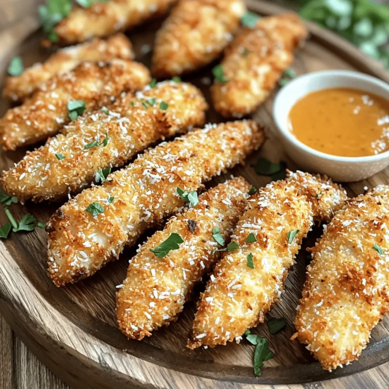 - 1 lb chicken breast, cut into uniform strips - 1 cup unsweetened shredded coconut - 1/2 cup panko breadcrumbs - 1/2 cup all-purpose flour - 2 large eggs, beaten - 1 teaspoon garlic powder - 1 teaspoon onion powder - 1 teaspoon smoked paprika - Salt and freshly ground black pepper to taste - Cooking spray - Air fryer - Mixing bowls and dredging station When making air fryer coconut chicken strips, focus on the right ingredients. Start with fresh chicken breast. Cutting it into even strips helps cook it all the same. Use unsweetened shredded coconut for that sweet crunch. Panko breadcrumbs add extra crispness to the coating. For flavor, garlic powder, onion powder, and smoked paprika are key. They bring out the best in the chicken. Don't forget salt and pepper to taste. Cooking spray is vital too. It ensures the strips cook without sticking. You will need an air fryer for this recipe. Set up a simple dredging station with mixing bowls. This makes breading easy. Remember, the right setup leads to the best results! Cutting the Chicken Strips Start by slicing the chicken breast into even strips. Aim for strips that are about 1 inch wide. Uniform strips cook evenly and give great results. Marinating the Chicken with Seasoning In a bowl, mix salt, pepper, garlic powder, onion powder, and smoked paprika. Generously coat the chicken strips with this mix. Let the chicken sit for about 15 minutes. This time allows the flavors to soak in. Assembly Line for Breading Create a simple three-bowl setup. In the first bowl, add all-purpose flour. The second bowl holds the beaten eggs. In the third bowl, mix the shredded coconut with panko breadcrumbs. This setup makes the breading process smooth and quick. Dredging and Coating Process First, take a chicken strip and dredge it in flour. Shake off any extra flour. Next, dip it in the beaten eggs, ensuring full coverage. Finally, press the strip into the coconut-breadcrumb mix. Make sure it’s well-coated. Place the breaded strips on a tray and repeat until all strips are covered. Preheating the Air Fryer Set your air fryer to 375°F (190°C) and let it preheat for about 5 minutes. This step is key for getting that crispy texture. Cooking Time and Temperature Lightly spray the air fryer basket with cooking spray to prevent sticking. Arrange the breaded chicken strips in a single layer. Leave space between the strips for even cooking. Lightly spray the tops of the strips too for extra crispiness. Flipping the Strips for Even Cooking Air fry the chicken strips for 10-12 minutes. Flip them halfway through cooking. This ensures both sides become golden and crispy. Check that they reach an internal temperature of 165°F (74°C) when done. Enjoy your crispy coconut chicken! Panko breadcrumbs are key for a crunchy coating. They are lighter than regular breadcrumbs. This gives your coconut chicken strips a nice texture. Make sure to press the chicken strips into the panko mixture well. This helps them stick better and fry up crispy. Using cooking spray is also important. It helps to brown the coating evenly. A light spray on the chicken strips before cooking makes a big difference. It ensures they become golden and crunchy without using too much oil. You can add more flavor to your coconut chicken strips. Try adding a pinch of cayenne pepper for heat. You can also mix in a bit of lime zest for a fresh taste. These small tweaks can really boost the flavors. For dipping sauces, consider sweet chili sauce or mango salsa. Both pair great with the coconut flavor. They add a sweet and tangy touch that complements the dish. Serve them on the side for extra enjoyment. Avoid overcrowding your air fryer. Cook in batches if necessary. This allows hot air to circulate around each strip. The result is even cooking and crispiness. When cooking in batches, keep an eye on the time. You may need to adjust for larger amounts. Flip the chicken strips halfway through. This ensures each side gets that perfect golden color. {{image_4}} For a gluten-free twist, you can easily swap out the flour and breadcrumbs. - Substituting with Gluten-Free Flour: Use a gluten-free flour blend instead of all-purpose flour. This keeps the texture while making it safe for those with gluten sensitivity. - Using Gluten-Free Breadcrumbs: Look for gluten-free panko or traditional breadcrumbs. They will provide the same crunch and flavor without any gluten. You can make these chicken strips even more exciting with simple additions. - Adding Spices for Different Profiles: Try adding cayenne for heat or cumin for a warm taste. A dash of curry powder can give a fun twist too. Get creative and mix spices you love! - Sweet Coconut Variation with Honey: For a sweet touch, drizzle honey over the coconut before coating the chicken. This will give a caramelized flavor when cooked. It’s a great option for those who enjoy a sweet and savory mix. How you serve these chicken strips can elevate the meal. - Pairing with Salads or Sides: Serve them with a fresh salad or coleslaw for a crunch. You can also add them to wraps for a tasty lunch. - Creative Plating Ideas: Arrange the strips in a fan shape on a platter. Garnish with lime wedges and fresh herbs like cilantro. This adds color and makes the dish eye-catching. To keep your coconut chicken strips fresh, place them in an airtight container. This method prevents moisture loss and keeps them crispy. Store them in the fridge within two hours of cooking. They stay good for up to 3 days. If you want them to last longer, consider freezing. To keep the strips crispy when reheating, use the air fryer. Set it to 375°F (190°C). Place the strips in the basket in a single layer. Heat for about 5-7 minutes. This method revives the crunchiness you love. You can also use an oven at the same temperature for about 10 minutes. To freeze cooked chicken strips, let them cool completely first. Arrange them in a single layer on a baking sheet and freeze for about an hour. Once frozen, transfer them to a freezer-safe bag. They can stay in the freezer for up to 3 months. For thawing, move them to the fridge overnight. Reheat them using the air fryer or oven for best results. Cook chicken strips in an air fryer for 10-12 minutes. Set the temperature to 375°F (190°C). This time ensures they cook through and get crispy. Flip the strips halfway to get an even brown color. Check that they reach 165°F (74°C) inside for safety. Yes, you can use chicken thighs instead of chicken breast. Thighs are juicier and have more flavor. Cut them into strips just like the breast. The cooking time may stay the same, but check their internal temperature to be sure. Many sauces pair well with coconut chicken strips. Here are some popular choices: - Sweet chili sauce - Mango salsa - Honey mustard - Barbecue sauce - Ranch dressing These sauces add extra flavor and make your meal even more fun! Coconut chicken strips are easy to make and taste great. We covered key ingredients like chicken breast, shredded coconut, and panko breadcrumbs. You learned how to prepare, bread, and air fry them for the best results. Tips for crispiness and tasty variations add even more fun. Now, you can enjoy your homemade coconut chicken strips. Share them with friends or try new flavors. Remember to store leftovers properly and reheat them for that perfect crunch. Enjoy your cooking journey!