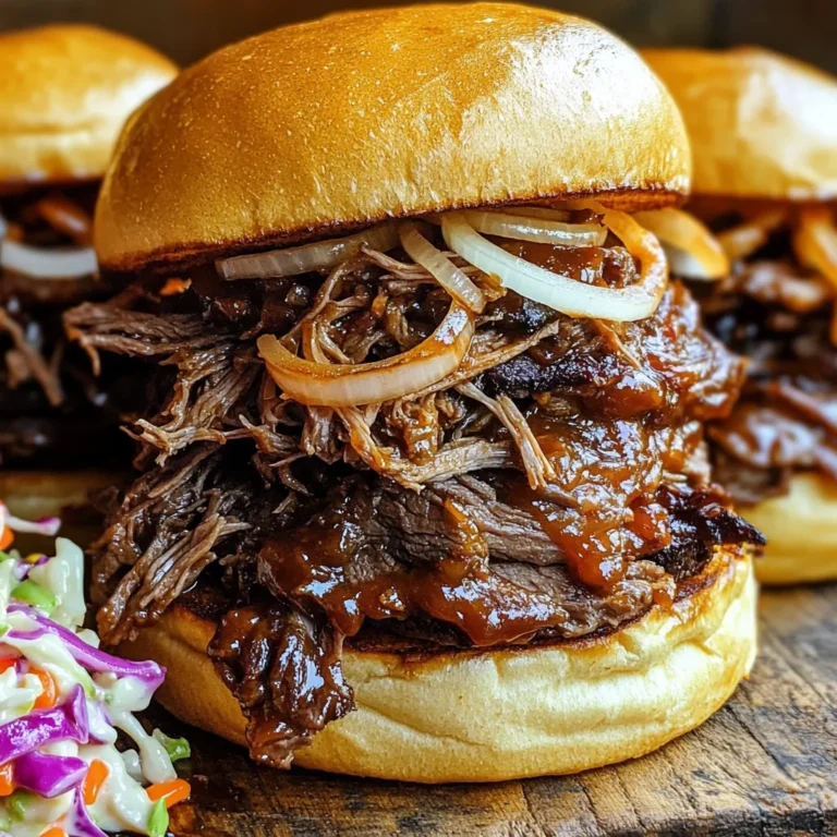 - 3-4 pounds beef chuck roast - 1 cup beef broth - 1 medium onion, finely chopped - 4 cloves garlic, minced - 1 cup barbecue sauce (your favorite brand) - 1 tablespoon brown sugar - 1 tablespoon Worcestershire sauce - 2 teaspoons smoked paprika - 1 teaspoon chili powder - 1/2 teaspoon black pepper - 1/2 teaspoon salt - 8 hamburger buns - Coleslaw (optional for topping) When cooking BBQ pulled beef, precise measurements matter. Use 3-4 pounds of beef. This cut has enough fat to keep the meat juicy. One cup of beef broth adds moisture. A medium onion and four cloves of garlic enhance the flavor. For the sauce, one cup of your favorite barbecue sauce gives the dish its signature taste. Brown sugar and Worcestershire sauce add depth and sweetness. Two teaspoons of smoked paprika provide a lovely smokiness. One teaspoon of chili powder adds warmth. Use half a teaspoon each of black pepper and salt to balance the flavors. To elevate your pulled beef, consider a few flavor enhancers. The brown sugar caramelizes as it cooks, adding a sweet touch. Worcestershire sauce brings umami and tang. Smoked paprika adds a rich, smoky flavor that pairs perfectly with beef. For a spicy kick, increase the chili powder to suit your taste. If you love garlic, adding a few more cloves can boost the aroma. Lastly, if you choose to add coleslaw on top, it adds crunch and freshness to the sandwich. Enjoy creating your flavor-packed BBQ pulled beef sandwiches! Start by seasoning the beef chuck roast. Take a small bowl and mix salt, black pepper, smoked paprika, and chili powder. Rub this spice mix all over the roast. Make sure every part is covered well. This step adds lots of flavor. Next, prepare your slow cooker. Sprinkle the finely chopped onion and minced garlic at the bottom. This creates a nice base for your beef. The onion and garlic add great aroma while cooking. Then, layer the seasoned beef roast on top of the onions and garlic. This placement allows the meat to soak up all the flavors. In another bowl, mix beef broth, barbecue sauce, brown sugar, and Worcestershire sauce. Whisk them together until smooth. Pour this sauce over the roast in the slow cooker. Make sure the roast is well moistened. Cover the slow cooker with its lid. Set it to low heat and let it cook for 8-10 hours. The beef should become very tender. After cooking, remove the roast carefully and shred it with two forks. Return the shredded beef to the slow cooker and stir it into the sauce. Let it warm for about 30 minutes. Now, it’s time to assemble your sandwiches! Take a hamburger bun and pile on the pulled beef. If you like, add some coleslaw for extra crunch. Enjoy your BBQ pulled beef sandwich! To make BBQ pulled beef shine, seasoning is key. Start with a blend of salt, black pepper, smoked paprika, and chili powder. This mix gives the beef a warm, smoky taste. You can adjust the spices to your liking. For a kick, add a pinch of cayenne. For sweetness, a bit more brown sugar works wonders. For tender pulled beef, choose a chuck roast. This cut has fat, which melts during cooking. The slow cooker helps break down tough fibers. Cook on low heat for 8-10 hours. That long cook time helps the beef become soft and easy to shred. When it’s done, it should pull apart with little effort. Avoid skipping the seasoning. A well-seasoned roast makes a big difference in flavor. Don’t rush the cooking time; cooking too fast can lead to tough meat. Also, ensure you cover the slow cooker. This keeps moisture in and helps the beef cook evenly. Lastly, resist the urge to open the lid often. Each time you peek, heat escapes and can extend cooking time. {{image_4}} You can switch up the BBQ sauce to change the taste. Try a spicy sauce for heat. A sweet sauce adds a nice twist. You might enjoy a mustard-based sauce for a tangy kick. If you like smoky flavors, look for a chipotle BBQ sauce. Feel free to experiment with homemade sauces too. Mixing a bit of honey or maple syrup can enhance sweetness. The slow cooker is great, but other methods work too. You can use an Instant Pot for faster cooking. Cook the beef under pressure for about 60-90 minutes. If you prefer grilling, you can also cook the beef on a smoker. This method gives a nice smoky taste. Just remember to wrap it in foil to keep it moist. Serving your BBQ pulled beef can be fun. Try it on cornbread instead of buns for a Southern twist. You can also serve it in tacos or lettuce wraps for a lighter option. Adding pickles or jalapeños gives extra flavor. For a complete meal, pair it with baked beans or coleslaw. Don’t forget to top it with fresh herbs, like cilantro, for a pop of color. After you make BBQ pulled beef sandwiches, let any leftovers cool down. Place the beef in an airtight container. Store it in the fridge for up to three days. When you want to eat it again, just check for any off smells or colors before serving. If you want to keep the pulled beef longer, freezing is a great option. First, let the beef cool completely. Then, package it in freezer-safe bags or containers. Make sure to remove as much air as possible. You can freeze the beef for up to three months. Remember to label the bags with the date, so you know when to use it. To reheat, take the pulled beef out of the fridge or freezer. If frozen, let it thaw overnight in the fridge. For heating, use a pot on low heat. Stir in a little beef broth or barbecue sauce to keep it moist. You can also use the microwave. Heat in short bursts, stirring in between, until it's hot all the way through. Enjoy your tasty pulled beef sandwiches again! You should cook pulled beef in the slow cooker for 8 to 10 hours on low heat. This long cooking time helps the beef become very tender. Check it after 8 hours. If a fork goes in easily, it's ready to shred. If not, let it cook longer. The beef should pull apart with no effort. Yes, you can use other cuts of meat. While beef chuck roast works best, brisket, round, or even pork can be good options. Each cut will give a slightly different taste and texture. Just make sure it has some fat to keep it moist during cooking. Many side dishes go great with BBQ pulled beef sandwiches. Here are a few ideas: - Coleslaw for crunch - Potato salad for creaminess - Baked beans for a sweet touch - Corn on the cob for a fresh bite - Sweet potato fries for a twist These sides complement the flavors of the pulled beef and create a hearty meal. Enjoy your cooking! This post covered key steps for making pulled beef in a slow cooker. We talked about ingredients, preparation, cooking, and even tips for perfect texture. You learned about meat variations and delicious serving ideas. Remember to follow the right storage tips for leftovers to enjoy later. Cooking should be fun and tasty. With these methods, you can create a dish that delights everyone. Enjoy your cooking journey and savor every bite!