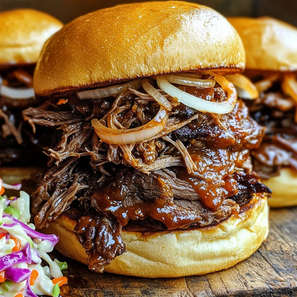 - 3-4 pounds beef chuck roast - 1 cup beef broth - 1 medium onion, finely chopped - 4 cloves garlic, minced - 1 cup barbecue sauce (your favorite brand) - 1 tablespoon brown sugar - 1 tablespoon Worcestershire sauce - 2 teaspoons smoked paprika - 1 teaspoon chili powder - 1/2 teaspoon black pepper - 1/2 teaspoon salt - 8 hamburger buns - Coleslaw (optional for topping) When cooking BBQ pulled beef, precise measurements matter. Use 3-4 pounds of beef. This cut has enough fat to keep the meat juicy. One cup of beef broth adds moisture. A medium onion and four cloves of garlic enhance the flavor. For the sauce, one cup of your favorite barbecue sauce gives the dish its signature taste. Brown sugar and Worcestershire sauce add depth and sweetness. Two teaspoons of smoked paprika provide a lovely smokiness. One teaspoon of chili powder adds warmth. Use half a teaspoon each of black pepper and salt to balance the flavors. To elevate your pulled beef, consider a few flavor enhancers. The brown sugar caramelizes as it cooks, adding a sweet touch. Worcestershire sauce brings umami and tang. Smoked paprika adds a rich, smoky flavor that pairs perfectly with beef. For a spicy kick, increase the chili powder to suit your taste. If you love garlic, adding a few more cloves can boost the aroma. Lastly, if you choose to add coleslaw on top, it adds crunch and freshness to the sandwich. Enjoy creating your flavor-packed BBQ pulled beef sandwiches! Start by seasoning the beef chuck roast. Take a small bowl and mix salt, black pepper, smoked paprika, and chili powder. Rub this spice mix all over the roast. Make sure every part is covered well. This step adds lots of flavor. Next, prepare your slow cooker. Sprinkle the finely chopped onion and minced garlic at the bottom. This creates a nice base for your beef. The onion and garlic add great aroma while cooking. Then, layer the seasoned beef roast on top of the onions and garlic. This placement allows the meat to soak up all the flavors. In another bowl, mix beef broth, barbecue sauce, brown sugar, and Worcestershire sauce. Whisk them together until smooth. Pour this sauce over the roast in the slow cooker. Make sure the roast is well moistened. Cover the slow cooker with its lid. Set it to low heat and let it cook for 8-10 hours. The beef should become very tender. After cooking, remove the roast carefully and shred it with two forks. Return the shredded beef to the slow cooker and stir it into the sauce. Let it warm for about 30 minutes. Now, it’s time to assemble your sandwiches! Take a hamburger bun and pile on the pulled beef. If you like, add some coleslaw for extra crunch. Enjoy your BBQ pulled beef sandwich! To make BBQ pulled beef shine, seasoning is key. Start with a blend of salt, black pepper, smoked paprika, and chili powder. This mix gives the beef a warm, smoky taste. You can adjust the spices to your liking. For a kick, add a pinch of cayenne. For sweetness, a bit more brown sugar works wonders. For tender pulled beef, choose a chuck roast. This cut has fat, which melts during cooking. The slow cooker helps break down tough fibers. Cook on low heat for 8-10 hours. That long cook time helps the beef become soft and easy to shred. When it’s done, it should pull apart with little effort. Avoid skipping the seasoning. A well-seasoned roast makes a big difference in flavor. Don’t rush the cooking time; cooking too fast can lead to tough meat. Also, ensure you cover the slow cooker. This keeps moisture in and helps the beef cook evenly. Lastly, resist the urge to open the lid often. Each time you peek, heat escapes and can extend cooking time. {{image_4}} You can switch up the BBQ sauce to change the taste. Try a spicy sauce for heat. A sweet sauce adds a nice twist. You might enjoy a mustard-based sauce for a tangy kick. If you like smoky flavors, look for a chipotle BBQ sauce. Feel free to experiment with homemade sauces too. Mixing a bit of honey or maple syrup can enhance sweetness. The slow cooker is great, but other methods work too. You can use an Instant Pot for faster cooking. Cook the beef under pressure for about 60-90 minutes. If you prefer grilling, you can also cook the beef on a smoker. This method gives a nice smoky taste. Just remember to wrap it in foil to keep it moist. Serving your BBQ pulled beef can be fun. Try it on cornbread instead of buns for a Southern twist. You can also serve it in tacos or lettuce wraps for a lighter option. Adding pickles or jalapeños gives extra flavor. For a complete meal, pair it with baked beans or coleslaw. Don’t forget to top it with fresh herbs, like cilantro, for a pop of color. After you make BBQ pulled beef sandwiches, let any leftovers cool down. Place the beef in an airtight container. Store it in the fridge for up to three days. When you want to eat it again, just check for any off smells or colors before serving. If you want to keep the pulled beef longer, freezing is a great option. First, let the beef cool completely. Then, package it in freezer-safe bags or containers. Make sure to remove as much air as possible. You can freeze the beef for up to three months. Remember to label the bags with the date, so you know when to use it. To reheat, take the pulled beef out of the fridge or freezer. If frozen, let it thaw overnight in the fridge. For heating, use a pot on low heat. Stir in a little beef broth or barbecue sauce to keep it moist. You can also use the microwave. Heat in short bursts, stirring in between, until it's hot all the way through. Enjoy your tasty pulled beef sandwiches again! You should cook pulled beef in the slow cooker for 8 to 10 hours on low heat. This long cooking time helps the beef become very tender. Check it after 8 hours. If a fork goes in easily, it's ready to shred. If not, let it cook longer. The beef should pull apart with no effort. Yes, you can use other cuts of meat. While beef chuck roast works best, brisket, round, or even pork can be good options. Each cut will give a slightly different taste and texture. Just make sure it has some fat to keep it moist during cooking. Many side dishes go great with BBQ pulled beef sandwiches. Here are a few ideas: - Coleslaw for crunch - Potato salad for creaminess - Baked beans for a sweet touch - Corn on the cob for a fresh bite - Sweet potato fries for a twist These sides complement the flavors of the pulled beef and create a hearty meal. Enjoy your cooking! This post covered key steps for making pulled beef in a slow cooker. We talked about ingredients, preparation, cooking, and even tips for perfect texture. You learned about meat variations and delicious serving ideas. Remember to follow the right storage tips for leftovers to enjoy later. Cooking should be fun and tasty. With these methods, you can create a dish that delights everyone. Enjoy your cooking journey and savor every bite!