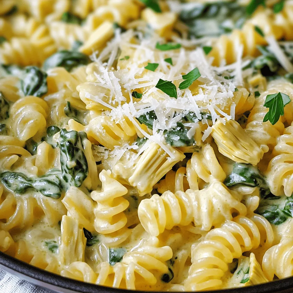 For this creamy spinach artichoke pasta, you will need: - 12 oz (340g) pasta of choice - 1 can (14 oz) artichoke hearts, drained and chopped - 3 cups fresh spinach, roughly chopped - 1 cup cream cheese, softened - 1 cup vegetable broth - 1 cup grated Parmesan cheese - 2 cloves garlic, minced - 1 teaspoon onion powder - ½ teaspoon red pepper flakes (optional) - Salt and black pepper, to taste - 2 tablespoons olive oil - Fresh parsley or basil, chopped, for garnish I recommend using penne, fusilli, or rotini. These shapes hold sauce well. They grab the creamy sauce with every bite. This makes each mouthful a delight. You can also try spaghetti for a classic twist, but the shapes above work best with the sauce. To make your dish even tastier, consider these add-ins: - Mushrooms: Sautéed mushrooms add a rich, earthy flavor. - Sun-dried tomatoes: Their tangy taste brightens the dish. - Grilled chicken or shrimp: Adding protein makes it a full meal. - Lemon zest: A sprinkle can bring a fresh zing. - Nuts: Toasted pine nuts or walnuts add a nice crunch. Feel free to mix and match these options to create your perfect dish! Start by heating 2 tablespoons of olive oil in a large pot over medium heat. Once the oil is hot, add 2 cloves of minced garlic. Sauté the garlic for about 1 minute until it smells great but does not brown. Next, add 1 can of chopped artichoke hearts and 3 cups of roughly chopped fresh spinach. Stir these together for about 2-3 minutes until the spinach wilts down nicely. After the spinach has wilted, it's time to add the star of the dish: 12 ounces of pasta. Pour in 1 cup of vegetable broth and sprinkle in 1 teaspoon of onion powder. Mix everything well. Turn up the heat slightly until the mixture starts to boil gently. Once it boils, lower the heat to a simmer. Cover the pot and cook for about 10-12 minutes. Stir occasionally until the pasta is tender and absorbs most of the liquid. When the pasta is cooked, lower the heat again. Add 1 cup of softened cream cheese and 1 cup of grated Parmesan cheese. Stir until both cheeses melt and create a creamy sauce. If the sauce is too thick, add a splash of water or more broth to get the right consistency. Season the dish with salt, black pepper, and optional red pepper flakes for a bit of heat. Let it rest for a few minutes to let the flavors mix well. To get that smooth, creamy sauce, start with softened cream cheese. Mix it well with the hot pasta. The heat helps it melt nicely. If the sauce feels too thick, add more vegetable broth. This will give you that rich, velvety finish. Stir continuously to blend everything, and you will see magic happen! Store any leftovers in an airtight container. This keeps it fresh for up to three days. When you’re ready to eat, reheat it on the stove. Add a splash of broth or water while warming it up. This helps bring back the creaminess. Stir gently to blend the sauce again. Don’t skip the sautéing step for the garlic. This step adds a lot of flavor. Avoid overcooking the pasta, too. It should be al dente, or firm to the bite. If you add too much salt too early, it can ruin the dish. Taste as you go, and adjust seasonings at the end. {{image_4}} If you want to keep it vegetarian, you can swap the cream cheese for a plant-based option. Look for vegan cream cheese in stores. It gives the same creamy feel. You can also add more veggies. Try bell peppers, zucchini, or mushrooms to boost flavor. Sauté them with garlic. This adds great taste and color. For a heartier meal, consider adding protein. Grilled chicken works great. Cook it in the pot before adding the other ingredients. Shrimp is another tasty option. Add it in the last few minutes of cooking. For a vegetarian source, use chickpeas or lentils. They add protein and make the dish more filling. If you need a gluten-free option, choose gluten-free pasta. Many brands offer tasty varieties like rice or quinoa pasta. Just be sure to check the cooking times. They often cook faster than regular pasta. This keeps your dish creamy and prevents it from getting mushy. Enjoy the same great taste without the gluten! After making One-Pot Creamy Spinach Artichoke Pasta, let it cool down first. Place it in an airtight container. It stays fresh in the fridge for up to three days. Keep it in a portioned way if you want to enjoy it later. This helps you take out just what you need. If you want to save it longer, freezing works too. Divide the pasta into smaller portions. Use freezer-safe containers or bags. Squeeze out the air before sealing. You can freeze it for up to two months. When you’re ready to eat, thaw it in the fridge overnight. To reheat, use a pot on the stove over low heat. Add a splash of vegetable broth or water. Stir often until heated through. You can also use the microwave. Put it in a microwave-safe bowl and cover it with a lid. Heat in short bursts, stirring in between. This keeps it creamy and tasty. If you need a cream cheese substitute, you have options. You can use Greek yogurt for a tangy flavor. Sour cream also works well and adds creaminess. For a dairy-free choice, try cashew cream. Blend soaked cashews with water until smooth. This gives a rich texture similar to cream cheese. Yes, you can use frozen spinach! It is a great time saver. Just make sure to thaw and drain it well before adding it to the pot. Frozen spinach has a softer texture, so it will mix well into the pasta. This swap keeps your dish quick and easy. To add spice, include more red pepper flakes. Start with one teaspoon and adjust to your taste. You can also add sliced jalapeños or a dash of hot sauce. For a smoky flavor, try smoked paprika. These options will give your dish a nice kick without overwhelming it. You have learned about the key ingredients and steps to make a creamy pasta dish. We covered choices for pasta, flavor add-ins, and expert tips to avoid common mistakes. Consider variations to suit your taste, and remember the best ways to store and reheat. Now, you can create a delicious meal with confidence. Enjoy cooking and share your tasty results!
