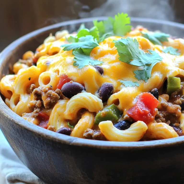 - 2 cups elbow macaroni - 1 lb ground turkey or ground beef - 1 can (15 oz) black beans, rinsed and drained - 1 can (15 oz) kidney beans, rinsed and drained These main ingredients form the heart of your chili mac and cheese. The elbow macaroni provides a fun shape and a base to soak up flavors. Ground turkey or beef adds protein and richness. Black beans and kidney beans bump up the fiber and give extra texture. - 1 can (15 oz) diced tomatoes with green chilies - 1 can (15 oz) tomato sauce - 2 cups beef broth or vegetable broth - 1 tablespoon chili powder - 1 teaspoon ground cumin - 1 teaspoon garlic powder - 1 teaspoon onion powder - 1 teaspoon smoked paprika Using pantry staples makes this dish easy to prepare. The diced tomatoes with green chilies give a zesty kick. Tomato sauce adds depth, while broth keeps everything moist. The spices bring warmth and flavor, creating a balanced chili taste. - 1 cup shredded sharp cheddar cheese - 1 cup shredded mozzarella cheese - Fresh cilantro leaves, for garnishing Cheese is what makes this dish creamy and indulgent. Sharp cheddar packs a punch, while mozzarella adds stretch. Garnishing with fresh cilantro gives a pop of color and freshness, enhancing the overall dish. These ingredients work together to create a comforting bowl of chili mac and cheese that warms both the heart and belly. First, I cook the ground turkey or beef. I heat a skillet over medium heat. Then, I add the meat and break it apart with a spatula. I cook it until it turns brown and is fully cooked, about 7 to 10 minutes. Next, I drain any excess fat from the skillet. After that, I transfer the browned meat to the slow cooker. In the slow cooker, I add the ingredients. I start with 2 cups of elbow macaroni. Then, I add the black beans and kidney beans. I make sure to rinse and drain them first. After that, I mix in the diced tomatoes with their juice and the tomato sauce. Finally, I pour in 2 cups of beef or vegetable broth. Next, I season the dish. I sprinkle in 1 tablespoon of chili powder, 1 teaspoon of ground cumin, and 1 teaspoon each of garlic powder and onion powder. I also add 1 teaspoon of smoked paprika and a pinch of salt and black pepper. Then, I stir everything well to mix the spices evenly. Now, I cover the slow cooker with its lid. I can cook on high for 2 to 3 hours or on low for 4 to 5 hours. I check for tenderness about 30 minutes before the end. The macaroni should be soft but not mushy. About 30 minutes before serving, I add the cheese. I carefully stir in 1 cup of shredded sharp cheddar and 1 cup of shredded mozzarella. I mix thoroughly to ensure the cheeses melt and create that creamy texture. When cooking is done, I taste the chili mac for seasoning. If needed, I adjust with more salt and black pepper. To serve, I ladle the chili mac into bowls. I love garnishing each bowl with fresh cilantro leaves for color and flavor. To get the best flavor, cook your meat well. Brown it fully before adding it to the slow cooker. This step adds depth to your dish. Always taste your chili mac before serving. This way, you can adjust the salt and pepper to your liking. For spice lovers, consider adding jalapeños or hot sauce to kick things up a notch. You can also reduce the chili powder for a milder taste. Cleaning your slow cooker is simple. After it cools, wash the pot with warm, soapy water. Avoid using steel wool; it can scratch the surface. For leftovers, store them in an airtight container. This keeps your chili mac fresh in the fridge. If you want to keep it longer, freeze it in portions. Just thaw it in the fridge overnight before reheating. Want to elevate your chili mac? Try adding bell peppers or corn for extra sweetness. You can also mix in spices like oregano or thyme for a unique twist. Pair your chili mac with crusty bread or cornbread for a complete meal. A side salad can add a refreshing crunch to balance the creamy dish. Enjoy experimenting with flavors to make this dish your own! {{image_4}} You can make this chili mac meat-free. Just swap the ground turkey or beef for meat alternatives like tempeh or plant-based crumbles. These options provide great flavor and texture. You can also boost protein by adding more beans or lentils. Black beans and kidney beans work well and add a hearty feel. If you want to add more color, consider using chickpeas as a tasty addition. Cheese lovers can have fun with different combinations. Try using pepper jack for a spicy kick or gouda for a smoky flavor. If you're looking for dairy-free options, there are many great choices today. Look for dairy-free cheddar or mozzarella at your local store. These options melt nicely, making the dish creamy while keeping it plant-based. Toppings can take this dish to the next level. Try adding jalapeños for heat or sour cream for creaminess. Avocados add a nice creaminess and fresh taste. If you want to sneak in some veggies, bell peppers or corn can work wonders. These add texture and sweetness to your chili mac. Explore these variations to find your favorite combination! To store leftover chili mac, let it cool first. Then, place it in an airtight container. This keeps it fresh in the fridge for up to four days. If you want to keep it longer, freeze it. Use freezer-safe bags or containers. Make sure to remove as much air as possible. Label the bags with the date. This way, you’ll remember when you made it. When it’s time to eat the leftovers, you can reheat them in a few ways. The microwave is quick; just make sure to stir it halfway through. You can also use a pot on the stove. Add a splash of broth or milk to help keep it creamy. Stir often as it heats. Avoid cooking it too long, or it might dry out. Your chili mac can last up to four days in the fridge. If you freeze it, it can last for about three months. Always check for signs of spoilage. If it smells off or has changed color, it’s best to toss it. Keep your dish safe and tasty! Yes, you can use gluten-free pasta. Some good choices are brown rice pasta, quinoa pasta, or chickpea pasta. These options work well and keep a nice texture in your dish. Just make sure to adjust the cooking time as gluten-free pasta may cook faster. To spice up your chili mac, add diced jalapeños or a splash of hot sauce. You can also increase the chili powder or cumin. For a smoky flavor, try adding chipotle powder. Taste as you go to find the right heat level for you. Yes, you can prep this dish ahead of time. Cook the meat and mix all the ingredients, then store them in your slow cooker base in the fridge. In the morning, just plug it in and let it cook. This way, dinner is ready when you come home. For sides, crusty bread or cornbread pairs great with this dish. A fresh salad adds a nice crunch too. If you want more flavor, serve with pickled jalapeños or sliced avocado. These add extra taste and texture to your meal. Yes, you can cook chili mac on the stove. Start by browning the meat in a pot. Then, add the beans, tomatoes, broth, and spices. Stir in the elbow macaroni and let it simmer until the pasta is tender. Finally, mix in the cheese until it’s melted and creamy. Chili mac is a hearty dish made with elbow macaroni, meat, beans, and cheese. We explored ingredients, cooking techniques, and variations to fit your taste. Remember, your slow cooker is a tool to enhance flavors. With the tips provided, you can elevate your dish, whether you keep it classic or try new twists. Always taste and adjust for your perfect bowl. Enjoy this comforting meal with friends and family, making long-lasting memories around the table. Happy cooking!
