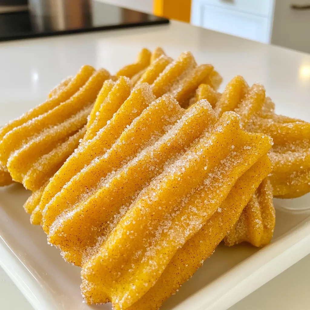 - 1 cup all-purpose flour - 1 tablespoon pumpkin puree - 1 teaspoon pumpkin pie spice - 1 tablespoon granulated sugar (for dough) - 1/2 teaspoon baking powder - 1/2 teaspoon salt - 1 cup water - 2 tablespoons unsalted butter, cut into small cubes - 1/2 cup granulated sugar (for coating) - 1 tablespoon ground cinnamon - Cooking spray (for air frying) The key to these churros is pumpkin puree. You can swap it with applesauce for a different flavor. If you lack pumpkin pie spice, mix cinnamon, nutmeg, and ginger in equal parts. If you want a gluten-free option, use a gluten-free all-purpose flour blend. Each choice gives a unique taste but keeps the joy of churros alive. Measuring your ingredients correctly is vital for the best dough texture. Use a dry measuring cup for flour. Scoop the flour into the cup, then level it with a knife. For liquids, use a clear measuring cup. Pour the water to the line for accuracy. If your butter is cold, cut it into small pieces for easy melting. This ensures even blending. To start, grab a medium-sized saucepan. Add 1 cup of water, 1 tablespoon of granulated sugar, and 2 tablespoons of unsalted butter. Heat this mix over medium heat. You want to stir until the butter melts and the sugar dissolves. Bring it to a gentle boil. Once boiling, take the saucepan off the heat. Now, add 1 cup of all-purpose flour, 1 tablespoon of pumpkin puree, 1 teaspoon of pumpkin pie spice, 1/2 teaspoon of baking powder, and 1/2 teaspoon of salt. Stir this mix hard until it forms a smooth dough. There should be no lumps! Let the dough cool for about 5 minutes before moving on. Next, preheat your air fryer to 375°F (190°C). This step is key for even cooking. Now, take the cooled dough and put it into a piping bag. Make sure to fit it with a star-shaped tip. Pipe out 4-inch long churros onto a tray lined with parchment paper. Keep them spaced out to make cooking easier. Lightly spray the churros with cooking spray. This helps them get nice and crisp. Place them in the air fryer basket. Arrange them in a single layer without touching. Cook for 8-10 minutes. Flip them halfway through to get an even golden brown color. While the churros cook, mix together 1/2 cup of granulated sugar and 1 tablespoon of ground cinnamon in a bowl. This will be your coating. Once the churros finish cooking, take them out of the air fryer carefully. Toss them in the cinnamon-sugar mixture right away. Make sure they are evenly coated! For serving, place the churros on a decorative plate while they are warm. They taste great on their own, but you can add a creamy dip. Try chocolate or spiced caramel sauce for a fun twist! For the best pumpkin spice churros, focus on the dough. After mixing, let it cool for about five minutes. This step helps the churros hold their shape. Use a piping bag with a star tip. This creates those lovely ridges that hold the cinnamon sugar well. Lightly spray the churros with cooking spray before cooking. This adds crispness, making each bite a delight. To elevate the flavor, consider adding more spices. You can mix in a bit of nutmeg or ginger. These spices pair nicely with pumpkin. You could also add a splash of vanilla extract for extra warmth. When coating the churros, use a mix of sugar and cinnamon. This classic combination works wonders. For a fun twist, try adding cocoa powder for a chocolatey touch. Preheat your air fryer to 375°F (190°C) for optimal cooking. This helps the churros cook evenly. Place them in a single layer, without touching each other. This ensures they get crispy all around. Flip them halfway through to promote even browning. Keep an eye on them as they cook, since air fryers can vary. You want a nice golden brown color for the perfect finish. {{image_4}} You can play with flavors to make these churros even more fun. Try adding chocolate or caramel to the dough. A few drops of vanilla extract can enhance the taste too. You can even swap the pumpkin spice for other spices like cinnamon or nutmeg. Each change gives a unique twist to the churros. If you need a gluten-free option, swap the all-purpose flour for a gluten-free blend. Many blends work well here, but make sure it has xanthan gum. It helps with the dough's texture. Follow the same steps, and you will have tasty gluten-free churros. When serving these churros, warm is best. Place them on a nice plate to impress your guests. You can serve them with a dip like chocolate sauce or spiced caramel. Whipped cream adds a nice touch too. Fresh fruit or ice cream can turn your churros into a fun dessert. Enjoy them at parties or as a cozy treat at home. After you enjoy your pumpkin spice churros, store any leftovers in an airtight container. This keeps them fresh and soft. Place a paper towel in the container to absorb moisture. Store them at room temperature for up to two days. If they last longer, you can move them to the fridge for up to a week. To reheat your churros, use the air fryer for the best taste. Set the air fryer to 350°F (175°C). Heat the churros for about 3-5 minutes. This brings back their crispy texture. You can also use a microwave, but they may turn soft. If using a microwave, heat them for 10-15 seconds at a time. If you want to save churros for later, freezing is a great option. Let them cool completely before freezing. Place them in a single layer on a baking sheet, then freeze for about 1-2 hours. Once frozen, transfer them to a freezer bag. They can last for up to two months. When you're ready to enjoy, reheat them in the air fryer, just as before. Yes, you can use fresh pumpkin. Start by cooking the pumpkin until soft. Then, mash it well. Make sure to remove as much water as possible. This will help keep your churro dough from getting too wet. Fresh pumpkin adds a nice flavor but requires more prep time. You will know the churros are done when they turn a golden brown color. Cooking them takes about 8-10 minutes in the air fryer. Flip them halfway through for even cooking. If they are too pale, give them a few more minutes. Keep an eye on them to avoid burning. Churros are great with many dips. Here are some fun ideas: - Chocolate sauce for a rich treat. - Spiced caramel sauce for a warm flavor. - Creamy vanilla dip for a classic touch. - Whipped cream for a light option. Feel free to get creative with your dips. You can even try a pumpkin spice dip to match the churros! This blog covered all you need for making churros. We discussed ingredients, step-by-step instructions, and useful tips. You learned about flavor variations and storage methods, too. Churros can be fun and easy to make at home. I hope you try them and enjoy each step. With these tips, you'll impress friends and family. Remember, the more you practice, the better your churros will taste. Enjoy your cooking!