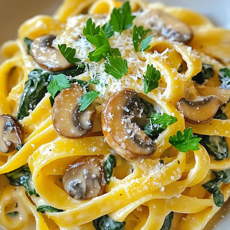 - 8 oz (225g) fettuccine or spaghetti - 2 tablespoons olive oil - 1 medium onion, finely chopped - 3 cloves garlic, minced - 12 oz (340g) mushrooms, sliced (preferably a mix of cremini and button) - 5 oz (140g) fresh spinach, roughly chopped - 1 cup (240ml) heavy cream - ½ cup (50g) grated Parmesan cheese - Salt and pepper to taste - ½ teaspoon nutmeg - Fresh parsley, chopped for garnish To make creamy mushroom spinach pasta, you need simple yet fresh ingredients. Start with fettuccine or spaghetti as your base. The pasta brings a nice bite to the dish. You will also need olive oil to sauté the onions and garlic. The mushrooms add texture and a rich flavor. I recommend using a mix of cremini and button mushrooms. Fresh spinach brightens the dish and adds color. For the creamy sauce, heavy cream gives that luscious texture. Grated Parmesan cheese enhances the flavor and adds a savory note. Don't forget to season with salt, pepper, and nutmeg for the perfect balance. Finally, fresh parsley will elevate the dish and make it look stunning on the plate. Gather these ingredients, and you’re ready to start cooking. - Checking for al dente texture: Cook the pasta just until it is firm to the bite. This means you want to feel a slight resistance when you chew. It should not be mushy. Taste a piece a minute or two before the package time is up. This simple check helps keep your pasta perfect. - Using reserved pasta water: Before draining your pasta, save about half a cup of the cooking water. This starchy water is a secret weapon. You can add it to your sauce to adjust the thickness. Just a little bit makes the sauce creamy and helps it cling to the pasta. - Seasoning with salt, pepper, and nutmeg: Start with a pinch of salt and pepper while cooking. This enhances the taste of your dish. Nutmeg adds warmth and depth. Just a half teaspoon is all you need. It lifts the flavors of the mushrooms and cream. - Choosing additional garnishes: Fresh parsley adds a bright touch. It also gives a nice crunch. You might also sprinkle more Parmesan on top. For extra flavor, consider a sprinkle of red pepper flakes for some heat. - Using plant-based cream and cheese: If you prefer a vegan dish, swap heavy cream for a plant-based option. Cashew cream or coconut cream works well. Use vegan cheese instead of Parmesan for a creamy texture. - Mixing in different vegetables: You can add other veggies for more color and flavor. Try bell peppers, zucchini, or broccoli. These add nutrients and make the dish more exciting. - Making it gluten-free: Choose gluten-free pasta options. Many brands offer great pasta made from rice or lentils. It tastes good and keeps the dish gluten-free. - Incorporating protein sources: If you want more protein, add cooked chicken or shrimp. You can also use chickpeas for a vegetarian option. This makes the dish heartier and more filling. To keep your creamy mushroom spinach pasta fresh, store it right. Place the leftover pasta in an airtight container. This helps keep out air and moisture. You can use glass or plastic containers. Make sure the lid seals well. Refrigerate the pasta within two hours of cooking. This keeps it safe to eat. The creamy sauce will thicken as it cools. It’s best to eat the leftovers within three days for the best taste. You can reheat your pasta in two ways: the microwave or the stovetop. If you use the microwave, place the pasta in a bowl. Add a splash of water or cream for moisture. Cover the bowl with a lid or a plate. Heat it for about one minute. Stir and heat for another minute if needed. For the stovetop, use a skillet over low heat. Add the pasta and a little cream or water. Stir gently. This helps keep the sauce creamy. Avoid high heat, as it can make the sauce separate. By following these tips, you can enjoy your creamy mushroom spinach pasta even days later! {{image_4}} Yes, you can use other pasta types. Here are some options: - Penne - Rigatoni - Fusilli - Whole wheat pasta Each shape holds sauce differently. Choose what you prefer! To make this dish vegan, swap a few ingredients. Use: - Plant-based cream instead of heavy cream - Nutritional yeast for Parmesan cheese - Olive oil for butter (if needed) These changes create a creamy and tasty vegan version! This pasta pairs well with various side dishes. Consider: - Garlic bread for crunch - A fresh green salad for lightness - Roasted vegetables for added flavor These sides complement the pasta perfectly! You can store Creamy Mushroom Spinach Pasta in the fridge for up to 3 days. Look for these signs to check if it’s still good: - Off smell - Change in color - Mold growth If you see any of these signs, it's best to throw it away. In this post, we explored how to make creamy mushroom spinach pasta. We covered key ingredients like fettuccine, heavy cream, and fresh mushrooms. I shared step-by-step cooking methods to ensure perfect results. Additionally, we discussed clever tips and variations for different diets. This dish is simple, yet it packs a punch of flavor. You can customize it to fit your preferences. Enjoy experimenting with this recipe and make it your own!