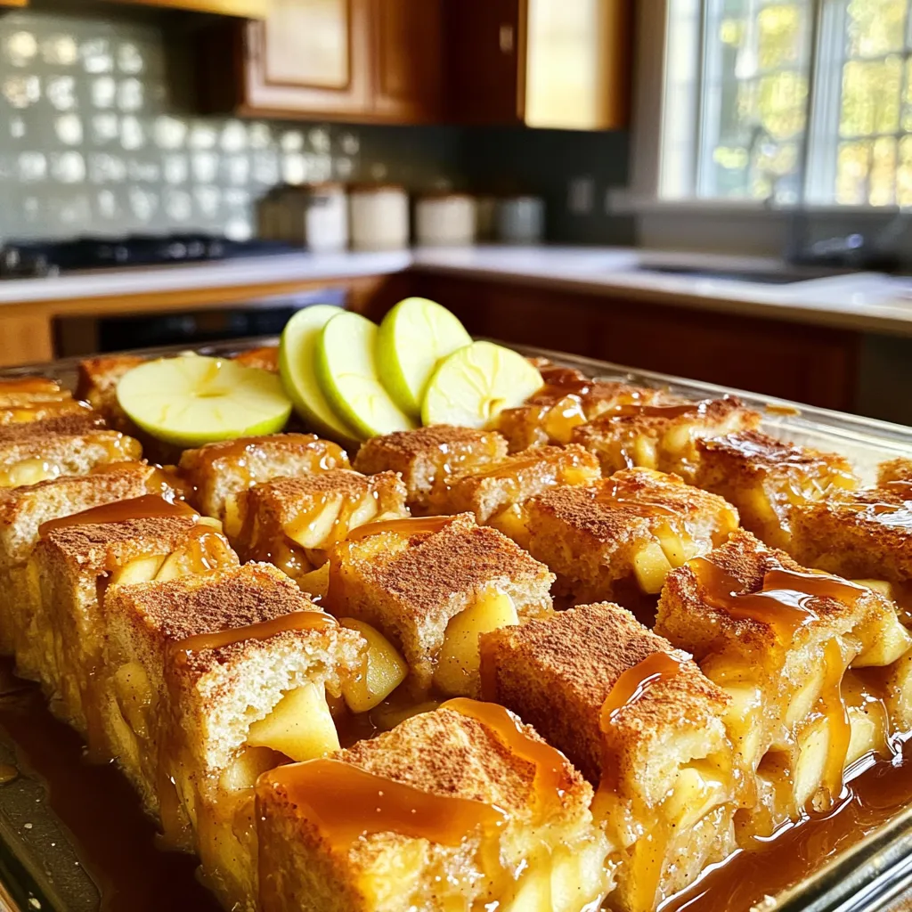 - 6 cups of day-old bread, cubed - 3 cups of whole milk - 1 cup of heavy cream - 1 cup of granulated sugar - 4 large eggs - 2 teaspoons of pure vanilla extract - 3 medium apples, peeled, cored, and diced - 1 teaspoon of ground cinnamon - 1/2 teaspoon of ground nutmeg - 1 cup of caramel sauce - 1/2 cup of chopped pecans (optional) - A pinch of salt I find that using brioche or challah gives the best texture. These breads soak up the custard well. They add a soft, rich flavor. You want bread that is a bit stale. Fresh bread will turn mushy. For a deeper taste, try adding chocolate chips or raisins. You can also add a splash of bourbon or rum for warmth. If you like spice, try adding a pinch of ginger or clove. Each of these options will bring a new twist to your dish. Start by preheating your oven to 350°F (175°C). Grease a 9x13 inch baking dish with butter or non-stick spray. This step helps to prevent sticking. Use a generous amount, as it ensures easy serving later. In a large mixing bowl, whisk together the following ingredients: - 3 cups of whole milk - 1 cup of heavy cream - 1 cup of granulated sugar - 4 large eggs - 2 teaspoons of pure vanilla extract - 1 teaspoon of ground cinnamon - 1/2 teaspoon of ground nutmeg - A pinch of salt Mix these until smooth. This custard will soak into the bread and create a soft, creamy texture. Take 6 cups of cubed day-old bread and gently fold it into the custard. Make sure each piece gets coated. Allow this mixture to sit for 10-15 minutes. This soaking time is key for flavor and texture. Once the bread is soaked, fold in 3 diced apples and, if you like, 1/2 cup of chopped pecans. Use Granny Smith or Honeycrisp apples for a tart flavor. This adds sweetness and crunch to the dish. Pour the soaked bread mixture into your prepared baking dish. Spread it out evenly. Drizzle half of the caramel sauce over the top. Bake for 45-55 minutes. The center should be firm, and the top will be golden and delicious. In a small saucepan, combine: - 1 cup of heavy cream - 1/2 cup of granulated sugar - 1 teaspoon of vanilla extract Heat this mixture over medium heat, stirring until the sugar dissolves. Cook for about 5-7 minutes until it thickens slightly. Remove from heat and let it cool for a few minutes. Cut the bread pudding into squares. Drizzle the remaining caramel sauce and a generous amount of vanilla sauce over each piece. For a special touch, sprinkle cinnamon and add fresh apple slices on top. A scoop of vanilla ice cream pairs perfectly with this warm dessert. Enjoy! - Use day-old bread. It absorbs the custard better. - Brioche or challah gives a soft and rich texture. - Soak the bread for 10-15 minutes. This helps it soak up the flavors. - Whisk the custard well to mix all the ingredients. - Add diced apples evenly to ensure every bite has fruit. - Drizzle caramel sauce on top before baking for extra sweetness. - Don’t skip the soaking step. Bread needs time to absorb. - Avoid using fresh bread. It won’t soak up enough custard. - Watch the baking time closely. Overbaking can dry it out. - Skip the salt at your own risk. It enhances all the flavors. - Don’t forget to let it cool slightly before serving. This helps it set. - Serve warm with a scoop of vanilla ice cream. - Drizzle extra caramel sauce over each piece. - Top with whipped cream for a light touch. - Garnish with fresh apple slices or a sprinkle of cinnamon. - Pair with a cup of coffee or tea for a cozy treat. {{image_4}} You can change the flavors in your caramel apple bread pudding to suit your taste. Here are some fun ideas: - Add raisins or dried cranberries for a chewy texture. - Swap apples for pears for a sweeter option. - Use cinnamon rolls instead of bread for a unique twist. - Add chocolate chips for a rich, decadent touch. - Sprinkle in some orange zest for a fresh burst of flavor. If you have dietary needs, you can easily modify this recipe: - Use gluten-free bread for a gluten-free option. - Substitute almond milk for whole milk and heavy cream for a lighter version. - Replace eggs with flaxseed meal mixed with water for a vegan recipe. - Use maple syrup instead of sugar for a natural sweetener. - Ensure your caramel sauce is dairy-free if needed. Serving your caramel apple bread pudding can be just as fun as making it: - Top each piece with a scoop of vanilla ice cream for a warm-cool combo. - Drizzle with whipped cream for a light, airy touch. - Serve it warm with a side of fresh fruit for added freshness. - Pair it with a cup of coffee or tea for a cozy dessert experience. - Garnish with a sprinkle of nuts or a dash of cinnamon for extra flair. To keep your caramel apple bread pudding fresh, let it cool completely first. Place it in an airtight container. You can store it in the fridge for up to five days. This way, you can enjoy a sweet treat whenever you like! When you’re ready to eat leftovers, preheat your oven to 350°F (175°C). Place the bread pudding in an oven-safe dish. Cover it with foil to keep it moist. Heat it for about 15-20 minutes. If you want, you can also microwave individual portions for 1-2 minutes on high. If you want to save some for later, you can freeze it. Cut the bread pudding into squares. Wrap each piece tightly in plastic wrap and then place it in a freezer bag. It can last for up to three months in the freezer. When you want to enjoy it, take it out and let it thaw in the fridge overnight. Then, reheat it as mentioned above for a delicious treat! Yes, you can use different types of apples. Granny Smith offers a tart flavor that contrasts well with the sweet sauce. Honeycrisp gives a nice crunch and sweetness. Other types like Fuji or Gala can work too. Just pick apples that hold their shape when cooked. Check the center of the bread pudding. It should feel firm, not jiggly. The top should turn a golden brown. You can also insert a knife in the center. If it comes out clean, your pudding is ready. Yes, you can prepare this recipe ahead of time. You can soak the bread and mix the custard a day before. Just cover it and store it in the fridge. Bake it fresh on the day you want to serve it for the best taste. Serve it warm with a drizzle of vanilla sauce. A scoop of vanilla ice cream adds creaminess. You can also top it with fresh apple slices or a sprinkle of cinnamon. These add lovely flavors and textures to the dish. This dessert lasts about 3 to 4 days in the fridge. Make sure to cover it well to keep it fresh. Reheat individual servings in the microwave or oven. It will still taste great even after a few days! This blog post covered the basics of making Caramel Apple Bread Pudding. We discussed essential ingredients, step-by-step instructions, and helpful tips. I shared serving suggestions, variations for different diets, and storage info. By following these guidelines, you can create your own delicious bread pudding. Remember, you can experiment and make it your own. Enjoy creating this dessert and sharing it with others!