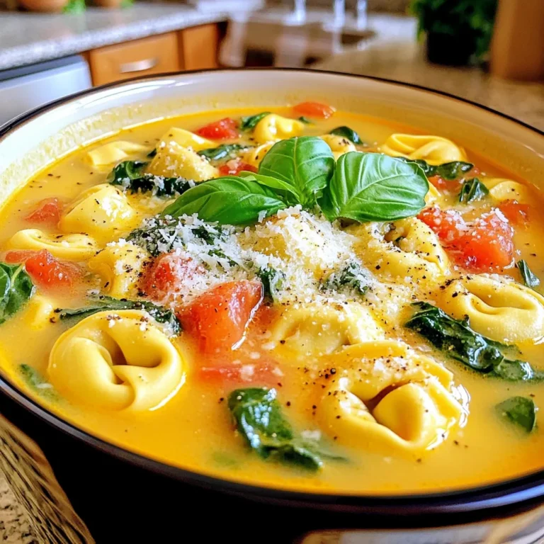 - 1 package (9-12 oz) refrigerated or frozen cheese tortellini - 4 cups vegetable broth - 1 can (14.5 oz) diced tomatoes, including the liquid - 1 cup heavy cream or coconut cream - 1 cup fresh spinach, roughly chopped - 1 medium onion, finely diced - 3 cloves garlic, minced - 1 teaspoon dried Italian seasoning - 1/2 teaspoon red pepper flakes (adjust for desired spice level) - Salt and freshly ground black pepper, to taste - 1/2 cup grated Parmesan cheese (optional, for a finishing touch) In this recipe, I use cheese tortellini as the star. You can use fresh or frozen tortellini, and both work well. The next hero is vegetable broth, which gives the soup a nice base. Diced tomatoes add sweetness and color. To make the soup creamy, I add heavy cream or coconut cream. Coconut cream gives it a fresh twist. Fresh spinach adds a pop of color and nutrition. For flavor, I use diced onion and minced garlic as my base. Italian seasoning adds a classic taste, while red pepper flakes bring in some heat. Finally, salt, pepper, and Parmesan cheese round out the flavors. This mix creates a rich and easy meal that everyone will love! Start by placing the diced onion and minced garlic into your slow cooker. This mix gives the soup a solid flavor. Next, pour in the vegetable broth. Stir everything well. Then, add the drained diced tomatoes. The juice adds a nice touch. Sprinkle in the dried Italian seasoning and red pepper flakes if you like spice. Finally, add a little salt and pepper to taste. Stir again to blend all the flavors. Now, secure the lid on your slow cooker. Set it to cook on low for 6-8 hours or on high for 3-4 hours. The longer you cook it, the better the flavors blend. Check it occasionally if you can. It’s a great time to enjoy the lovely aroma. About 30 minutes before serving, gently stir in the cheese tortellini and heavy cream. If you prefer a lighter dish, use coconut cream. Mix carefully to avoid breaking the tortellini. Right before serving, add the chopped spinach. This will make the soup look vibrant and add nutrients. Taste the soup and adjust the seasonings as needed. Serve hot, and don’t forget to add some grated Parmesan cheese and fresh basil leaves for a beautiful finish! - Adjust seasonings: Add more Italian seasoning for a stronger taste. Consider adding fresh herbs like thyme or rosemary for extra depth. - Substitutions: Swap heavy cream for coconut cream for a lighter option. Use vegetable broth instead of chicken broth for a vegan version. - Preventing broken tortellini: Stir gently when adding tortellini to avoid breaking them. Wait until the last 30 minutes of cooking to add them. - Achieving creaminess: To maintain a creamy texture, add cream slowly while stirring. This helps emulsify the ingredients. - Serving suggestions: Use deep bowls to serve the soup. This makes it easy to enjoy every last drop. - Garnishing ideas: Sprinkle grated Parmesan cheese on top. Add fresh basil leaves for a pop of color and flavor. {{image_4}} You can easily change the soup by swapping the tortellini. Try using ravioli or gnocchi instead. If you want more protein, add cooked chicken or turkey. For added veggies, toss in some carrots or bell peppers. You can also use vegetable broth or chicken broth for a different flavor. To make this soup vegan, choose plant-based options. Use vegan tortellini and substitute heavy cream with coconut cream. This keeps it creamy while being dairy-free. For gluten-free options, look for gluten-free tortellini made from rice or corn. These options make it easy for everyone to enjoy. You can adjust the spice level to fit your taste. If you prefer a mild soup, skip the red pepper flakes. For more heat, add extra flakes or a dash of hot sauce. You can also try adding diced jalapeños for a fresh kick. Just remember to taste as you go! You can keep this soup in the fridge for about three to four days. To store it, let the soup cool to room temperature first. Then, place it in an airtight container. This helps keep it fresh and tasty. To freeze your tortellini soup, pour it into a freezer-safe container. Leave space at the top for expansion. It can last up to three months in the freezer. When you're ready to eat, take it out and thaw it in the fridge overnight. For quick thawing, you can use the microwave. To reheat, you have a few good options. You can warm it on the stove over low heat. Stir often to keep it from sticking. Another option is to use the microwave. Heat it in short bursts, stirring in between, to keep the flavor and texture nice. Can I use frozen tortellini in this recipe? Yes, you can use frozen tortellini. Just add it during the last 30 minutes of cooking. This keeps the pasta from getting too soft. I find frozen tortellini works great and saves time. How can I make this soup richer in flavor? To boost flavor, add more garlic or herbs. You can also use chicken broth instead of vegetable broth. A splash of white wine before cooking adds a nice depth. Lastly, stirring in some grated Parmesan right before serving enhances richness. Is this soup suitable for a gluten-free diet? Yes, you can make this soup gluten-free. Look for gluten-free tortellini brands. You can also use a gluten-free broth. This way, you can enjoy the soup without worry. Can I make the soup dairy-free? To make this soup dairy-free, swap heavy cream with coconut cream. It keeps the creamy texture and adds a hint of sweetness. You can also skip the cheese or use a dairy-free alternative. How do cooking times vary between high and low settings? On low, the soup takes 6-8 hours. On high, it cooks in 3-4 hours. The low setting allows flavors to meld better. If you're in a hurry, the high setting works too. What do I do if my soup is too thick? If your soup is too thick, add more broth or water. Stir it in slowly until you reach your desired consistency. This keeps the soup creamy without losing flavor. This soup recipe combines cheesy tortellini, hearty broth, and fresh veggies. You learned how to build flavor with herbs and spices, and I shared helpful tips for texture and presentation. Remember, you can adjust ingredients for dietary needs. Whether you want it vegan or gluten-free, the options are endless. Store leftovers correctly to enjoy every last bite. I hope you feel inspired to create a warm bowl of soup that delights. Enjoy each step as you make this delicious meal in your kitchen!