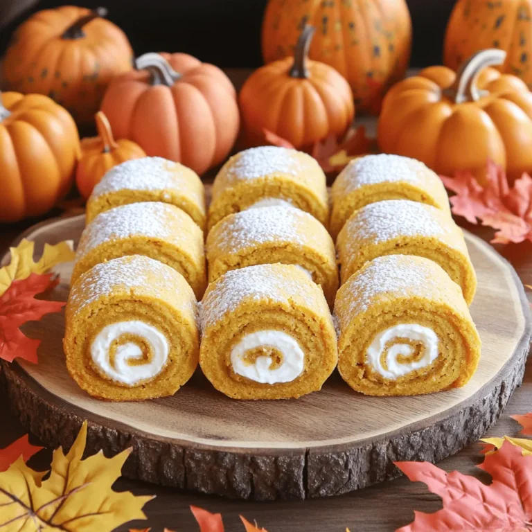 - 1 cup pumpkin puree - 1/2 cup granulated sugar - 1/4 cup packed brown sugar - 1/2 cup unsalted butter - 1 large egg - 1 teaspoon vanilla extract - 2 cups all-purpose flour - 1 1/2 teaspoons baking powder - 1 teaspoon baking soda - 1 teaspoon ground cinnamon - 1/2 teaspoon ground nutmeg - 1/4 teaspoon ground allspice - 1/4 teaspoon salt - 1/2 cup cream cheese - 1/4 cup powdered sugar (for filling) - 1/2 teaspoon vanilla extract (for filling) Alternatives to pumpkin puree If you can't find pumpkin puree, you can use butternut squash puree. It has a similar taste and texture. Sweet potato puree is another good option. Sugar substitutes for a healthier option You can use coconut sugar instead of granulated sugar. It has a lower glycemic index. Another option is using honey or maple syrup. Adjust the amount to taste. Dairy-free options for cream cheese If you want a dairy-free filling, use vegan cream cheese. This works well and keeps the same creamy texture. You can also blend silken tofu with powdered sugar for a unique twist. First, you need to preheat your oven. Set it to 350°F (175°C). This step ensures even baking for your cookies. Next, prepare your baking sheet. Line it with parchment paper. This helps prevent sticking. Now, let’s mix the ingredients. In a large mixing bowl, add the softened butter. Include the granulated sugar and brown sugar. Use a hand mixer or stand mixer. Cream these together for about 3-4 minutes. The mixture should be light and fluffy. Add the pumpkin puree, large egg, and 1 teaspoon of vanilla extract to the bowl. Mix on medium speed until everything blends well. In another bowl, whisk the dry ingredients. Combine the flour, baking powder, baking soda, ground cinnamon, ground nutmeg, ground allspice, and salt. Gradually add this dry mix to the wet mix. Stir until just combined. Avoid over-mixing to keep your cookies soft. Now, it’s time to portion out the dough. Use a tablespoon to scoop the dough. Place each scoop on your prepared baking sheet. Leave enough space between each scoop. They will spread a little while baking. Bake your cookies for 12-15 minutes. Watch for lightly golden edges and set centers. This is when they are ready. While your cookies bake, prepare the cream cheese filling. In a clean bowl, beat together the softened cream cheese, powdered sugar, and 1/2 teaspoon of vanilla extract. Mix until the filling is smooth and creamy. Ensure there are no lumps for the best texture. After baking, let the cookies cool completely on a wire rack. Take half of the cookies and spread a layer of the cream cheese filling on the bottom side. Place another cookie on top, bottom side down. This creates a delightful sandwich that everyone will love. - Ensuring the right cookie texture For soft and chewy cookies, use room temperature butter. It helps the dough blend well. Mix your wet and dry ingredients until just combined. Over-mixing makes cookies tough. - Avoiding over-mixing the dough When you add the dry mix to the wet, stir gently. A few lumps are okay. If you mix too much, the cookies will be dry. Let the dough rest for a few minutes before scooping it onto the baking sheet. - Enhancing the cookie display To impress guests, arrange cookies on a colorful plate. You can dust them with powdered sugar for a sweet touch. Add a sprinkle of cinnamon for a lovely aroma. - Seasonal themes for serving Use mini pumpkins or fall leaves around the cookies. This gives a cozy autumn vibe. You can also use seasonal colors like orange and brown in your table setting. - Overbaking and underbaking Keep an eye on your cookies as they bake. They should be lightly golden at the edges. If you bake too long, they will be hard. If not enough, they will be gooey inside. - Not cooling cookies properly Let cookies cool on a wire rack after baking. This prevents sogginess. If you stack them while warm, they might stick together. Give them time to firm up! {{image_4}} You can easily make pumpkin roll cookies even more fun. Adding chocolate chips gives a sweet twist. The rich chocolate pairs well with pumpkin. You can also add nuts for crunch. Walnuts or pecans add texture and flavor. Want something unique? Try changing the spices! You can add ginger or clove for a different taste. They bring warmth and depth to the cookies. Experimenting with spices can lead to delightful surprises! Do you need gluten-free cookies? You can replace all-purpose flour with a gluten-free blend. Look for one that works well in baking. This makes the cookies safe for those with gluten allergies. If you want to make vegan pumpkin roll cookies, swap the egg for flaxseed meal. Mix one tablespoon of flaxseed with three tablespoons of water. Let it sit to thicken. Use a plant-based butter in place of regular butter. This keeps the cookies soft and tasty! Pair your pumpkin roll cookies with coffee or tea. The warm flavors complement each other perfectly. You can serve them for breakfast or as a snack. For parties, use these cookies in dessert platters. Stack them high and add some fall decorations. They look great alongside other seasonal treats. Your guests will love the display and the taste! To keep your pumpkin roll cookies fresh, use an airtight container. These containers lock in moisture and flavor. You can also use Ziploc bags, but make sure to squeeze out the air. Store them at room temperature for the best taste. Avoid putting them in direct sunlight. A cool, dry spot works well. You can easily freeze pumpkin roll cookies for later. First, let the cookies cool completely. Then, layer them in an airtight container with parchment paper between each layer. This prevents them from sticking together. For thawing, simply take them out and let them sit at room temperature. If you want a warm treat, reheat them in the oven at 350°F for about 5 minutes. At room temperature, pumpkin roll cookies last for about five days. If you want them to last longer, store them in the fridge. In the fridge, they can last up to two weeks. Just make sure they are in an airtight container to keep them fresh. You can tell when pumpkin roll cookies are done by looking at their edges. They should turn a light golden color. The center should feel set but still soft. Use a toothpick to check; it should come out clean or with just a few crumbs. Yes, you can make the dough ahead of time. Simply prepare the dough, then cover it with plastic wrap. Store it in the fridge for up to two days. When you're ready, let it sit at room temperature for a bit before baking. If you don’t have pumpkin puree, you can use applesauce or mashed bananas. Both will add moisture and sweetness. You can also use butternut squash puree for a similar flavor. Yes, pumpkin roll cookies freeze well. Place the cooled cookies in an airtight container. You can also freeze the cookie dough before baking. Just thaw it overnight in the fridge before baking. Yes, you can substitute cream cheese. Try using Greek yogurt or mascarpone cheese for a lighter option. For a dairy-free choice, use a vegan cream cheese. Adjust the sugar to taste for each alternative. You now have all the tools to bake delicious pumpkin roll cookies. Remember the ingredients, like pumpkin puree and cream cheese, play a key role. Follow the steps laid out for mixing, baking, and filling. Don’t forget the tips for perfect texture and presentation. With these variations and storage tips, you can make them last. Enjoy making and sharing these treats with family and friends. Happy baking!