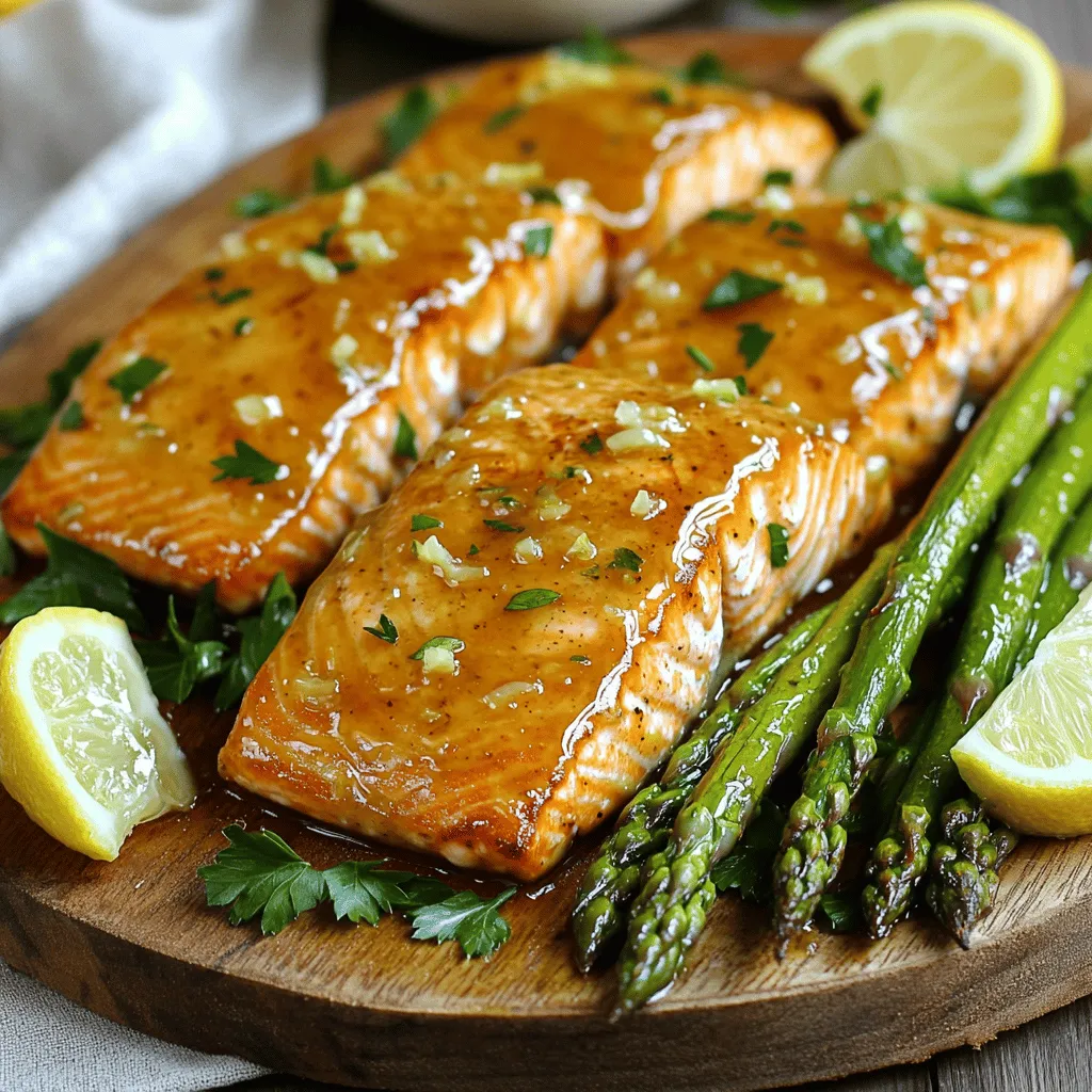 - 4 salmon fillets - 1 bunch of asparagus, trimmed - 1/4 cup honey - 3 cloves garlic, minced - 2 tablespoons low-sodium soy sauce - 1 tablespoon olive oil - 1 teaspoon fresh ginger, grated - Salt and pepper to taste - Lemon wedges, for serving - Fresh parsley, chopped for garnish The main ingredients are simple yet vital. The salmon fillets are rich in flavor and healthy fats. You want fresh ones for the best taste. The asparagus adds a nice crunch and bright color. The honey brings sweetness, balancing the dish perfectly. Next, we have the flavor enhancers. Garlic gives a strong, savory kick. Soy sauce adds depth and umami. A bit of olive oil keeps everything moist. Ginger brings a warm spice to the mix, making it exciting. Finally, seasoning and garnish elevate the dish. Salt and pepper are must-haves for taste. Lemon wedges add a fresh zing. Chopped parsley not only looks nice but also adds a hint of earthiness. Each ingredient plays a special role in creating a tasty meal. First, preheat your oven to 400°F (200°C). This helps cook the salmon just right. Next, line a large sheet pan with parchment paper. This makes cleaning up easier later. In a small mixing bowl, whisk together the honey, minced garlic, soy sauce, olive oil, and grated ginger. Mix until the sauce is smooth and well combined. This sauce adds great flavor to the dish. Now, place the salmon fillets in the center of the pan. Lightly season each fillet with salt and pepper. Arrange the trimmed asparagus around the salmon. Drizzle a bit of olive oil over the asparagus and season it as well. Finally, pour the honey garlic sauce over both the salmon and asparagus. Make sure everything is coated nicely. Put the sheet pan in the preheated oven and bake for 15-20 minutes. The salmon should easily flake with a fork when done. The asparagus will be tender but still crisp. For an extra touch, switch your oven to broil. Broil the dish for 2-3 minutes for a caramelized finish. Keep an eye on it to avoid burning. To get the best flavor, season the salmon and asparagus well. I sprinkle salt and pepper over both. This simple act makes a big difference in taste. You can also add herbs like dill or thyme for extra zest. When you cook salmon, check for doneness by gently flaking it with a fork. It should break apart easily. A good rule is to cook it until it reaches an internal temperature of 145°F (63°C). You can bake or broil the salmon and asparagus. Baking at 400°F (200°C) gives a nice, even cook. But if you want a crispy top, switch to broil at the end. Broiling for just 2-3 minutes makes everything caramelized and delicious. If your salmon fillets are thicker, you may need to adjust cooking time. Thicker fillets take a bit longer to cook than thinner ones. Always keep an eye on them to avoid overcooking. For a beautiful presentation, arrange the salmon and asparagus on a large platter. The bright colors of the dish make it eye-catching. Pour the leftover sauce from the pan over the top for added flavor. Pair this dish with sides like rice, quinoa, or a fresh salad. They balance the meal and make it more filling. A light white wine or sparkling water complements the flavors nicely. {{image_4}} You can change up the vegetables and fish in this dish. For vegetables, try broccoli, green beans, or bell peppers. These options add color and crunch to your meal. If you want to switch fish, use trout or cod instead of salmon. Each fish brings a unique taste and texture to the dish. Adjust the sweetness of the honey to fit your taste. If you want it less sweet, use less honey. For more flavor, add a pinch of red pepper flakes or chili powder. Fresh herbs like thyme or basil can also enhance the taste. Experiment with flavors to make this dish your own. You can cook this dish on a grill instead of a sheet pan. Grilling gives the salmon a smoky flavor. For meal prep, cook a larger batch and store leftovers in containers. You can reheat it for quick lunches or dinners. Sheet pan meals are great, but grilling adds variety. You can store cooked honey garlic salmon and asparagus in the fridge for up to three days. Use an airtight container to keep the meal fresh. Glass or plastic containers work well. You can freeze honey garlic salmon and asparagus, but it is best to freeze them separately. Cooked salmon can stay in the freezer for about three months. Uncooked salmon also freezes well. Wrap it tightly to prevent freezer burn. To thaw, place it in the fridge overnight for best results. For reheating, the oven is your best bet. Preheat it to 350°F (175°C). Place the salmon and asparagus on a baking sheet, cover with foil, and heat for about 10-15 minutes. This method keeps the flavor and texture intact. You can also use the microwave, but be cautious to avoid overcooking. Enjoy your meal with fresh lemon juice for a flavor boost! The salmon is done when it flakes easily with a fork. Look for a bright, opaque color. The edges should not be raw or translucent. You can also check the thickness; it should feel firm but not hard. Yes, you can use frozen salmon. Just make sure to thaw it first. Place it in the fridge overnight. If you're in a hurry, you can use cold water to thaw it. Make sure to dry it well before cooking. This helps the sauce stick better. You can serve this dish with several sides. Some great options include: - Rice or quinoa for a hearty base - Steamed broccoli for a colorful touch - A light salad with mixed greens For drinks, consider serving white wine or sparkling water with lemon. These pair well with the flavors. Yes, this recipe is great for meal prep. You can store the salmon and asparagus in airtight containers. It stays fresh in the fridge for up to three days. When reheating, use the oven or a skillet to keep the texture nice. You can easily make this recipe gluten-free. Simply swap the soy sauce for tamari or coconut aminos. Both options work well and keep the flavor intact. Check all labels to ensure there are no hidden gluten ingredients. You now have all the tools to create a delicious honey garlic salmon dish. We've covered the key ingredients, like salmon and asparagus, and how to prepare your oven and sauce. The tips and cooking variations can help you adjust the recipe to your taste. Whether you choose to meal prep or serve it fresh, this recipe is flexible. Simply follow these steps, and you’ll impress everyone at the table. Enjoy your cooking and savor this tasty meal!