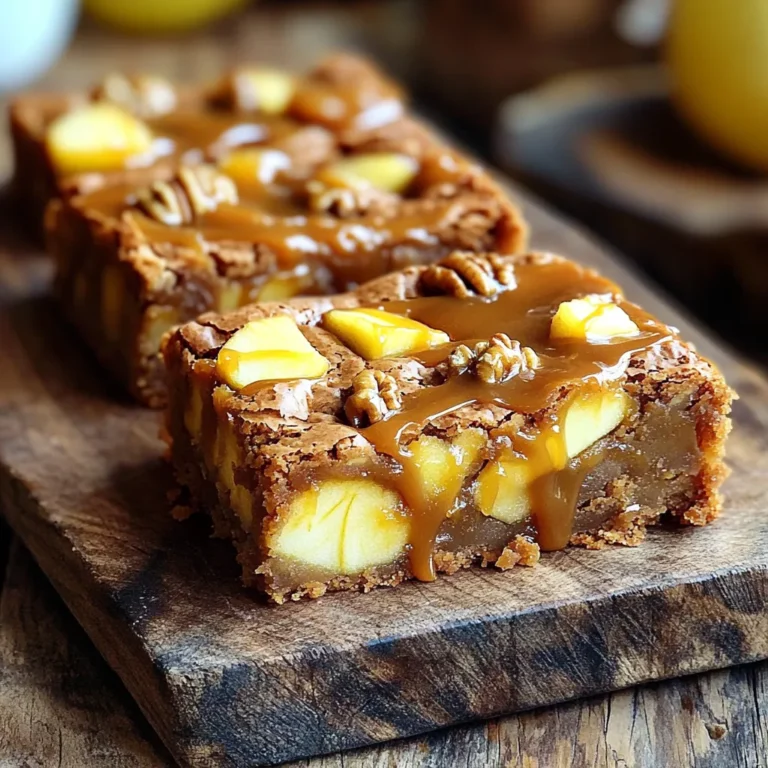 - 1 cup unsalted butter, melted - 1 cup packed brown sugar - 2 large eggs - 1 teaspoon vanilla extract - 2 cups all-purpose flour - 1 teaspoon baking powder - 1/2 teaspoon baking soda - 1/4 teaspoon salt - 1 1/2 cups diced apples (Honeycrisp preferred) - 1/2 cup caramel sauce (store-bought or homemade) - 1/2 cup chopped walnuts (optional) - Additional caramel sauce for drizzling (optional) To make these caramel apple blondies, you will need simple ingredients. Start with unsalted butter. It gives a rich taste. You will also need brown sugar for sweetness and moisture. Eggs add structure and help bind the mixture together. Vanilla extract gives a warm flavor. All-purpose flour serves as the base for the blondies. Baking powder, baking soda, and salt help them rise and taste great. Diced apples add freshness and a sweet crunch. I recommend using Honeycrisp apples for the best flavor. The caramel sauce brings a luscious sweetness that makes these blondies special. If you want an extra crunch, consider adding chopped walnuts. They go well with the apples and caramel. You can also drizzle more caramel on top for a beautiful finish! - Preheating the oven Start by preheating your oven to 350°F (175°C). This ensures even baking. - Preparing the baking pan Next, take a 9x13 inch baking pan. Grease it lightly or line it with parchment paper for easy removal later. - Mixing wet ingredients In a large bowl, add 1 cup of melted butter and 1 cup of packed brown sugar. Mix them well until the sugar dissolves. - Combining dry ingredients In another bowl, mix 2 cups of all-purpose flour, 1 teaspoon of baking powder, 1/2 teaspoon of baking soda, and 1/4 teaspoon of salt. Stir until combined. - Incorporating apples and walnuts Gently fold in 1 1/2 cups of diced apples and 1/2 cup of chopped walnuts if you’re using them. Make sure they are evenly mixed in. - Layering the batter and caramel Pour half of the batter into your prepared pan. Spread it evenly. Then, drizzle half of the 1/2 cup of caramel sauce over this layer. - Baking time and checking for doneness Spread the rest of the batter on top and drizzle the remaining caramel over it. Place it in the oven and bake for 25-30 minutes. Check doneness with a toothpick; it should come out with a few moist crumbs. - Ensuring the right consistency: Mix until just combined. A thick batter is ideal. - Avoiding over-mixing: Stir gently to keep the blondies soft and chewy. - Best practices for swirling caramel: Use a knife to create gentle swirls. Don’t overdo it; you want a marbled look. - Cooling and cutting tips for perfect squares: Let blondies cool completely in the pan. Use a sharp knife to cut neat squares. - Gluten-free alternatives: Use a gluten-free flour blend instead of all-purpose flour. - Vegan baking options: Substitute eggs with flax eggs and use coconut oil instead of butter. {{image_4}} You can make caramel apple blondies even more fun. Here are some ideas: - Adding Spices: Try adding a teaspoon of cinnamon or nutmeg. This makes the blondies warm and cozy. Spices add depth to the sweet flavors. They also make your kitchen smell amazing while baking. - Chocolate Chip Caramel Apple Blondies: Mix in some chocolate chips. The chocolate pairs well with the apples and caramel. You can use milk chocolate or dark chocolate based on your taste. This twist creates a rich and satisfying treat. - Nut-Free Adaptations: If you need to avoid nuts, simply skip the walnuts. You can replace them with more apples or chocolate chips. This keeps the blondies delicious and safe for everyone. Serving caramel apple blondies can be just as fun as making them! Here are a few ideas: - Pairing with Ice Cream or Whipped Cream: Serve blondies warm with a scoop of vanilla ice cream. The creamy coldness contrasts nicely with the warm, sweet blondies. Whipped cream also adds a light touch on top. - Garnishing Ideas: To make your blondies look extra special, sprinkle some chopped walnuts on top. You can also drizzle more caramel sauce over each piece. This adds extra sweetness and makes them look fancy. Feel free to mix and match these ideas to suit your taste! To keep your caramel apple blondies fresh, follow these tips: - Room Temperature: Store blondies in an airtight container. They stay fresh for up to 3 days. - Refrigerator: If you want them to last longer, put them in the fridge. They can stay good for a week. For best taste, let them come to room temperature before enjoying. - Freezing: If you want to save them for later, freezing works great. Wrap each blondie tightly in plastic wrap. Then place them in a freezer bag. They can last for up to 3 months in the freezer. When you’re ready to eat, just thaw them overnight in the fridge or at room temperature. Enjoy the sweet taste of caramel and apples any time! You can check the blondies by inserting a toothpick into the center. If it comes out with a few moist crumbs, they are done. The edges will look set and slightly golden. Keep an eye on them, as baking times can vary. Yes, you can use many types of apples. Honeycrisp works well, but feel free to try Granny Smith or Fuji apples. Just pick apples that are sweet or a bit tart for good flavor. Using fresh ingredients is best for taste and texture. Fresh apples provide crunch and flavor. Fresh eggs and butter improve the batter's richness. These blondies can last up to five days at room temperature. Store them in an airtight container to keep them fresh. If you want to save them longer, consider freezing them. Caramel apple blondies pair well with ice cream or whipped cream. You can also serve them with extra caramel sauce for drizzling. Adding a sprinkle of nuts can enhance their flavor and texture. You can create delicious caramel apple blondies using the right ingredients and steps. We covered the key ingredients, from unsalted butter to diced apples. I shared step-by-step instructions to guide you through baking. Helpful tips ensured you achieve the best texture and flavor. You can even explore variations to make each batch unique. In conclusion, this recipe is simple and delicious. Enjoy baking and sharing these treats!