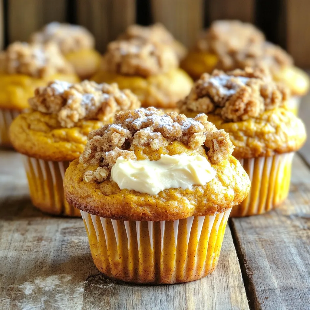 - 1 cup pumpkin puree - ½ cup brown sugar - ½ cup granulated sugar - 2 large eggs - ⅓ cup vegetable oil - 1 teaspoon vanilla extract - 1 teaspoon baking powder - ½ teaspoon baking soda - 1 teaspoon ground cinnamon - ½ teaspoon ground nutmeg - ¼ teaspoon ground ginger - 1 ½ cups all-purpose flour - ½ teaspoon salt - 115 grams cream cheese, at room temperature - ¼ cup powdered sugar - ½ teaspoon vanilla extract - ⅓ cup all-purpose flour - ⅓ cup oats - ⅓ cup brown sugar - ¼ teaspoon ground cinnamon - ¼ cup unsalted butter, melted These ingredients come together to make the best muffins. The pumpkin puree gives a lovely, rich flavor. The brown and granulated sugars create a sweet balance. The spices, like cinnamon and nutmeg, add warmth and depth. For the cream cheese filling, make sure your cream cheese is soft. It mixes better that way. The powdered sugar sweetens it up just right. A hint of vanilla extract adds flavor, making the filling smooth. The streusel topping is where the magic happens. The oats give it a nice texture. The brown sugar and cinnamon create a sweet crunch. With melted butter, it all comes together to make a crumbly topping that’s hard to resist. Gather these ingredients, and you are ready to bake something delicious! - Set the oven to 175°C (350°F). - Prepare the muffin tin with paper liners. First, you need to preheat your oven. This step makes sure your muffins bake evenly. As the oven heats up, prepare your muffin tin. Place paper liners in each cup. This helps with easy removal later. - Mix cream cheese, powdered sugar, and vanilla extract until smooth. Next, let’s make the cream cheese filling. In a bowl, combine the cream cheese, powdered sugar, and vanilla extract. Use a mixer or a spoon to blend until it’s smooth. This filling adds a rich and creamy surprise inside the muffins. - Combine wet ingredients and sugars. - Gradually add dry ingredients. Now, it’s time for the muffin batter. In a large bowl, mix the pumpkin puree, brown sugar, and granulated sugar. Then, add eggs, vegetable oil, and vanilla extract. Mix well until all is combined. In another bowl, whisk the dry ingredients: baking powder, baking soda, cinnamon, nutmeg, ginger, flour, and salt. Slowly add the dry mix to the wet mix. Stir gently until just combined. Be careful not to overmix! - Mix all streusel ingredients until crumbly. Let’s prepare the streusel topping. In a medium bowl, combine the flour, oats, brown sugar, and cinnamon. Pour in the melted butter and mix until crumbly. This topping gives your muffins a sweet and crunchy texture. - Layer muffin batter, cream cheese filling, and topping. Now it’s time to assemble the muffins. Fill each paper liner halfway with muffin batter. Add a spoonful of cream cheese filling in the center. Then, cover it with more batter until the liners are almost full. Finally, sprinkle the streusel topping generously over each muffin. - Bake for 18-22 minutes, check with a toothpick. Place the muffin tin in the preheated oven. Bake for 18 to 22 minutes. To check if they are done, insert a toothpick into the center. If it comes out clean, your muffins are ready. If not, bake for a couple more minutes. Let them cool briefly before enjoying! - Use fresh pumpkin puree. Fresh puree gives a rich flavor and moisture. - Don’t overmix the batter. Stir just until the flour disappears. This keeps muffins soft. - Bring cream cheese to room temperature. Soft cream cheese blends better and creates a smooth filling. - Adjust sweetness as desired. Taste the filling and add more powdered sugar if you want it sweeter. - Use cold butter for the streusel. Cold butter helps create a crumbly texture. - Mix until crumbly. You want it to resemble small pebbles, not a dough. This adds a nice crunch to your muffins. {{image_4}} You can jazz up your muffins with fun add-ins. Try adding chocolate chips for a sweet twist. They melt slightly and create pockets of chocolate. Nuts like walnuts or pecans add a nice crunch. They also give a deep flavor that pairs well with pumpkin. If you need gluten-free muffins, use almond or coconut flour instead. They work well with the pumpkin flavor. For a vegan option, replace eggs with flax eggs. Mix one tablespoon of flaxseed meal with three tablespoons of water. Let it sit for five minutes to thicken before adding it to your batter. Want to change the spice profile? Adding cloves or allspice can make a big difference. Just a pinch can add warmth and depth to your muffins. You can also play with the spices to suit your taste. Mix and match until you find your favorite blend! To keep your Pumpkin Cream Cheese Streusel Muffins fresh, store them at room temperature. Place them in an airtight container. They stay good for up to three days. If you want to keep them longer, refrigeration is an option. But remember, they may dry out a bit. Wrap each muffin in plastic wrap before placing them in the fridge. This keeps moisture in and helps them last for about a week. Freezing is a great way to enjoy your muffins later. Let them cool completely. Then, wrap each muffin in plastic wrap tightly. Place them in a freezer-safe bag or container. They can last for up to three months in the freezer. When you want one, simply take it out and let it thaw at room temperature. To enjoy warm muffins again, reheat them gently. Preheat your oven to 175°C (350°F). Place the muffins on a baking sheet. Heat them for about 10 minutes. This keeps them moist and soft. You can also use a microwave. Heat each muffin for about 15-20 seconds. Just be careful not to overheat, or they may dry out. Enjoy your tasty treat! Yes, you can use fresh pumpkin. Fresh pumpkin gives a brighter flavor. To prepare fresh pumpkin, cut it open, remove seeds, and roast it. Bake it for about 45 minutes at 175°C (350°F). After cooling, scoop out the flesh and mash it until smooth. This will help you get a great texture for your muffins. Flat muffins can happen for a few reasons. One common reason is under mixing the batter. The batter needs some air to rise. Another reason can be old baking powder or baking soda. Always check if they are fresh. Lastly, if the oven is not hot enough, muffins may not rise well. Make sure to preheat your oven properly. These muffins can last up to three days at room temperature. Keep them in an airtight container to keep them fresh. If you want to keep them longer, you can refrigerate them for a week. Yes, you can prepare the batter ahead of time. Make the batter and store it in the fridge for up to 24 hours. When you are ready to bake, just give it a gentle stir. Avoid overmixing to keep the muffins fluffy. These muffins combine rich pumpkin flavor with sweet cream cheese filling and crunchy streusel. We covered the essential ingredients and shared easy steps for baking. I offered tips to ensure moist muffins and ideas for fun variations. Remember, fresh ingredients matter. Each bite should bring joy. Store muffins properly to enjoy them longer. Whether you share them or keep them for yourself, they are sure to please. Explore these recipes, and let your creativity flow in the kitchen!