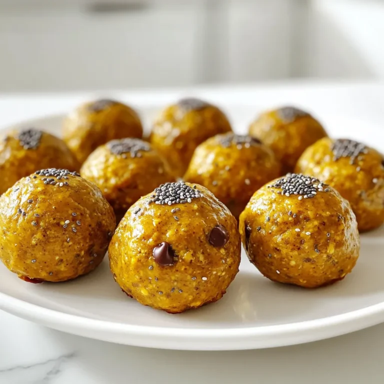 To make these tasty pumpkin spice energy bites, you need the following ingredients: - 1 cup rolled oats - 1/2 cup almond butter (or creamy peanut butter) - 1/4 cup pure maple syrup - 1/2 cup canned pumpkin puree - 1 tablespoon pumpkin spice (or a mix of 1 tsp cinnamon, 1/2 tsp nutmeg, and 1/2 tsp ginger) - 1/4 cup chia seeds - 1/4 cup ground flaxseed - 1/2 teaspoon vanilla extract - 1/4 cup mini chocolate chips (optional) - Pinch of salt These ingredients work together to create a delicious and nutritious snack. The oats provide a hearty base, while the almond butter adds creaminess. Pumpkin puree brings moisture and flavor. You can easily swap some ingredients if you need to. If you’re allergic to nuts, use sunflower seed butter instead of almond butter. You can replace maple syrup with honey or agave syrup for a different sweetness. For a nut-free option, skip the chocolate chips or use dairy-free ones. If you don’t like chia seeds, try hemp seeds instead. Each swap can change the taste, so feel free to experiment! These energy bites are not just tasty; they are also good for you. Each bite is packed with fiber, protein, and healthy fats. Here’s a quick look at the benefits: - Rolled oats: Provide energy and keep you full. - Almond butter: Adds protein and healthy fats. - Pumpkin puree: Full of vitamins and antioxidants. - Chia seeds and flaxseed: Great sources of omega-3 fatty acids. - Maple syrup: Adds natural sweetness without refined sugar. Overall, these energy bites make a smart snack for busy days or a post-workout boost! To make these tasty pumpkin spice energy bites, start with a big bowl. Add 1 cup of rolled oats, 1/2 cup of almond butter, and 1/4 cup of pure maple syrup. Mix these well until they form a smooth paste. Next, pour in 1/2 cup of canned pumpkin puree and 1/2 teaspoon of vanilla extract. Stir until everything blends nicely. Now, add 1 tablespoon of pumpkin spice, 1/4 cup of chia seeds, and 1/4 cup of ground flaxseed. Mix until you can’t see any dry bits. If you want a sweet touch, fold in 1/4 cup of mini chocolate chips. If your mixture feels too sticky, wet your hands with a little water or oil. This helps shape the bites better. Roll the mixture into small balls, about 1 inch wide. If they are too crumbly, add a bit more almond butter to bind them. The right texture should be firm but not hard. You want them to hold shape but also melt in your mouth. Once you shape all the bites, place them on a baking sheet lined with parchment paper. Put the sheet in the fridge for at least 30 minutes. This helps them firm up nicely. After chilling, transfer the energy bites to an airtight container. Store them in the fridge, where they stay fresh for about a week. Enjoy them as a quick snack or a healthy treat anytime! Mixing is key to making great energy bites. Start with a large bowl. Add rolled oats, almond butter, and maple syrup. Stir until smooth. Next, add pumpkin puree and vanilla. Blend well until it looks creamy. Then, sprinkle in the pumpkin spice and seeds. Mix again until all dry bits disappear. When rolling, wet your hands slightly. This helps make perfect balls that won't stick. Aim for about 1 inch in size. To boost flavor, try adding a pinch of salt. This brings out the sweetness. You can also use different nut butters. Peanut butter gives a richer taste. For a fun twist, add dried fruits like cranberries or raisins. They add chewiness and extra sweetness. If you love chocolate, use more mini chocolate chips. You can even try dark chocolate for a richer flavor. Serve these energy bites on a fun platter. Drizzle melted dark chocolate on top for a sweet touch. You can also sprinkle extra chia seeds or pumpkin spice for flair. If you're sharing, place them in cute paper cups. This makes them easy to grab. For a cozy vibe, pair them with a warm drink like tea or coffee. They make a great snack anytime! {{image_4}} You can change up the flavor of your pumpkin spice energy bites. Try adding different spices like cocoa powder or cardamom. You can mix in dried fruits, like cranberries or raisins, for a chewy texture. For a nutty twist, use hazelnut or cashew butter instead of almond butter. Each swap leads to a new, tasty treat that keeps things exciting! Making these bites gluten-free is easy! Just use gluten-free oats. For a vegan version, ensure your maple syrup is pure and check your nut butter. You can also omit the chocolate chips or use dairy-free ones. This way, everyone can enjoy these bites, no matter their diet! Want to boost the health benefits? Add a scoop of protein powder to the mix. You can also toss in superfoods like spirulina or maca powder. These ingredients give your energy bites extra nutrients. They not only taste good but also fuel your body! To keep your pumpkin spice energy bites fresh, use an airtight container. Place them in the fridge right after they chill. This helps maintain their texture and taste. Always keep them covered to avoid drying out. These tasty bites last about one week in the fridge. After that, they may lose flavor and texture. If they start to smell off or feel dry, it’s time to toss them. Keeping an eye on their look and smell helps you enjoy them at their best. You can freeze pumpkin spice energy bites for up to three months. First, roll them into balls and place them on a baking sheet. Freeze them for about one hour. Then, transfer the bites to a freezer-safe bag or container. To eat, just thaw them in the fridge overnight. Enjoy your delicious bites anytime! Pumpkin spice energy bites pack a punch of nutrients. They are rich in fiber from oats, chia seeds, and flaxseed. This fiber helps digestion and keeps you full longer. The pumpkin adds vitamins A and C, great for your immune system. Almond butter provides protein and healthy fats. These energy bites can give you sustained energy without a sugar crash. Yes, you can make these energy bites ahead of time. They are easy to prepare and store well. Just roll them into balls and refrigerate. They stay fresh for up to a week in an airtight container. You can even freeze them for longer storage. When you're ready to eat, just let them thaw. You can find pre-made pumpkin spice energy bites at many grocery stores. Look in the snack aisle or the health food section. Some brands sell them online, too. Be sure to check the ingredients. You want bites that use real pumpkin and natural sweeteners. To adjust sweetness, simply change the amount of maple syrup. If you want them less sweet, use less syrup. You can also add more ingredients like oats to balance the flavor. If you prefer sweeter bites, add more mini chocolate chips or a bit of honey. Taste as you go to find your perfect balance. You learned how to make tasty Pumpkin Spice Energy Bites. We covered key ingredients, swaps, and nutrition. The step-by-step guide helps you achieve the ideal texture. You can use tips to mix, roll, and present them. We also discussed fun variations and dietary options. Storing them properly extends their freshness. Enjoy these bites for a healthy snack or treat. They are easy to make and delicious! Give them a try today.