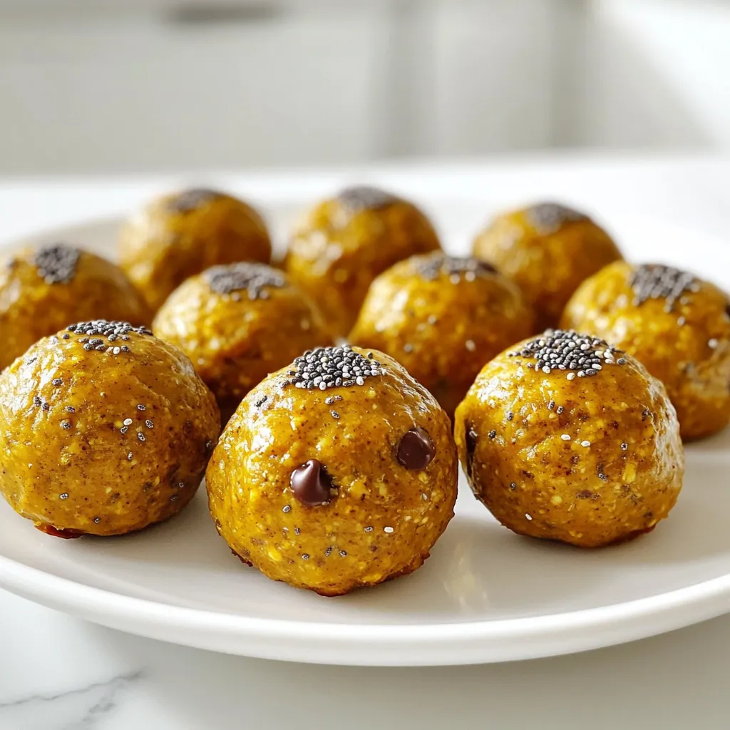 To make these tasty pumpkin spice energy bites, you need the following ingredients: - 1 cup rolled oats - 1/2 cup almond butter (or creamy peanut butter) - 1/4 cup pure maple syrup - 1/2 cup canned pumpkin puree - 1 tablespoon pumpkin spice (or a mix of 1 tsp cinnamon, 1/2 tsp nutmeg, and 1/2 tsp ginger) - 1/4 cup chia seeds - 1/4 cup ground flaxseed - 1/2 teaspoon vanilla extract - 1/4 cup mini chocolate chips (optional) - Pinch of salt These ingredients work together to create a delicious and nutritious snack. The oats provide a hearty base, while the almond butter adds creaminess. Pumpkin puree brings moisture and flavor. You can easily swap some ingredients if you need to. If you’re allergic to nuts, use sunflower seed butter instead of almond butter. You can replace maple syrup with honey or agave syrup for a different sweetness. For a nut-free option, skip the chocolate chips or use dairy-free ones. If you don’t like chia seeds, try hemp seeds instead. Each swap can change the taste, so feel free to experiment! These energy bites are not just tasty; they are also good for you. Each bite is packed with fiber, protein, and healthy fats. Here’s a quick look at the benefits: - Rolled oats: Provide energy and keep you full. - Almond butter: Adds protein and healthy fats. - Pumpkin puree: Full of vitamins and antioxidants. - Chia seeds and flaxseed: Great sources of omega-3 fatty acids. - Maple syrup: Adds natural sweetness without refined sugar. Overall, these energy bites make a smart snack for busy days or a post-workout boost! To make these tasty pumpkin spice energy bites, start with a big bowl. Add 1 cup of rolled oats, 1/2 cup of almond butter, and 1/4 cup of pure maple syrup. Mix these well until they form a smooth paste. Next, pour in 1/2 cup of canned pumpkin puree and 1/2 teaspoon of vanilla extract. Stir until everything blends nicely. Now, add 1 tablespoon of pumpkin spice, 1/4 cup of chia seeds, and 1/4 cup of ground flaxseed. Mix until you can’t see any dry bits. If you want a sweet touch, fold in 1/4 cup of mini chocolate chips. If your mixture feels too sticky, wet your hands with a little water or oil. This helps shape the bites better. Roll the mixture into small balls, about 1 inch wide. If they are too crumbly, add a bit more almond butter to bind them. The right texture should be firm but not hard. You want them to hold shape but also melt in your mouth. Once you shape all the bites, place them on a baking sheet lined with parchment paper. Put the sheet in the fridge for at least 30 minutes. This helps them firm up nicely. After chilling, transfer the energy bites to an airtight container. Store them in the fridge, where they stay fresh for about a week. Enjoy them as a quick snack or a healthy treat anytime! Mixing is key to making great energy bites. Start with a large bowl. Add rolled oats, almond butter, and maple syrup. Stir until smooth. Next, add pumpkin puree and vanilla. Blend well until it looks creamy. Then, sprinkle in the pumpkin spice and seeds. Mix again until all dry bits disappear. When rolling, wet your hands slightly. This helps make perfect balls that won't stick. Aim for about 1 inch in size. To boost flavor, try adding a pinch of salt. This brings out the sweetness. You can also use different nut butters. Peanut butter gives a richer taste. For a fun twist, add dried fruits like cranberries or raisins. They add chewiness and extra sweetness. If you love chocolate, use more mini chocolate chips. You can even try dark chocolate for a richer flavor. Serve these energy bites on a fun platter. Drizzle melted dark chocolate on top for a sweet touch. You can also sprinkle extra chia seeds or pumpkin spice for flair. If you're sharing, place them in cute paper cups. This makes them easy to grab. For a cozy vibe, pair them with a warm drink like tea or coffee. They make a great snack anytime! {{image_4}} You can change up the flavor of your pumpkin spice energy bites. Try adding different spices like cocoa powder or cardamom. You can mix in dried fruits, like cranberries or raisins, for a chewy texture. For a nutty twist, use hazelnut or cashew butter instead of almond butter. Each swap leads to a new, tasty treat that keeps things exciting! Making these bites gluten-free is easy! Just use gluten-free oats. For a vegan version, ensure your maple syrup is pure and check your nut butter. You can also omit the chocolate chips or use dairy-free ones. This way, everyone can enjoy these bites, no matter their diet! Want to boost the health benefits? Add a scoop of protein powder to the mix. You can also toss in superfoods like spirulina or maca powder. These ingredients give your energy bites extra nutrients. They not only taste good but also fuel your body! To keep your pumpkin spice energy bites fresh, use an airtight container. Place them in the fridge right after they chill. This helps maintain their texture and taste. Always keep them covered to avoid drying out. These tasty bites last about one week in the fridge. After that, they may lose flavor and texture. If they start to smell off or feel dry, it’s time to toss them. Keeping an eye on their look and smell helps you enjoy them at their best. You can freeze pumpkin spice energy bites for up to three months. First, roll them into balls and place them on a baking sheet. Freeze them for about one hour. Then, transfer the bites to a freezer-safe bag or container. To eat, just thaw them in the fridge overnight. Enjoy your delicious bites anytime! Pumpkin spice energy bites pack a punch of nutrients. They are rich in fiber from oats, chia seeds, and flaxseed. This fiber helps digestion and keeps you full longer. The pumpkin adds vitamins A and C, great for your immune system. Almond butter provides protein and healthy fats. These energy bites can give you sustained energy without a sugar crash. Yes, you can make these energy bites ahead of time. They are easy to prepare and store well. Just roll them into balls and refrigerate. They stay fresh for up to a week in an airtight container. You can even freeze them for longer storage. When you're ready to eat, just let them thaw. You can find pre-made pumpkin spice energy bites at many grocery stores. Look in the snack aisle or the health food section. Some brands sell them online, too. Be sure to check the ingredients. You want bites that use real pumpkin and natural sweeteners. To adjust sweetness, simply change the amount of maple syrup. If you want them less sweet, use less syrup. You can also add more ingredients like oats to balance the flavor. If you prefer sweeter bites, add more mini chocolate chips or a bit of honey. Taste as you go to find your perfect balance. You learned how to make tasty Pumpkin Spice Energy Bites. We covered key ingredients, swaps, and nutrition. The step-by-step guide helps you achieve the ideal texture. You can use tips to mix, roll, and present them. We also discussed fun variations and dietary options. Storing them properly extends their freshness. Enjoy these bites for a healthy snack or treat. They are easy to make and delicious! Give them a try today.