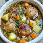 - 4 boneless, skinless chicken thighs - 4 medium carrots, peeled and sliced into rounds - 3 medium potatoes, peeled and cubed - 1 large onion, finely diced - 3 cloves garlic, minced - 1 cup frozen peas - Salt and freshly ground black pepper, to taste - 1 tablespoon fresh thyme leaves - 1 tablespoon fresh rosemary, finely chopped - 1 bay leaf - 2 cups low-sodium chicken broth - 2 tablespoons olive oil When you start making this stew, the main ingredients are key. Chicken thighs give a rich flavor and tenderness. Carrots and potatoes add sweetness and heartiness. Onions and garlic create a lovely base. The frozen peas at the end bring a pop of color and freshness. For herbs, fresh thyme and rosemary brighten the dish. They add depth without overpowering the other flavors. The bay leaf gives a subtle, earthy note. Use salt and pepper to enhance the taste, adjusting to your preference. The broth is crucial. Low-sodium chicken broth keeps it light, while olive oil adds richness. This mix creates a warm and hearty flavor that comforts you. - Fresh parsley, chopped For presentation, fresh parsley adds a touch of green. It makes the dish look inviting. Ladle the stew into rustic bowls. Serve with crusty bread for a complete meal. Enjoy the warmth and comfort of this hearty stew! - First, season the chicken thighs with salt and pepper on both sides. - In a large skillet, heat 2 tablespoons of olive oil over medium heat. - Once the oil is hot, add the chicken thighs. Sear them for 4-5 minutes on each side. - They should turn golden-brown. After searing, place the chicken in the slow cooker. - In the same skillet, add the finely diced onion. Sauté for about 3 minutes until they are translucent. - Add the minced garlic and sauté for an additional minute. This makes the garlic fragrant. - Transfer the sautéed onions and garlic into the slow cooker, layering them over the chicken. - Next, add 4 medium sliced carrots and 3 cubed potatoes on top. Spread them out evenly. - Pour 2 cups of low-sodium chicken broth over all the ingredients. - Sprinkle 1 tablespoon of fresh thyme and 1 tablespoon of fresh rosemary on top. - Place 1 bay leaf in the mixture. Stir gently to mix everything. Check that the chicken is submerged in the broth. - Cover the slow cooker with its lid. Cook on low for 6-7 hours for tender chicken. - Alternatively, you can cook on high for 3-4 hours if you're short on time. - About 30 minutes before serving, stir in 1 cup of frozen peas to warm them through. - Taste the stew and adjust seasoning with more salt or pepper if needed. - Once done, remove the bay leaf. Shred the chicken directly in the slow cooker for a rustic touch. Searing the chicken gives it great flavor. It adds a nice crust and locks in juices. Don’t skip this step! It makes a big difference in taste. Adjust the seasonings to fit your taste. Add more salt or pepper if you like it bolder. You can also add a splash of lemon juice for brightness. If you have dietary needs, swap the chicken thighs for breasts. They cook faster and are leaner. For a vegetarian option, use mushrooms or hearty beans. You can change up the veggies too. Use what’s in season! Sweet potatoes or parsnips can add a unique twist. Pair your stew with crusty bread for dipping. It soaks up the broth well. You can also serve it with a side salad for freshness. To serve, use rustic bowls and fill them generously. Garnish with fresh parsley for color and flavor. Mixing in shredded chicken right before serving gives it a homey touch. {{image_4}} For this stew, I prefer using chicken thighs. They have more flavor and stay juicy. You can also use chicken breasts if you like a leaner meat. They cook faster but can dry out. For a twist, try alternative meats like pork or beef. Just adjust the cooking time based on the meat you choose. If you want a vegetarian option, use hearty vegetables like mushrooms and lentils. These add depth and protein. Tofu is also a great choice. It soaks up flavors well, making the stew rich. To make the stew pop, add more herbs and spices. Fresh parsley and basil can brighten the dish. A pinch of paprika gives warmth. If you like it spicy, toss in some diced jalapeños or a dash of hot sauce. This will boost the heat and flavor. Experiment with different combinations. Thyme and rosemary are classic, but try adding oregano for a twist. The key is to balance flavors. Taste as you go to find your perfect mix. You can tweak the texture of your stew to fit your taste. For a thicker stew, mix in some cornstarch or flour. Create a slurry by mixing it with water first, then stir it in. This will help it thicken without clumps. If you prefer a brothier stew, just add extra chicken broth. You can also include more vegetables for a chunkier feel. For a creamier base, stir in some heavy cream or coconut milk near the end. This will give your stew a rich and comforting finish. To keep your Slow Cooker Rustic Chicken Stew fresh, store leftovers in airtight containers. Make sure the stew cools down before you seal it. This keeps moisture out and prevents spoiling. You can refrigerate the stew for up to three days. If you want to keep it longer, freezing is a great option. Divide the stew into portions and use freezer-safe bags. This way, you can thaw only what you need later. Reheating stew properly is key to keeping its taste. The safest way is to use the stove. Place the stew in a pot and heat it on low. Stir often to avoid hot spots. If you want to use the microwave, transfer it to a microwave-safe bowl. Heat in short bursts, stirring in between. This helps maintain the flavor and texture. Always check the stew's temperature before serving. It should reach 165°F to be safe to eat. In the fridge, your stew stays fresh for about three days. If you freeze it, it can last up to three months. Look for signs of spoilage, like an off smell or changes in color. If the stew has a strange taste or looks unusual, it's best to toss it. Freshness is important for both safety and flavor. Enjoy your stew while it’s at its best! Yes, you can use frozen chicken in this stew. Just remember to adjust cooking time. If your chicken is still frozen, add about an hour to the cooking time on low. Always make sure the chicken reaches a safe internal temperature of 165°F. This method works well, and it keeps the stew juicy. You can thicken your stew using a few easy methods. Here are some options: - Cornstarch: Mix 1 tablespoon with 2 tablespoons of cold water. Stir this mix into the stew. - Flour: Mix 2 tablespoons of flour with cold water. Add it to the stew and stir well. - Mashed Potatoes: Simply mash some of the potatoes in the stew for a thicker texture. Try one of these and see which you like best! If you don’t have fresh herbs, you can use dried ones. Use about one-third of the amount. For example: - 1 teaspoon dried thyme instead of 1 tablespoon fresh - 1 teaspoon dried rosemary instead of 1 tablespoon fresh Dried herbs still bring great flavor. Just add them early in the cooking to allow the flavors to blend well. This blog post covers how to make a delicious chicken stew. We explored the main ingredients like chicken thighs, veggies, and herbs. You learned step-by-step instructions, cooking tips, and variations to suit your taste. Remember to enjoy the process and use fresh ingredients for the best flavor. You can always adjust the recipe to make it your own. Happy cooking!