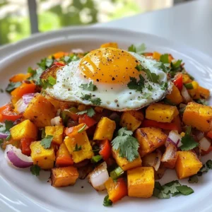 - 2 large sweet potatoes, peeled and diced into ¾-inch cubes - 1 red bell pepper, chopped into bite-sized pieces - 1 yellow bell pepper, chopped into bite-sized pieces - 1 small red onion, diced finely - 2 cloves garlic, minced - 4 large eggs - 2 tablespoons extra virgin olive oil - 1 teaspoon smoked paprika - Salt and freshly cracked black pepper, to taste - Fresh cilantro, chopped (for garnish) - Avocado slices (optional, for serving) Sweet potatoes are the star of this dish. They bring sweetness and a soft texture. The bell peppers add color and crunch. Red onion gives a nice bite, and garlic adds depth. You’ll need eggs to make this a hearty meal. Olive oil is essential for cooking and adds flavor. Smoked paprika gives warmth and a hint of smoke. Season with salt and pepper to enhance the taste. Fresh cilantro on top adds brightness. If you want, add avocado slices for creaminess. This mix of ingredients makes the hash bright and tasty! {{ingredient_image_2}} 1. Start by heating the olive oil in a large non-stick skillet over medium heat. It takes about 1-2 minutes to warm the oil. 2. Once the oil is hot, add the diced sweet potatoes. Sauté them for 10-15 minutes. Stir occasionally. You want them tender with a nice golden-brown color. 1. Now, add the finely diced red onion, bite-sized red and yellow bell peppers, and minced garlic to the skillet. 2. Cook these veggies for another 5-7 minutes. Stir often until they soften and smell great. 3. Sprinkle in the smoked paprika, salt, and freshly cracked black pepper. Stir well to mix the spices. 1. Next, create four small wells in the sweet potato mix using the back of a spoon. 2. Carefully crack an egg into each well. Cover the skillet with a lid. 3. Cook the eggs for 5-8 minutes for runny yolks. Cook longer if you prefer fully cooked yolks. 4. Once done, take the skillet off the heat. Sprinkle chopped cilantro on top for a fresh touch. To boost the taste of your sweet potato hash, use spices like smoked paprika and fresh herbs. Smoked paprika gives a warm, smoky flavor that pairs well with sweet potatoes. Fresh cilantro adds a bright note. Always taste as you cook. Proper seasoning brings out the best flavors in your dish. You can also try adding cumin or chili powder for a spicy kick. Cooking eggs perfectly can be tricky. If you want runny yolks, cover the skillet and cook for 5-8 minutes. Check the eggs often to avoid overcooking. For hard yolks, let them cook a few minutes longer. Adjust the cooking time based on your preference. Remember, the eggs will continue to cook a bit after you remove them from heat. Presentation matters. Serve your sweet potato hash in bowls for a cozy feel. Sprinkle extra cilantro on top for color and flavor. You can also add avocado slices for creaminess. A wedge of lime on the side adds a zesty touch. This enhances the dish's look and makes it more inviting. Enjoy sharing this colorful breakfast with friends and family! Pro Tips Choose the Right Sweet Potatoes: Select firm, unblemished sweet potatoes for the best texture and flavor. Look for those with smooth skin and avoid any with soft spots or wrinkles. Adjust Spice Level: If you enjoy a bit of heat, consider adding a pinch of cayenne pepper or some chopped jalapeños along with the garlic for a spicy kick. Egg Cooking Technique: For perfectly runny yolks, cover the skillet with a lid while the eggs cook. This traps steam, helping the tops of the eggs cook without overcooking the whites. Make it a Meal Prep: This hash is great for meal prep! You can make a large batch and store portions in the fridge for up to 4 days, reheating them in the microwave or skillet when ready to eat. {{image_4}} You can change up the veggies in sweet potato hash. Try adding zucchini or spinach. These options give you different tastes and textures. You can also use different colors of bell peppers. They add more sweetness and crunch. If you want to switch out eggs, consider tofu or chickpeas. They bring protein and keep the dish filling. You can scramble or sauté them for a hearty alternative. For a vegetarian twist, keep the eggs and use vegetable broth instead of oil. This adds flavor without meat. You can also go vegan by skipping the eggs and using tofu. Just season the tofu well for a tasty meal. Make sure to check for hidden animal products in store-bought ingredients. This way, your dish stays vegan or vegetarian. Spices and herbs can change the flavor of your hash. Add cumin or chili powder for a kick. Fresh herbs like parsley or thyme can brighten the dish. You can also use Italian seasoning for a different vibe. Don’t forget about garlic! It adds depth to every bite. Experiment with what you love to create your best version of sweet potato hash. To keep your sweet potato hash fresh, store leftovers in an airtight container. Let the dish cool down first. Place it in the fridge within two hours of cooking. This will help prevent bacteria growth. Leftovers can stay good for up to three days. Always label the container with the date. This way, you know when to use it. When you’re ready to eat the leftovers, reheat them gently. Use a skillet over medium heat. Add a splash of olive oil to keep it moist. Stir occasionally to heat evenly. If you want to use the microwave, cover the dish with a damp paper towel. This keeps moisture in and helps it reheat well. Aim for a temperature of 165°F to ensure it’s hot enough. If you want to freeze sweet potato hash, it’s best to do it before adding the eggs. Cool the hash completely, then transfer it to a freezer-safe bag. Remove as much air as possible before sealing. The hash can last up to three months in the freezer. When you are ready to eat it, thaw it overnight in the fridge. Then, reheat it in a skillet and add fresh eggs as desired. Yes, you can make Sweet Potato Hash with Eggs ahead of time. This dish is great for meal prep. To do this, follow these steps: - Cook the hash: Prepare the sweet potato and veggie mix as usual. - Cool it down: Let it cool completely before storing. - Store in the fridge: Place it in an airtight container for up to 4 days. - Reheat it: Warm it in a skillet or microwave. This way, you can enjoy a quick and tasty breakfast on busy mornings. Just crack the eggs fresh when you're ready to eat. If you can’t find sweet potatoes, there are great alternatives: - Regular potatoes: Use Yukon Gold or red potatoes for a similar texture. - Butternut squash: This adds a sweet flavor and holds up well. - Cauliflower: For a lower carb option, use riced cauliflower. These swaps cater to different diets while keeping the dish tasty. Absolutely! Here are some fun serving ideas: - Top with cheese: Add shredded cheese before serving for extra richness. - Use tortillas: Serve in warm tortillas for a breakfast burrito. - Add hot sauce: A drizzle of your favorite hot sauce can spice things up. Feel free to mix and match these ideas for a fun twist! This article covered making a tasty sweet potato hash with eggs. We explored the key ingredients, from sweet potatoes to spices. I provided easy steps to cook it perfectly, ensuring great taste. You learned tips for flavor and presentation, plus variations for different diets. Finally, I discussed how to store and reheat leftovers. Remember, this dish is flexible and fun. Enjoy creating your unique version!