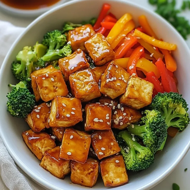 - 1 block firm tofu - Mixed bell peppers (red, yellow, green) - Broccoli florets - Carrot - Honey - Low-sodium soy sauce - Sesame oil - Fresh ginger - Garlic - Cornstarch - Vegetable oil - Sesame seeds - Green onions The key to a great Honey Garlic Tofu Stir Fry is the balance of flavors and textures. First, the main ingredients make the dish vibrant and colorful. Firm tofu offers protein and absorbs delicious sauces well. I love using a mix of bell peppers. They add sweetness and crunch. Broccoli adds a nice bite, and carrots provide a touch of earthiness. Next, the sauce ingredients bring everything together. Honey gives sweetness, while low-sodium soy sauce adds saltiness without being overpowering. Sesame oil adds a nutty flavor, while fresh ginger and garlic give a warm, aromatic touch. Finally, the additional ingredients elevate the dish. Cornstarch helps the tofu get crispy. Vegetable oil is perfect for frying. Sesame seeds and green onions on top make the dish look appealing and add a fresh crunch. With these ingredients, you can create a quick and tasty meal that everyone will love! {{ingredient_image_2}} To start, you need to press the tofu. This step removes extra moisture and helps the tofu crisp up. Place the tofu block between two plates. Add weight on top for about 30 minutes. After pressing, cut the tofu into 1-inch cubes. These small pieces cook evenly and get crispy. Next, grab a mixing bowl and add 2 tablespoons of cornstarch. Toss the tofu cubes in the cornstarch. Make sure each piece is coated well. This coating is important for that crispy texture when frying. Now, heat 2 tablespoons of vegetable oil in a large skillet over medium-high heat. Wait until the oil shimmers. Carefully place the coated tofu cubes into the hot oil. Fry the tofu for about 5-7 minutes. Turn the pieces so they brown on all sides. When golden and crispy, take the tofu out and set it aside on a plate. In the same skillet, if needed, add a little more vegetable oil. Then, add 2 cups of mixed bell peppers, 1 cup of broccoli florets, and 1 medium carrot cut into thin strips. Stir-fry these veggies for about 4-5 minutes. You want them tender but still crunchy. Next, create a small space in the middle of the skillet. Push the vegetables to the side. Add 3 minced garlic cloves and 1 teaspoon of freshly grated ginger. Stir these for about 1 minute until they smell great. Now it’s time to bring it all together. Add the crispy tofu back to the skillet. Drizzle 1/4 cup of honey, 1/4 cup of low-sodium soy sauce, and 1 tablespoon of sesame oil over everything. Toss gently to coat the tofu and veggies in the sauce. Cook for another 2-3 minutes to blend the flavors. Taste your stir fry and adjust the seasoning if needed. You can add more honey for sweetness. Finally, plate the stir fry and enjoy the beautiful colors and aromas. - Achieving crispy tofu: Start by pressing the tofu. Press it for about 30 minutes. This step removes extra moisture. Next, cut it into 1-inch cubes. Coat these cubes with cornstarch. This helps create a crunchy surface when frying. Heat the oil until it shimmers before adding the tofu. Fry the tofu for 5-7 minutes, turning to brown all sides. - Ideal cooking temperatures: Use medium-high heat for frying. This heat cooks the tofu evenly. It also helps the vegetables stay crisp. If the heat is too low, the tofu won’t crisp. If it's too high, it may burn. - Adjusting sweetness: The honey adds sweetness to the dish. You can change the amount based on your taste. If you want it sweeter, add more honey. If you prefer less sweetness, use less or skip it. - Additional seasoning options: Try adding chili flakes for heat. You can also add a splash of rice vinegar for tang. Fresh herbs like cilantro can add extra flavor. Feel free to experiment to find your perfect balance. - Using sesame seeds and green onions: Sprinkle sesame seeds on top before serving. This adds crunch and looks nice. Chop green onions and scatter them over the dish. They give a fresh flavor and bright color. - Presentation ideas for serving: Serve your stir fry in a big bowl or a colorful platter. This makes it more inviting. Pair it with fluffy rice or quinoa for a complete meal. The contrast in texture and flavor makes it more enjoyable. Pro Tips Press Tofu Properly: Ensure you press the tofu for at least 30 minutes to remove excess moisture, which helps achieve a crispier texture when frying. Coat Evenly: Dust the tofu cubes with cornstarch thoroughly. An even coating will ensure that every piece gets that perfect crispy exterior. Vegetable Crunch: Stir-fry the vegetables just until they are tender but still retain a crunchy texture. This enhances the overall mouthfeel of the dish. Adjust Sweetness: Taste your stir-fry before serving and adjust the honey or soy sauce to your liking for the perfect balance of sweet and savory. {{image_4}} You can switch tofu for tempeh. Tempeh has a nutty flavor and a firm texture. It absorbs sauce well and gives a nice bite. If you want seafood, add shrimp. Cook shrimp until pink for a tasty twist. Chicken is another option. Cut it into small pieces and cook until fully done. Try using snap peas or zucchini instead of bell peppers. Both add crunch and flavor. You can also use cauliflower florets or green beans for variety. Seasonal veggies like asparagus or mushrooms work well too. Feel free to mix and match based on what you have. Make this dish gluten-free by using tamari instead of soy sauce. Tamari has a similar taste without the gluten. If you need a vegan option for honey, maple syrup is a great choice. It brings sweetness without using animal products. Agave syrup can also work if you prefer. To store leftovers safely, let your stir fry cool down to room temperature. Place it in an airtight container. This keeps it fresh and prevents spoilage. I recommend using glass or BPA-free plastic containers. They help retain the flavors and make reheating easy. To reheat your stir fry, use a skillet over medium heat. This method warms the dish evenly and keeps the texture nice. You can also use a microwave for quick reheating. If you choose the microwave, use a microwave-safe bowl and cover it with a lid. This helps steam the food and keeps it moist. You can freeze cooked stir fry for later meals. First, let it cool completely. Then, pack it tightly in a freezer-safe container. This prevents freezer burn. When you're ready to eat, thaw it in the fridge overnight. To reheat, use the skillet method to restore the texture. This way, your stir fry stays delicious! For stir fry, firm or extra firm tofu works best. Firm tofu has more protein and less moisture. Extra firm tofu is even denser and holds its shape better. Soft tofu is too delicate for stir fry. It may break apart and become mushy. Firm and extra firm tofu crisp up nicely when cooked. This gives you a great texture and flavor in your dish. Yes, you can prepare this dish ahead of time. For meal prep, cook the tofu and veggies first. Store them in separate airtight containers. This keeps everything fresh. You can mix them just before serving. Reheat the tofu and veggies in a skillet or microwave. Add the sauce then for best flavor. This saves time on busy nights. To add spice, try these options: - Add sliced jalapeños or other hot peppers. - Mix in red pepper flakes while cooking. - Use a spicy soy sauce or chili sauce. - Add sriracha or hot sauce to taste. These tweaks can give your dish a nice kick. Adjust the amount based on your heat preference. This blog post shared how to cook a delicious tofu stir-fry. You learned about the main ingredients, like tofu and colorful veggies. The step-by-step guide showed you how to prepare and cook everything for the best flavor and texture. You also received tips for variations, storage, and reheating your stir-fry. In closing, making this dish can be easy and fun. Experiment with flavors and ingredients to suit your taste. Enjoy the healthy meal you create!
