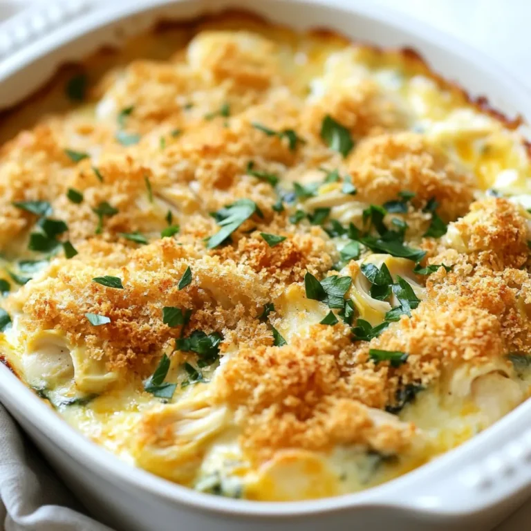 For this tasty casserole, you need: - 2 cups cooked chicken, shredded - 1 can (14 oz) artichoke hearts, drained and roughly chopped - 2 cups fresh spinach, finely chopped - 1 cup cream cheese, softened - 1 cup sour cream or Greek yogurt - 1 cup shredded mozzarella cheese - 1/2 cup grated Parmesan cheese - 1 teaspoon garlic powder - 1 teaspoon onion powder - Salt and black pepper to taste - 1/2 teaspoon red pepper flakes (optional) - 1 cup breadcrumbs - 2 tablespoons olive oil These ingredients create a rich and flavorful dish. The combination of creamy cheeses and tender chicken makes every bite special. To make your casserole even better, consider adding: - Fresh herbs like parsley or basil for freshness - Lemon juice for a tangy kick - Chopped sun-dried tomatoes for sweetness - Cooked bacon bits for a smoky flavor These extras can elevate your dish and make it unique. Feel free to experiment! You can easily swap out some ingredients for healthier options: - Use Greek yogurt instead of sour cream for fewer calories and more protein. - Substitute low-fat cream cheese for regular cream cheese. - Choose whole wheat breadcrumbs for added fiber. - Use grilled chicken instead of fried chicken for a leaner choice. These swaps keep your casserole delicious while making it a bit healthier. Enjoy the process of creating a meal that fits your lifestyle! {{ingredient_image_2}} First, preheat your oven to 350°F (175°C). This helps your casserole bake evenly. Next, gather your ingredients. You will need cooked chicken, artichoke hearts, spinach, cream cheese, sour cream or Greek yogurt, mozzarella cheese, Parmesan cheese, garlic powder, onion powder, and seasonings. It's essential to chop the spinach and artichokes finely. This makes mixing easier and keeps each bite tasty. In a large mixing bowl, combine the shredded chicken, artichoke hearts, and chopped spinach. Stir them well. In another bowl, mix the softened cream cheese, sour cream or Greek yogurt, mozzarella, Parmesan, garlic powder, onion powder, salt, pepper, and optional red pepper flakes. Use a hand mixer or a spatula to blend until smooth. Now, fold this creamy mixture into the chicken and veggies. Make sure everything is coated well. Transfer the mixture into a greased 9x13 inch casserole dish. Spread it out evenly with a spatula. In a small bowl, mix the breadcrumbs with olive oil. This helps them become crispy. Sprinkle the breadcrumb mixture over the top of the casserole generously. To get that perfect golden crust, keep an eye on your casserole while it bakes. Bake it for about 30-35 minutes. Look for bubbling edges and a golden brown top. If the top is not golden enough, you can broil it for a few minutes. Just watch it closely, so it doesn’t burn. After baking, let it cool for a few minutes. This helps the flavors blend nicely. Enjoy your savory Spinach Artichoke Chicken Casserole! One big mistake is not seasoning enough. Add salt and pepper to each layer. Another issue is overcooking the chicken. Use cooked chicken and shred it gently. If you skip the preheating, your casserole may not cook evenly. Always preheat your oven to 350°F. Don't forget to let it cool before serving; this helps the flavors come together. To make your casserole creamier, use full-fat cream cheese and sour cream. Greek yogurt works too, but ensure it’s smooth. Mix the cream cheese well until there are no lumps. If you want even more creaminess, add a splash of milk. This makes the texture rich and velvety. You can also fold in some extra mozzarella cheese right before baking. To boost flavor, try adding herbs like thyme or basil. Fresh herbs can brighten the dish. Adding a squeeze of lemon juice also lifts the flavors. For more texture, mix in some chopped nuts like walnuts or pecans. They add a nice crunch. You can swap breadcrumbs for crushed crackers for extra flavor. This will make your topping even tastier! Pro Tips Perfectly Shredded Chicken: For the best texture, use chicken that has been cooked and cooled before shredding. This helps maintain moisture and makes it easier to mix with other ingredients. Cheese Variations: Feel free to mix and match your cheeses! Adding cheddar or pepper jack can give a different flavor profile and enhance the creaminess of the casserole. Make-Ahead Option: This casserole can be assembled a day in advance. Just cover it tightly and refrigerate. Bake it straight from the fridge, adding an extra 5-10 minutes to the cooking time. Herb Enhancements: Consider adding fresh herbs such as basil or thyme to the filling for an aromatic boost. They pair beautifully with the spinach and artichokes. {{image_4}} You can easily make this dish vegetarian. Just skip the chicken. Use extra artichoke hearts and spinach instead. For a vegan version, swap cream cheese and sour cream with plant-based options. Cashew cream or tofu works well too. These changes keep the taste rich and creamy. Want to change the protein? You can use shredded turkey or tofu for a twist. For cheese, try cheddar or gouda for a different flavor. You can mix cheeses for more depth. Each option will still give your casserole a tasty finish. Feel free to add more veggies. Chopped bell peppers, mushrooms, or zucchini can boost flavor and nutrition. Just make sure to chop them small. This way, they blend well with the other ingredients. You can also use frozen vegetables if you want to save time. To keep your Spinach Artichoke Chicken Casserole fresh, let it cool first. Once cool, cover it tightly with plastic wrap or aluminum foil. You can also use an airtight container. This will help prevent drying out. Store it in the fridge for up to three days. When you want to enjoy your leftovers, preheat your oven to 350°F (175°C). Place the casserole in an oven-safe dish. Cover it with foil to keep it moist. Heat for about 20 minutes. Check to see if it’s warm all the way through. If you prefer the microwave, heat it for 2-3 minutes on high. Stir halfway through to ensure even heating. If you want to save the casserole for later, freezing is a great option. First, let it cool completely. Then, portion it into freezer-safe containers. Label each container with the date. Freeze for up to three months. To reheat, thaw in the fridge overnight. Then follow the reheating instructions above. This way, you’ll have a quick meal ready when you need it! Yes, you can use rotisserie chicken. It saves time and adds great flavor. Just shred the chicken before mixing it into the casserole. This step makes the dish even easier to prepare. Plus, rotisserie chicken is often moist, which enhances the overall taste of the casserole. You can pair the casserole with several delicious sides. A fresh side salad is a great choice, adding crunch and freshness. Garlic bread or crusty rolls also work well, soaking up the creamy sauce. For a heartier meal, serve it with rice or quinoa. These options balance the rich flavors of the casserole. Check the casserole after 30-35 minutes of baking. It should be bubbling hot and golden brown on top. You can also insert a knife in the center. If it comes out warm and clean, it’s ready. Let it cool for a few minutes before serving to let the flavors settle. This blog covered how to make a delicious Spinach Artichoke Chicken Casserole. We looked at essential ingredients, cooking steps, and tips to avoid common mistakes. You can make it creamier, switch ingredients, or try new veggies for a twist. For storage, we reviewed how to keep leftovers tasty and how to reheat them. With these insights, you’ll create a mouthwatering dish everyone will love. Enjoy your cooking journey!