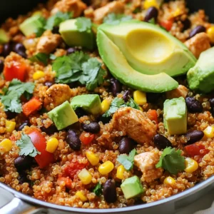 To make the Southwest Chicken Quinoa Skillet, you need a few key ingredients. Each one adds flavor and nutrition. Here&rsquo;s what you&rsquo;ll need: - 1 cup quinoa, rinsed - 2 cups chicken broth - 1 pound boneless, skinless chicken breast, diced - 1 tablespoon olive oil - 1 red bell pepper, chopped - 1 cup corn (fresh or frozen) - 1 can (15 oz) black beans, rinsed and drained - Spices and seasonings: ground cumin, smoked paprika, chili powder, cayenne pepper - Salt and black pepper to taste - 1 ripe avocado, sliced - Fresh cilantro and lime juice for garnishing Each ingredient plays a part in this dish. Quinoa acts as a base and provides protein. Chicken adds flavor and heartiness. The bell pepper and corn give bright colors and crunch. Black beans boost fiber and texture. The spices bring warmth and depth. You can play with the spice levels to suit your taste. The avocado and cilantro add freshness, making each bite delightful. With these simple ingredients, you can create a meal that is not only tasty but also healthy. Plus, it is quick to prepare, perfect for any day of the week. {{ingredient_image_2}} Start by rinsing the quinoa under cold water. This helps remove any bitter taste. Next, combine the rinsed quinoa and chicken broth in a medium saucepan. Turn the heat to medium-high and bring it to a boil. Once boiling, reduce the heat to low and cover the pan. Let it simmer for about 15 minutes. You know it&rsquo;s done when the quinoa is tender and all the liquid has been absorbed. Fluff the quinoa gently with a fork and set it aside. In a large skillet, heat one tablespoon of olive oil over medium heat. Carefully add the diced chicken breast pieces to the skillet. Season the chicken with salt, black pepper, ground cumin, smoked paprika, chili powder, and cayenne pepper if you like a bit of heat. Cook the chicken for about 7 to 10 minutes. Stir occasionally until the chicken is browned and fully cooked. Now, add the chopped red bell pepper and corn to the skillet. Saut&eacute; these for 3 to 4 minutes until the bell pepper softens. Then, mix in the cooked quinoa and black beans. Stir everything gently to combine well. Cook for another 2 to 3 minutes. This step allows all the flavors to meld together beautifully. Remove the skillet from the heat and drizzle fresh lime juice on top. Toss in some chopped cilantro for a fresh burst. Serve hot, adding slices of avocado for creaminess. Enjoy your delicious Southwest Chicken Quinoa Skillet! - How to achieve perfectly cooked quinoa: Rinse the quinoa well before cooking. This removes the bitter coating. Use two cups of chicken broth for one cup of quinoa. Bring it to a boil, then lower the heat. Cover and let it simmer for about 15 minutes. When done, fluff it gently with a fork. - Best practices for saut&eacute;ing chicken: Cut the chicken into small, bite-sized pieces. This helps it cook evenly. Heat olive oil in a large skillet. Add the chicken and season with salt, black pepper, and spices. Cook for 7-10 minutes, stirring often. This way, the chicken gets nice and brown while staying juicy. - Ideal side dishes or toppings: This dish stands out on its own. But you can serve it with a fresh salad or tortilla chips for crunch. You can also add a dollop of Greek yogurt or sour cream for creaminess. - Garnishing for enhanced visual appeal: Top each serving with avocado slices and chopped cilantro. This adds color and freshness. A squeeze of lime juice brightens the flavors too. - Additional spices or ingredients for a kick: If you like heat, add more cayenne or chili powder. You can also try adding jalape&ntilde;os or hot sauce for extra spice. - Recommendations for heat adjustments: Adjust the cayenne pepper to suit your taste. For a milder dish, leave it out entirely. Always taste as you go! Pro Tips Perfectly Cooked Quinoa: Rinse the quinoa thoroughly before cooking to remove any bitterness. This step enhances the flavor and gives a fluffier texture. Chicken Browning: Allow the chicken to sear properly in the skillet before stirring. This creates a delicious crust and locks in moisture, making your chicken more flavorful. Vegetable Freshness: Add the bell pepper and corn towards the end of the cooking process to maintain their vibrant colors and crisp texture, enhancing the dish's overall appeal. Avocado Serving: For easier slicing, use a sharp knife and cut the avocado in half, removing the pit. Slice while still in the skin and scoop out with a spoon for perfectly shaped pieces. {{image_4}} You can switch chicken for turkey if you like. Turkey has a similar taste and texture. If you want a plant-based option, try tofu. Just press it to remove extra water before cooking. For black beans, you can use pinto beans or kidney beans. They offer a different flavor but still work well in this dish. If you prefer baking, you can make this meal in the oven. After cooking the chicken, mix all ingredients in a baking dish. Cover it and bake at 350&deg;F for 25 minutes. For an Instant Pot version, add all ingredients to the pot. Cook on high pressure for 10 minutes. Let it release naturally for 5 minutes before serving. This dish is easy to make gluten-free. Just ensure the chicken broth is gluten-free. For a vegetarian or vegan meal, skip the chicken and add more beans or veggies. You can also add mushrooms for a meaty texture. This way, everyone can enjoy a flavorful power meal. Store your Southwest Chicken Quinoa Skillet in airtight containers. Glass containers work best. They keep food fresh and let you see what's inside. You can keep it in the fridge for up to three days. If you want to store it longer, put it in the freezer. It can last for up to three months in the freezer. To reheat, you have two main options: the microwave or the stovetop. For the microwave, put your portion in a bowl. Heat on high for about two minutes. Stir halfway through to make sure it heats evenly. For stovetop, add your skillet back to medium heat. Stir while cooking for about five minutes. This helps keep the texture nice and fresh. You can prep the ingredients ahead of time. Rinse the quinoa and chop the bell pepper and chicken. Store them in separate containers in the fridge. This way, you can quickly assemble your meal on busy nights. Just cook the quinoa and chicken, add the veggies, and you&rsquo;re ready to eat! You will know quinoa is done when it is soft and fluffy. The grains will look like tiny spirals. All the liquid should be absorbed. It usually takes about 15 minutes to cook quinoa. After cooking, fluff it gently with a fork. This helps separate the grains and makes it light. Yes, you can use other beans. Some great options are pinto beans or kidney beans. Chickpeas also work well if you want a different texture. Just rinse and drain them like you do with black beans. Choose the beans you like best for a tasty twist. This dish pairs well with a simple green salad. You can also serve it with tortilla chips for crunch. For a bit of spice, add salsa or hot sauce on the side. If you want something creamy, guacamole is a great choice. These sides enhance the meal and add fun flavor. By using fresh ingredients and following these steps, you can make a flavorful Southwest Chicken Quinoa Skillet. Cook the quinoa, saut&eacute; the chicken, and mix in colorful veggies for a delicious meal. Remember, you can customize this dish with different proteins or spices. Store leftovers easily and reheat for a quick lunch or dinner. Enjoy experimenting with variations and serving suggestions. This dish is not just tasty; it&rsquo;s also healthy and satisfying. Happy cooking!