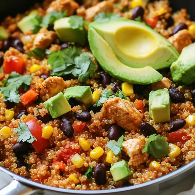 To make the Southwest Chicken Quinoa Skillet, you need a few key ingredients. Each one adds flavor and nutrition. Here’s what you’ll need: - 1 cup quinoa, rinsed - 2 cups chicken broth - 1 pound boneless, skinless chicken breast, diced - 1 tablespoon olive oil - 1 red bell pepper, chopped - 1 cup corn (fresh or frozen) - 1 can (15 oz) black beans, rinsed and drained - Spices and seasonings: ground cumin, smoked paprika, chili powder, cayenne pepper - Salt and black pepper to taste - 1 ripe avocado, sliced - Fresh cilantro and lime juice for garnishing Each ingredient plays a part in this dish. Quinoa acts as a base and provides protein. Chicken adds flavor and heartiness. The bell pepper and corn give bright colors and crunch. Black beans boost fiber and texture. The spices bring warmth and depth. You can play with the spice levels to suit your taste. The avocado and cilantro add freshness, making each bite delightful. With these simple ingredients, you can create a meal that is not only tasty but also healthy. Plus, it is quick to prepare, perfect for any day of the week. {{ingredient_image_2}} Start by rinsing the quinoa under cold water. This helps remove any bitter taste. Next, combine the rinsed quinoa and chicken broth in a medium saucepan. Turn the heat to medium-high and bring it to a boil. Once boiling, reduce the heat to low and cover the pan. Let it simmer for about 15 minutes. You know it’s done when the quinoa is tender and all the liquid has been absorbed. Fluff the quinoa gently with a fork and set it aside. In a large skillet, heat one tablespoon of olive oil over medium heat. Carefully add the diced chicken breast pieces to the skillet. Season the chicken with salt, black pepper, ground cumin, smoked paprika, chili powder, and cayenne pepper if you like a bit of heat. Cook the chicken for about 7 to 10 minutes. Stir occasionally until the chicken is browned and fully cooked. Now, add the chopped red bell pepper and corn to the skillet. Sauté these for 3 to 4 minutes until the bell pepper softens. Then, mix in the cooked quinoa and black beans. Stir everything gently to combine well. Cook for another 2 to 3 minutes. This step allows all the flavors to meld together beautifully. Remove the skillet from the heat and drizzle fresh lime juice on top. Toss in some chopped cilantro for a fresh burst. Serve hot, adding slices of avocado for creaminess. Enjoy your delicious Southwest Chicken Quinoa Skillet! - How to achieve perfectly cooked quinoa: Rinse the quinoa well before cooking. This removes the bitter coating. Use two cups of chicken broth for one cup of quinoa. Bring it to a boil, then lower the heat. Cover and let it simmer for about 15 minutes. When done, fluff it gently with a fork. - Best practices for sautéing chicken: Cut the chicken into small, bite-sized pieces. This helps it cook evenly. Heat olive oil in a large skillet. Add the chicken and season with salt, black pepper, and spices. Cook for 7-10 minutes, stirring often. This way, the chicken gets nice and brown while staying juicy. - Ideal side dishes or toppings: This dish stands out on its own. But you can serve it with a fresh salad or tortilla chips for crunch. You can also add a dollop of Greek yogurt or sour cream for creaminess. - Garnishing for enhanced visual appeal: Top each serving with avocado slices and chopped cilantro. This adds color and freshness. A squeeze of lime juice brightens the flavors too. - Additional spices or ingredients for a kick: If you like heat, add more cayenne or chili powder. You can also try adding jalapeños or hot sauce for extra spice. - Recommendations for heat adjustments: Adjust the cayenne pepper to suit your taste. For a milder dish, leave it out entirely. Always taste as you go! Pro Tips Perfectly Cooked Quinoa: Rinse the quinoa thoroughly before cooking to remove any bitterness. This step enhances the flavor and gives a fluffier texture. Chicken Browning: Allow the chicken to sear properly in the skillet before stirring. This creates a delicious crust and locks in moisture, making your chicken more flavorful. Vegetable Freshness: Add the bell pepper and corn towards the end of the cooking process to maintain their vibrant colors and crisp texture, enhancing the dish's overall appeal. Avocado Serving: For easier slicing, use a sharp knife and cut the avocado in half, removing the pit. Slice while still in the skin and scoop out with a spoon for perfectly shaped pieces. {{image_4}} You can switch chicken for turkey if you like. Turkey has a similar taste and texture. If you want a plant-based option, try tofu. Just press it to remove extra water before cooking. For black beans, you can use pinto beans or kidney beans. They offer a different flavor but still work well in this dish. If you prefer baking, you can make this meal in the oven. After cooking the chicken, mix all ingredients in a baking dish. Cover it and bake at 350°F for 25 minutes. For an Instant Pot version, add all ingredients to the pot. Cook on high pressure for 10 minutes. Let it release naturally for 5 minutes before serving. This dish is easy to make gluten-free. Just ensure the chicken broth is gluten-free. For a vegetarian or vegan meal, skip the chicken and add more beans or veggies. You can also add mushrooms for a meaty texture. This way, everyone can enjoy a flavorful power meal. Store your Southwest Chicken Quinoa Skillet in airtight containers. Glass containers work best. They keep food fresh and let you see what's inside. You can keep it in the fridge for up to three days. If you want to store it longer, put it in the freezer. It can last for up to three months in the freezer. To reheat, you have two main options: the microwave or the stovetop. For the microwave, put your portion in a bowl. Heat on high for about two minutes. Stir halfway through to make sure it heats evenly. For stovetop, add your skillet back to medium heat. Stir while cooking for about five minutes. This helps keep the texture nice and fresh. You can prep the ingredients ahead of time. Rinse the quinoa and chop the bell pepper and chicken. Store them in separate containers in the fridge. This way, you can quickly assemble your meal on busy nights. Just cook the quinoa and chicken, add the veggies, and you’re ready to eat! You will know quinoa is done when it is soft and fluffy. The grains will look like tiny spirals. All the liquid should be absorbed. It usually takes about 15 minutes to cook quinoa. After cooking, fluff it gently with a fork. This helps separate the grains and makes it light. Yes, you can use other beans. Some great options are pinto beans or kidney beans. Chickpeas also work well if you want a different texture. Just rinse and drain them like you do with black beans. Choose the beans you like best for a tasty twist. This dish pairs well with a simple green salad. You can also serve it with tortilla chips for crunch. For a bit of spice, add salsa or hot sauce on the side. If you want something creamy, guacamole is a great choice. These sides enhance the meal and add fun flavor. By using fresh ingredients and following these steps, you can make a flavorful Southwest Chicken Quinoa Skillet. Cook the quinoa, sauté the chicken, and mix in colorful veggies for a delicious meal. Remember, you can customize this dish with different proteins or spices. Store leftovers easily and reheat for a quick lunch or dinner. Enjoy experimenting with variations and serving suggestions. This dish is not just tasty; it’s also healthy and satisfying. Happy cooking!