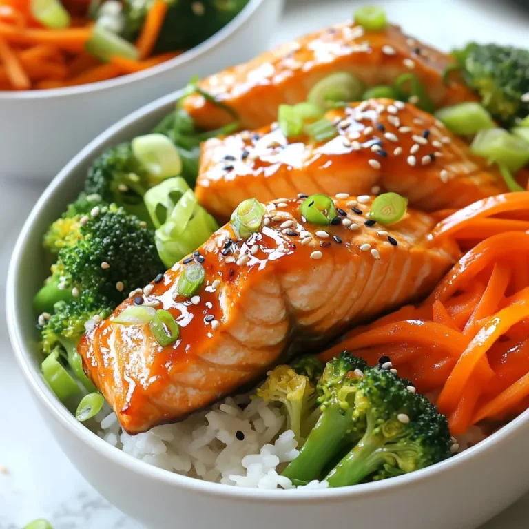 - 2 fresh salmon fillets - 1 cup cooked jasmine rice - 1 cup broccoli florets - 1 red bell pepper, thinly sliced - 1 medium carrot, peeled and julienned - 3 tablespoons low-sodium soy sauce - 2 tablespoons honey - 1 tablespoon rice vinegar - 1 tablespoon sesame oil - 2 green onions, finely chopped - Sesame seeds for garnish - Lime wedge (optional) In this tasty dish, fresh salmon is the star. You want good-quality salmon fillets for the best flavor. I love using bright, crisp vegetables like broccoli, red bell pepper, and carrot. They add color and crunch. Cook jasmine rice to create the perfect base for your bowl. The teriyaki sauce combines soy sauce, honey, rice vinegar, and sesame oil. This mix brings a sweet and savory taste that pairs well with salmon. The garnishes are a must. Chopped green onions and sesame seeds give the dish a lovely finish. A lime wedge adds a zesty kick, making each bite even better. Enjoy this fresh and flavorful meal idea! {{ingredient_image_2}} To start, grab a small mixing bowl. In it, whisk together these ingredients: - 3 tablespoons low-sodium soy sauce - 2 tablespoons honey - 1 tablespoon rice vinegar - 1 teaspoon minced garlic - 1 teaspoon freshly grated ginger Mix them well until everything blends. Set this teriyaki sauce aside for later use. Next, heat 1 tablespoon of sesame oil in a non-stick skillet over medium heat. When the oil is hot, gently place the salmon fillets skin-side down in the pan. Let them cook undisturbed for about 4 to 5 minutes. This helps the skin get nice and crispy. After that, carefully turn the salmon fillets over. Pour half of the teriyaki sauce over the top of the fish. Cook for another 3 to 4 minutes. Make sure to baste the salmon with the sauce a few times. It will be done when the fish flakes easily with a fork. While the salmon cooks, prepare your veggies. Take 1 cup of broccoli florets, 1 red bell pepper (thinly sliced), and 1 medium carrot (peeled and julienned). Place them in a pot to steam. Steam the vegetables for about 5 minutes. You want them to be tender but still vibrant in color. Now it’s time to put everything together. Start by placing ½ cup of cooked jasmine rice into each bowl. This will be your warm base. On top of the rice, arrange the steamed vegetables to make the bowl colorful. Then, add a salmon fillet on top of the vegetables in each bowl. Finally, drizzle the remaining teriyaki sauce over everything. To finish, sprinkle chopped green onions and sesame seeds on top. This adds flavor and a nice crunch. Enjoy creating this fresh and delicious teriyaki salmon bowl! To cook salmon well, timing is key. If your fillets are thick, cook them longer. Thinner fillets need less time. Generally, you should cook salmon for about 4-5 minutes on one side and 3-4 minutes on the other. For crispy skin, start by placing the salmon skin-side down in a hot pan. Don't move it for the first few minutes. This helps the skin get nice and crunchy. To boost flavor, try adjusting the teriyaki sauce. Add more honey for sweetness, or more soy sauce for saltiness. You can also make it spicy by adding fresh minced ginger and garlic. Both bring warmth and depth to your dish. When you serve your bowls, think about how they look. Place the jasmine rice in the center. Then, layer the colorful veggies on one side and the salmon on the other. Drizzle with teriyaki sauce for a shiny finish. For extra flair, add sesame seeds and chopped green onions on top. A lime wedge on the side adds a pop of color and flavor. Enjoy the vibrant look of your meal! Pro Tips Fresh Salmon Selection: Choose bright pink salmon fillets with firm flesh and a clean ocean smell for the best flavor and texture. Perfectly Cooked Salmon: Cook the salmon skin-side down for a crispy texture and only flip it once to keep it intact and moist. Colorful Veggies: For an appealing look, use a variety of colorful vegetables and arrange them in a pattern on the rice. Extra Sauce Option: If you love a saucier dish, double the teriyaki sauce recipe to drizzle more over your bowl. {{image_4}} You can switch salmon for chicken or tofu. Chicken thighs work well and have rich flavor. For a plant-based option, try firm tofu. - Cooking chicken: Sear it in sesame oil until golden. Cook until it reaches 165°F. - Cooking tofu: Press to remove water, then cut into cubes. Sauté in oil and add teriyaki sauce. These swaps give you tasty options for every diet. Feel free to add other vegetables to your bowls. Snap peas, zucchini, or bok choy are great choices. You can also use seasonal veggies. - Spring: Asparagus or peas add freshness. - Summer: Grilled corn or cherry tomatoes enhance color. - Fall: Roasted squash or Brussels sprouts add hearty flavor. Using seasonal vegetables keeps your dish vibrant and nutritious. You can spice up your teriyaki sauce. Adding chili paste gives it a kick. Mix in a teaspoon for a fiery touch. For those avoiding gluten, try tamari instead of soy sauce. It has a similar taste and works well in this recipe. These simple changes keep your meal interesting and full of flavor. To store leftover salmon bowls, let them cool first. Place them in an airtight container. This keeps them fresh and tasty. A good rule is to eat them within three days. The salmon stays good for about two days. The rice and veggies can last up to three days. When you reheat salmon, you want to keep it moist. The stovetop method works best. Heat a small pan over low heat. Add a splash of water and cover. This creates steam and warms the salmon gently. If you use a microwave, heat in short bursts. Cover the bowl to keep moisture in. Check often to avoid drying out. Yes, you can freeze teriyaki salmon bowls! However, it is best to freeze components separately. The salmon can last up to three months in the freezer. The rice and veggies also freeze well for about two months. To freeze, wrap each item tightly in plastic wrap. Then, place them in freezer bags. When ready to eat, thaw in the fridge overnight before reheating. You can enhance your Teriyaki Salmon Bowls with tasty side dishes. Here are some ideas: - Edamame for a protein boost. - Seaweed salad for a fresh crunch. - Pickled vegetables for a tangy kick. - Sliced cucumbers for a cool contrast. For drinks, try these pairings: - Green tea for a soothing sip. - Sparkling water with lemon for a refreshing lift. - Light beer for a touch of malt. To make more servings, simply scale up your ingredients. Here’s how: - Use twice the amount of salmon and rice for four servings. - Double the vegetables for a colorful mix. Keep an eye on cooking time. Larger portions may need a few extra minutes. Always check your salmon with a fork to see if it flakes easily. Yes, you can prep this recipe ahead of time. Here are some meal prep tips: - Cook the salmon and veggies, then store them in separate containers. - Prepare the rice and let it cool before storing. To store, keep each component in airtight containers. They stay fresh in the fridge for up to three days. For reheating, use the microwave on low power. You can also reheat on the stovetop. Just add a splash of water to keep things moist. You now know how to make teriyaki salmon bowls. We covered fresh ingredients, essential sauces, and how to cook everything perfectly. Remember to adjust flavors and use different proteins or veggies if you like. Storing and reheating your meals properly keeps them tasty. This dish is easy to customize and share. Enjoy making and eating it!