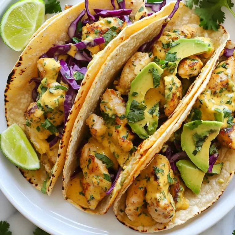 To make these tacos, you need a few key items: - 2 boneless, skinless chicken breasts, diced into bite-sized pieces - 1 can (14 oz) of full-fat coconut milk - 2 tablespoons fresh lime juice - 1 tablespoon finely grated lime zest - 8 small corn tortillas These ingredients create a juicy and creamy base for your tacos. The chicken pairs perfectly with coconut milk and lime, giving it a tropical twist. The right spices make your dish pop. Here are the ones you’ll use: - 1 teaspoon ground cumin - 1 teaspoon smoked paprika - 1 teaspoon garlic powder - ½ teaspoon cayenne pepper (or adjust to your taste) - Salt and pepper, to taste Cumin and smoked paprika add depth. Garlic powder brings out the flavor. The cayenne gives a nice kick if you like heat. Toppings bring color and crunch. Consider these: - 1 cup red cabbage, finely shredded - ½ cup fresh cilantro, chopped - 1 ripe avocado, sliced into wedges - Lime wedges, for serving The red cabbage adds a crisp texture. Cilantro gives a fresh taste. Avocado adds creaminess, while lime wedges add zesty flavor when you squeeze them on top. These toppings complete your taco experience. {{ingredient_image_2}} First, take your diced chicken breasts and place them in a large bowl. Add the can of coconut milk, fresh lime juice, and lime zest. Then, sprinkle in the ground cumin, smoked paprika, garlic powder, and cayenne pepper. Don’t forget to add salt and pepper to taste. Mix everything well so the chicken is fully coated. Cover the bowl with plastic wrap and let it sit in the fridge. I recommend marinating for at least 30 minutes. If you have time, let it marinate for up to 2 hours. This step is key for deep flavor. Next, heat a large skillet over medium heat. Once the skillet is hot, pour the marinated chicken and all the coconut sauce into the pan. Cook for about 10 to 12 minutes. Stir it occasionally to ensure even cooking. The chicken will change color and become firm. You want it to be no longer pink inside. The sauce will thicken as it cooks, creating a rich mix. Once done, remove it from the heat. While the chicken cooks, prepare your corn tortillas. Heat another skillet over low heat. Place one tortilla in the pan for about 30 seconds, then flip it. Warm each side until soft and pliable. It does not take long, so keep an eye on them. Once warm, stack the tortillas and wrap them in a clean kitchen towel. This keeps them warm and ready for filling. Now it’s time to build your tacos! Take one warm tortilla and add a generous spoonful of the coconut-lime chicken mixture to the center. Next, top it with a handful of shredded red cabbage. Then, sprinkle some fresh chopped cilantro over it. Add a few slices of creamy avocado next. Finally, serve your tacos with lime wedges on the side. Squeeze fresh lime juice over the top for a burst of flavor. Enjoy your tropical meal! To keep the chicken juicy, marinate it well. Use full-fat coconut milk for richness. Let it soak in the fridge for at least 30 minutes. This allows the flavors to blend deeply. Cook it just until it's no longer pink. Overcooking makes chicken dry. Stir it often for even cooking and to keep moisture in. Warming tortillas is easy. Use a dry skillet on low heat. Heat each tortilla for about 30 seconds on each side. This makes them soft and pliable. If you have a clean kitchen towel, wrap the tortillas in it. This keeps them warm until you're ready to serve. You can also use an oven set to low if you have many tortillas. Want to add more flavor? Try these tips. Add more lime juice for a zesty kick. You can also mix in fresh herbs like mint or basil. For heat, increase the cayenne pepper. If you like sweetness, add a pinch of sugar or honey. Each tweak makes the dish your own. Enjoy experimenting with flavors that you love! Pro Tips Marinate for Maximum Flavor: Allow the chicken to marinate for at least 30 minutes, but for best results, let it soak in the coconut milk mixture for up to 2 hours to fully absorb the flavors. Perfectly Cooked Chicken: Ensure the chicken is cooked through by checking that it reaches an internal temperature of 165°F (75°C) for safe consumption. Warm Tortillas Properly: Warm your corn tortillas in a dry skillet, as this helps to enhance their flavor and texture, making them more pliable for filling. Add Extra Crunch: For added texture, consider including toppings like diced radishes or crispy tortilla strips along with the cabbage and avocado. {{image_4}} You can change the chicken to shrimp or pork. Both options add new tastes. Use coconut milk as the base for any protein. Try adding a splash of pineapple juice for a sweet twist. You can also switch lime for lemon. This change gives a bright zing to the dish. To make tacos vegan, use jackfruit or tofu instead of chicken. Jackfruit has a meaty texture and absorbs flavors well. Marinate it just like you would the chicken. For tofu, use firm tofu and cube it before cooking. Add fresh lime juice and spices for great taste. You can make these tacos in different styles. Use lettuce wraps for a fresh, low-carb option. You can also use flour tortillas for a softer bite. Try serving the filling over rice for a taco bowl. This gives you a fun twist on the classic dish. To store leftover coconut lime chicken tacos, first let them cool down. Place the chicken mixture in an airtight container. You can keep it in the fridge for up to three days. Store the tortillas separately to avoid them getting soggy. Wrap them in foil or plastic wrap. This will help keep them fresh. When you’re ready to eat the leftovers, you have a few options. For the best taste, reheat the chicken in a skillet. Heat it over medium heat until warmed through. Stir occasionally to ensure even heating. If you prefer the microwave, place the chicken in a microwave-safe bowl. Cover it with a damp paper towel. Heat in 30-second bursts until hot. Warm the tortillas in a skillet or microwave before serving. If you want to freeze the coconut lime chicken mixture, do it right after cooking. Let it cool first, then place it in a freezer-safe container. It can last in the freezer for up to three months. When you're ready to eat, thaw it in the fridge overnight. Reheat it in a skillet, just like you would with leftovers. Then, enjoy your tasty meal! To add heat, use cayenne pepper. Start with half a teaspoon. If you want more spice, add another half teaspoon. You can also use fresh chopped jalapeños or a spicy salsa. These options give a nice kick and enhance the flavors of the dish. Yes! You can use shrimp, pork, or beef. Just adjust the cooking time. Cook shrimp for about 5-7 minutes. For pork or beef, ensure they reach the right temperature. This keeps your tacos tasty and safe to eat. Pair your tacos with rice or beans for a filling meal. A fresh salad with lime vinaigrette works well too. You can also serve some tortilla chips with salsa or guacamole. These sides add fun and flavor to your meal. Use corn tortillas, which are naturally gluten-free. Check labels on any added sauces or toppings. Ensure they are gluten-free too. This way, you can enjoy your tacos without worry. Coconut lime chicken tacos are both tasty and simple. We covered key ingredients like chicken and seasonings. I shared step-by-step cooking tips to keep the chicken juicy. Variations help everyone enjoy this dish, from vegan substitutes to spicy tweaks. Proper storage keeps leftovers fresh for later. Experiment and make it your own! Enjoy every bite and have fun creating your perfect taco.