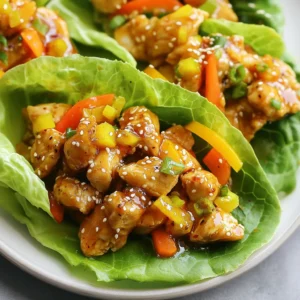 To create these tasty wraps, you need: - 1 lb chicken breast, diced into bite-sized pieces - 1/4 cup soy sauce (or low-sodium soy sauce for a healthier option) - 2 tablespoons honey, for sweetness - 1 tablespoon rice vinegar, to balance the flavors - 1 tablespoon sesame oil, for a nutty aroma - 1 tablespoon fresh ginger, minced finely - 2 cloves garlic, minced - 1/2 cup bell pepper, diced (mix of colors for visual appeal) - 1/2 cup carrots, grated - 1/4 cup green onions, sliced thinly - 1 head of butter or romaine lettuce, carefully separated into individual leaves - Sesame seeds for garnish These ingredients come together to create a bright and flavorful dish. The chicken absorbs the sweet soy sauce and honey. The ginger and garlic add depth. The crunchy vegetables give great texture. You can switch things up with these options: - Chicken: Use turkey or tofu for a different protein. - Sauce: Try coconut aminos instead of soy sauce for a different taste. - Veggies: Add cucumber or radishes for extra crunch. - Sweetener: Instead of honey, use maple syrup for a vegan choice. These changes let you customize the wraps to your taste. You can adapt the recipe based on what you have on hand. To make this dish lighter: - Use low-sodium soy sauce to cut down on salt. - Swap out honey for agave syrup or stevia to reduce sugar. - Add more vegetables like spinach or zucchini to increase nutrients. - Use leafy greens like kale instead of lettuce for more fiber. These healthier swaps keep the dish delicious while improving its nutrition. You can enjoy these wraps guilt-free! {{ingredient_image_2}} To start, gather your ingredients. In a medium bowl, mix together: - 1/4 cup soy sauce - 2 tablespoons honey - 1 tablespoon rice vinegar - 1 tablespoon sesame oil - 1 tablespoon minced ginger - 2 cloves minced garlic Whisk these well until they blend smoothly. This marinade gives your chicken great flavor. Next, take 1 pound of diced chicken breast. Add it to the marinade in the bowl. Make sure each piece is coated well. Cover the bowl and let it sit in the fridge for at least 15 minutes. This helps the flavors soak in deep. After marinating, heat a large pan over medium-high heat. Add the marinated chicken and all the marinade. Cook for about 7 to 10 minutes. Stir occasionally until the chicken is cooked through. Use a thermometer to check that it reaches 165°F (75°C). Then, add in: - 1/2 cup diced bell pepper - 1/2 cup grated carrots Sauté this mix for another 2 to 3 minutes. The veggies should be soft but still crunchy. Once your chicken and veggies are ready, take a sturdy lettuce leaf. Spoon in a good amount of the chicken mixture. Don’t overfill it. To finish, sprinkle some sesame seeds on top for extra flavor. Now, fold the lettuce leaf around the filling. Enjoy your wraps as a tasty and healthy treat! To get the best flavor from your chicken, marinate it well. Mix the soy sauce, honey, rice vinegar, sesame oil, ginger, and garlic in a bowl. Make sure to coat all the chicken pieces. This helps the chicken soak up all the taste. Let the chicken sit in the fridge for at least 15 minutes. If you have time, longer marinating adds even more flavor. Cook the chicken until it reaches 165°F (75°C). This keeps it safe and juicy. When serving, use crisp lettuce leaves. Butter or romaine lettuce works best. Arrange the wraps on a platter for a nice look. Add extra sesame seeds and sliced green onions for garnish. Serve a small bowl of extra sauce on the side. This lets everyone add more flavor to their wraps. You can also serve these wraps with a side of rice or a fresh salad. You can make your wraps even better by adding toppings. Consider adding chopped nuts for crunch, like peanuts or cashews. You could also use sliced cucumbers for a fresh bite. A drizzle of spicy mayo can add a nice kick. For a fruity twist, try adding mango or pineapple chunks. These options let you customize your wraps to fit your taste. Enjoy experimenting with different toppings! Pro Tips Marinate Longer for Flavor Boost: For an even deeper flavor, let the chicken marinate for 30 minutes to 1 hour in the refrigerator. This allows the marinade to penetrate the meat more thoroughly. Use Fresh Ingredients: Whenever possible, opt for fresh ginger and garlic instead of powdered versions. The vibrant flavors will enhance the overall taste of your teriyaki chicken. Customize Your Veggies: Feel free to add or substitute other vegetables such as diced zucchini, mushrooms, or snap peas. This not only adds color but also boosts the nutritional value of your wraps. Make It a Meal Prep Option: These lettuce wraps can be prepped in advance. Store the chicken mixture and lettuce leaves separately in airtight containers for a quick and healthy meal throughout the week. {{image_4}} You can swap chicken for other proteins. Try diced turkey for a leaner option. Shrimp also works well with teriyaki sauce. Just cook shrimp until pink. Beef is another choice; use flank steak, thinly sliced. Cook it quickly over high heat for best results. If you prefer a vegetarian dish, use tofu or tempeh. Press tofu to remove excess water, then dice it. Marinate it like you would chicken. Cook until golden brown for added texture. You can add mushrooms for a meaty flavor. They absorb the teriyaki sauce beautifully. To make this dish gluten-free, use tamari instead of soy sauce. It has a similar taste and works well in marinades. Always check labels on other sauces and ingredients. Many brands offer gluten-free options. Enjoy the same great flavors without worry. To keep your teriyaki chicken lettuce wraps fresh, follow these steps: - Place any leftover chicken mixture in an airtight container. - Store the lettuce leaves separately to keep them crisp. - Refrigerate both for up to three days. When you are ready to enjoy the leftovers, here’s how to reheat: - Heat the chicken mixture in a pan over medium heat. - Stir occasionally until it warms through, about 5 minutes. - Avoid reheating the lettuce; use fresh leaves for wraps. If you want to save some wraps for later, freezing works well. Here’s how: - Cool the chicken mixture completely before freezing. - Use a freezer-safe container or bag to store it. - Label and date the container. It can last up to three months. - Thaw in the fridge overnight before reheating. These storage tips will help you enjoy your teriyaki chicken lettuce wraps even longer! Yes, you can prepare many parts ahead. You can marinate the chicken in advance. Let it sit in the fridge for up to 24 hours. You can also chop the veggies and store them in the fridge. Just wait to assemble the wraps until you are ready to eat. This keeps the lettuce fresh and crisp. I recommend using butter or romaine lettuce. Both have sturdy leaves that hold the filling well. Butter lettuce is soft and sweet. Romaine gives a nice crunch. You can also use iceberg lettuce, but it is not as flavorful. Choose leaves that are large enough to hold the filling without tearing. Leftovers can last in the fridge for about three days. Store the chicken and veggies in an airtight container. Keep the lettuce separate to prevent it from wilting. When ready to eat, simply reheat the chicken and veggies. Fresh lettuce makes the wraps taste better. Yes, using store-bought teriyaki sauce is a great option. It saves time and still tastes good. Look for low-sodium options to keep it healthier. Just be aware that some sauces can be sweeter. Adjust the honey in your recipe if needed. Teriyaki chicken lettuce wraps are fun and easy to make. We went over main ingredients and tasty substitutes. I shared steps to marinate, cook, and assemble your wraps. You learned tips for perfect chicken and serving ideas. Variations offer choices for meat lovers and vegetarians alike. Lastly, I covered how to store your leftovers. Try making your own wraps at home for quick meals. Easy recipes like this can lead to many tasty dinners. Enjoy cooking!