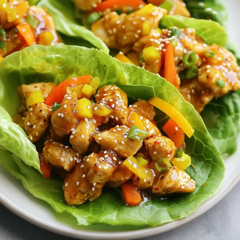 To create these tasty wraps, you need: - 1 lb chicken breast, diced into bite-sized pieces - 1/4 cup soy sauce (or low-sodium soy sauce for a healthier option) - 2 tablespoons honey, for sweetness - 1 tablespoon rice vinegar, to balance the flavors - 1 tablespoon sesame oil, for a nutty aroma - 1 tablespoon fresh ginger, minced finely - 2 cloves garlic, minced - 1/2 cup bell pepper, diced (mix of colors for visual appeal) - 1/2 cup carrots, grated - 1/4 cup green onions, sliced thinly - 1 head of butter or romaine lettuce, carefully separated into individual leaves - Sesame seeds for garnish These ingredients come together to create a bright and flavorful dish. The chicken absorbs the sweet soy sauce and honey. The ginger and garlic add depth. The crunchy vegetables give great texture. You can switch things up with these options: - Chicken: Use turkey or tofu for a different protein. - Sauce: Try coconut aminos instead of soy sauce for a different taste. - Veggies: Add cucumber or radishes for extra crunch. - Sweetener: Instead of honey, use maple syrup for a vegan choice. These changes let you customize the wraps to your taste. You can adapt the recipe based on what you have on hand. To make this dish lighter: - Use low-sodium soy sauce to cut down on salt. - Swap out honey for agave syrup or stevia to reduce sugar. - Add more vegetables like spinach or zucchini to increase nutrients. - Use leafy greens like kale instead of lettuce for more fiber. These healthier swaps keep the dish delicious while improving its nutrition. You can enjoy these wraps guilt-free! {{ingredient_image_2}} To start, gather your ingredients. In a medium bowl, mix together: - 1/4 cup soy sauce - 2 tablespoons honey - 1 tablespoon rice vinegar - 1 tablespoon sesame oil - 1 tablespoon minced ginger - 2 cloves minced garlic Whisk these well until they blend smoothly. This marinade gives your chicken great flavor. Next, take 1 pound of diced chicken breast. Add it to the marinade in the bowl. Make sure each piece is coated well. Cover the bowl and let it sit in the fridge for at least 15 minutes. This helps the flavors soak in deep. After marinating, heat a large pan over medium-high heat. Add the marinated chicken and all the marinade. Cook for about 7 to 10 minutes. Stir occasionally until the chicken is cooked through. Use a thermometer to check that it reaches 165°F (75°C). Then, add in: - 1/2 cup diced bell pepper - 1/2 cup grated carrots Sauté this mix for another 2 to 3 minutes. The veggies should be soft but still crunchy. Once your chicken and veggies are ready, take a sturdy lettuce leaf. Spoon in a good amount of the chicken mixture. Don’t overfill it. To finish, sprinkle some sesame seeds on top for extra flavor. Now, fold the lettuce leaf around the filling. Enjoy your wraps as a tasty and healthy treat! To get the best flavor from your chicken, marinate it well. Mix the soy sauce, honey, rice vinegar, sesame oil, ginger, and garlic in a bowl. Make sure to coat all the chicken pieces. This helps the chicken soak up all the taste. Let the chicken sit in the fridge for at least 15 minutes. If you have time, longer marinating adds even more flavor. Cook the chicken until it reaches 165°F (75°C). This keeps it safe and juicy. When serving, use crisp lettuce leaves. Butter or romaine lettuce works best. Arrange the wraps on a platter for a nice look. Add extra sesame seeds and sliced green onions for garnish. Serve a small bowl of extra sauce on the side. This lets everyone add more flavor to their wraps. You can also serve these wraps with a side of rice or a fresh salad. You can make your wraps even better by adding toppings. Consider adding chopped nuts for crunch, like peanuts or cashews. You could also use sliced cucumbers for a fresh bite. A drizzle of spicy mayo can add a nice kick. For a fruity twist, try adding mango or pineapple chunks. These options let you customize your wraps to fit your taste. Enjoy experimenting with different toppings! Pro Tips Marinate Longer for Flavor Boost: For an even deeper flavor, let the chicken marinate for 30 minutes to 1 hour in the refrigerator. This allows the marinade to penetrate the meat more thoroughly. Use Fresh Ingredients: Whenever possible, opt for fresh ginger and garlic instead of powdered versions. The vibrant flavors will enhance the overall taste of your teriyaki chicken. Customize Your Veggies: Feel free to add or substitute other vegetables such as diced zucchini, mushrooms, or snap peas. This not only adds color but also boosts the nutritional value of your wraps. Make It a Meal Prep Option: These lettuce wraps can be prepped in advance. Store the chicken mixture and lettuce leaves separately in airtight containers for a quick and healthy meal throughout the week. {{image_4}} You can swap chicken for other proteins. Try diced turkey for a leaner option. Shrimp also works well with teriyaki sauce. Just cook shrimp until pink. Beef is another choice; use flank steak, thinly sliced. Cook it quickly over high heat for best results. If you prefer a vegetarian dish, use tofu or tempeh. Press tofu to remove excess water, then dice it. Marinate it like you would chicken. Cook until golden brown for added texture. You can add mushrooms for a meaty flavor. They absorb the teriyaki sauce beautifully. To make this dish gluten-free, use tamari instead of soy sauce. It has a similar taste and works well in marinades. Always check labels on other sauces and ingredients. Many brands offer gluten-free options. Enjoy the same great flavors without worry. To keep your teriyaki chicken lettuce wraps fresh, follow these steps: - Place any leftover chicken mixture in an airtight container. - Store the lettuce leaves separately to keep them crisp. - Refrigerate both for up to three days. When you are ready to enjoy the leftovers, here’s how to reheat: - Heat the chicken mixture in a pan over medium heat. - Stir occasionally until it warms through, about 5 minutes. - Avoid reheating the lettuce; use fresh leaves for wraps. If you want to save some wraps for later, freezing works well. Here’s how: - Cool the chicken mixture completely before freezing. - Use a freezer-safe container or bag to store it. - Label and date the container. It can last up to three months. - Thaw in the fridge overnight before reheating. These storage tips will help you enjoy your teriyaki chicken lettuce wraps even longer! Yes, you can prepare many parts ahead. You can marinate the chicken in advance. Let it sit in the fridge for up to 24 hours. You can also chop the veggies and store them in the fridge. Just wait to assemble the wraps until you are ready to eat. This keeps the lettuce fresh and crisp. I recommend using butter or romaine lettuce. Both have sturdy leaves that hold the filling well. Butter lettuce is soft and sweet. Romaine gives a nice crunch. You can also use iceberg lettuce, but it is not as flavorful. Choose leaves that are large enough to hold the filling without tearing. Leftovers can last in the fridge for about three days. Store the chicken and veggies in an airtight container. Keep the lettuce separate to prevent it from wilting. When ready to eat, simply reheat the chicken and veggies. Fresh lettuce makes the wraps taste better. Yes, using store-bought teriyaki sauce is a great option. It saves time and still tastes good. Look for low-sodium options to keep it healthier. Just be aware that some sauces can be sweeter. Adjust the honey in your recipe if needed. Teriyaki chicken lettuce wraps are fun and easy to make. We went over main ingredients and tasty substitutes. I shared steps to marinate, cook, and assemble your wraps. You learned tips for perfect chicken and serving ideas. Variations offer choices for meat lovers and vegetarians alike. Lastly, I covered how to store your leftovers. Try making your own wraps at home for quick meals. Easy recipes like this can lead to many tasty dinners. Enjoy cooking!
