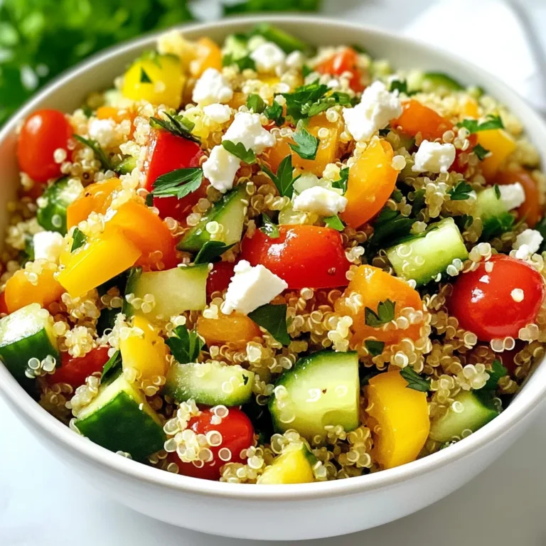- Quinoa and Broth - 1 cup quinoa - 2 cups vegetable broth or water - Fresh Vegetables - 1 large cucumber, diced - 1 bell pepper (choose red or yellow), diced - 1 cup cherry tomatoes, halved - 1/4 red onion, finely chopped - Herbs and Dressing - 1/2 cup fresh parsley, chopped - 1/4 cup fresh mint, chopped - Zest and juice of 1 large lemon - 3 tablespoons extra virgin olive oil - Salt and freshly ground black pepper to taste - Optional Ingredients - 1/4 cup feta cheese, crumbled When making Lemon Herb Quinoa Salad, each ingredient adds a unique taste. Quinoa serves as the base. It is protein-rich and gluten-free. Vegetable broth or water cooks the quinoa. This step creates a flavorful grain. Fresh vegetables bring crunch and color. The cucumber adds a cool taste. Bell peppers offer sweetness. Cherry tomatoes provide juicy bursts. Red onion gives a sharp note that balances the salad. Herbs like parsley and mint add freshness. They enhance the salad's aroma and flavor. The dressing mixes lemon zest, lemon juice, and olive oil. This tangy and bright blend ties everything together. For added flavor, you can sprinkle feta cheese. This creamy cheese balances the salad’s freshness. Enjoy the burst of flavors in every bite! {{ingredient_image_2}} - Rinsing the Quinoa Start by rinsing 1 cup of quinoa under cold water. Use a fine mesh strainer. This step removes any bitterness. Make sure it drains well after rinsing. - Cooking the Quinoa In a medium saucepan, add the rinsed quinoa and 2 cups of vegetable broth or water. Bring this mixture to a boil. Once it's boiling, lower the heat to a simmer. Cover the pot and let it cook for about 15 minutes. The quinoa will absorb all the liquid and become fluffy. After cooking, take it off the heat. Let it sit, covered, for 5 more minutes to steam. Fluff it with a fork and set it aside to cool. - Fluffing and Cooling After the quinoa has cooled slightly, it will be ready to mix into your salad. - Combining Fresh Vegetables In a large mixing bowl, add the diced cucumber, diced bell pepper, halved cherry tomatoes, finely chopped red onion, chopped parsley, and chopped mint. Toss them gently to mix. - Adding Quinoa to the Mix Once the quinoa is cool, add it to the bowl of fresh vegetables. This will build the base of your salad. - Mixing Lemon Zest and Juice In a small bowl or jar, zest 1 large lemon. Then squeeze the lemon to get its juice. - Whisking the Dressing Ingredients Add the lemon zest and juice to the bowl. Then, pour in 3 tablespoons of extra virgin olive oil. Season with a pinch of salt and pepper. Whisk until all the ingredients blend well. - Drizzling the Dressing Drizzle the dressing over the quinoa salad mix. This adds bright flavor. - Tossing the Salad Toss everything together gently. This helps to coat all the ingredients evenly with the dressing. If you like, you can sprinkle crumbled feta cheese on top. Adjust the seasoning if needed. Enjoy your fresh and flavorful Lemon Herb Quinoa Salad! Avoiding Bitterness To avoid bitterness, always rinse your quinoa. Place it in a fine mesh strainer. Run cold water over it for a couple of minutes. This step washes off the saponins, which cause that bitter taste. It’s simple but very important! Achieving Fluffiness To get fluffy quinoa, use the right water ratio. For every cup of quinoa, use two cups of liquid. After boiling, simmer it gently. Let it steam for five minutes after cooking. Then, fluff it with a fork. These steps make the quinoa light and airy. Best Times to Enjoy This salad shines in spring and summer. Fresh veggies are at their best. The bright lemon flavor feels refreshing. Serve it at picnics or barbecues. It’s a perfect side dish or a light meal. Meal Prep Ideas You can make this salad ahead of time. It stays good in the fridge for a few days. Pack it for lunches or quick dinners. Just store the dressing separately. Add it right before eating for maximum freshness. Seasoning Options Feel free to play with the seasoning. Add more salt or pepper if you like. A pinch of garlic powder can enhance the taste. You can also add a splash of hot sauce for some heat. Alternative Dressings If you want a different dressing, try balsamic vinegar. It gives a sweet twist. You can also use yogurt for creaminess. Experiment with your favorite flavors to make it your own! Pro Tips Rinse the Quinoa: Always rinse quinoa under cold water before cooking to remove its natural coating, called saponin, which can impart a bitter taste. Cooling the Quinoa: Allow the cooked quinoa to cool slightly before mixing it with the vegetables to prevent wilting and ensure the salad stays fresh and crisp. Fresh Herbs: Use fresh herbs for the best flavor. If possible, chop them just before adding to the salad to maximize their aroma and taste. Adjust to Taste: Taste the salad before serving and feel free to adjust the seasoning with more salt, pepper, or lemon juice to suit your preference. {{image_4}} Swap for Different Grains If you want a twist, try other grains. You can use farro, barley, or even brown rice. Each grain brings a unique texture and flavor. Adding Protein Options Boost the protein in your salad. Add chickpeas, black beans, or diced chicken. These options make the salad more filling and tasty. Introducing Spices Want to spice things up? Add cumin, paprika, or chili flakes. A pinch of these spices can elevate your dish and add warmth. Using Different Herbs Switch up the herbs for a new flavor. Try basil, cilantro, or dill. Each herb adds its own special taste and aroma to the salad. Serving Styles Serve the salad in a big bowl for sharing. You can also put it in individual cups for a fun touch at parties. This makes it easy to grab and enjoy. Garnishing Options Garnish with extra herbs or lemon slices. A sprinkle of seeds or nuts adds crunch. These finishing touches make your salad look and taste amazing. - Ideal Storage Containers: Use airtight containers to keep your salad fresh. Glass or plastic containers work well. - Duration of Freshness: The salad stays good for up to four days in the fridge. After that, the veggies may lose their crunch. - Best Practices for Quality: Since this salad is best served cold, I recommend enjoying it straight from the fridge. If you prefer it warm, heat the quinoa only, then mix it back in. - Serving Suggestions for Leftovers: Pair the salad with grilled chicken or fish for a hearty meal. You can also add it to wraps or pita pockets for a tasty lunch. You can make this salad vegan by simply omitting the feta cheese. The salad still tastes great without it. You can add extra herbs or nuts for flavor and texture. Instead of feta cheese, you can try using avocado or a dairy-free cheese. These options add creaminess without the dairy. You can also skip cheese entirely for a lighter salad. This salad lasts about three to four days in the fridge. Store it in an airtight container for best freshness. Always check for any off smells before eating. Yes! You can make this salad a day ahead. Just keep the dressing separate until you are ready to serve. This keeps the salad fresh and crunchy. Quinoa is a superfood rich in protein and fiber. It helps keep you full and provides energy. It also contains vitamins and minerals, making it a great choice for any meal. This blog post covered how to make a tasty quinoa salad. We explored the key ingredients, step-by-step instructions, and tips for success. You learned how to cook quinoa, mix fresh veggies, and whip up a zesty dressing. We also discussed variations and how to store leftovers for later. Incorporating quinoa into your meals offers health benefits and delightful flavors. Don't be afraid to experiment with your ingredients and adjust flavors. Enjoy your salad adventure!