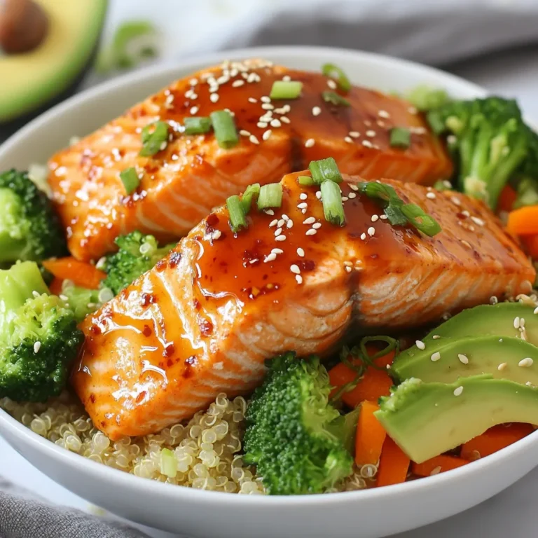 - 2 fresh salmon fillets (6 oz each) - 1/4 cup low-sodium soy sauce - 2 tablespoons honey - 1 tablespoon sesame oil - 1 tablespoon rice vinegar - 1 teaspoon fresh ginger, finely grated - 1 teaspoon garlic, finely minced - 1 cup quinoa or brown rice, cooked - 1 cup broccoli florets, trimmed - 1/2 cup carrots, thinly sliced - 1/2 ripe avocado, carefully sliced - 2 green onions, finely chopped - Sesame seeds, for garnish - Salt and pepper, to taste - Red pepper flakes for heat - Lime juice for a tangy twist - Cashews for crunch - Cilantro for freshness These optional ingredients can take your teriyaki salmon bowls to another level. A sprinkle of red pepper flakes can add a nice kick. Fresh lime juice brightens the dish. Cashews give a crunchy texture, while cilantro adds a fresh note. - Calories: 550 - Protein: 30g - Carbohydrates: 50g - Fat: 25g - Fiber: 9g - Sodium: 600mg This meal is packed with protein and healthy fats. The fiber from quinoa and veggies helps keep you full. It’s a great choice for a balanced dinner. {{ingredient_image_2}} To make the teriyaki sauce, gather your ingredients. You need low-sodium soy sauce, honey, sesame oil, rice vinegar, ginger, and garlic. In a small bowl, whisk them together until smooth. This sauce adds a sweet and savory flavor to the salmon. It is easy to make and brings everything together. Now, take your fresh salmon fillets. Place them skin-side down in a shallow dish. Pour half of the teriyaki sauce over the fillets. Make sure they are well-coated. Cover the dish with plastic wrap and let it marinate for at least 15 minutes. This step is key for flavor. While the salmon marinates, cook your grains. You can use quinoa or brown rice. Follow the package instructions for cooking time. Once done, fluff it with a fork. Next, steam the broccoli and carrots in a steaming pot for about 5-7 minutes. They should be tender but still bright and crunchy. Heat a non-stick skillet over medium heat. Place the marinated salmon fillets skin-side down in the skillet. Cook for 4-5 minutes. Gently flip them and cook for another 4-5 minutes. Brush the fillets with the remaining teriyaki sauce while cooking. Once cooked, the salmon should flake easily. To assemble the bowls, start with a layer of quinoa or rice as the base. Next, add the steamed broccoli and carrots around the grains. Finally, place a perfectly cooked salmon fillet on top of the vegetables. For the final touch, slice half an avocado and place it on the side of the bowl. Sprinkle chopped green onions over the salmon. Finish with a light dusting of sesame seeds. This adds flavor and makes the dish look beautiful. For extra flavor, drizzle any leftover teriyaki sauce before serving. The best way to cook salmon is in a skillet. A non-stick skillet keeps the fish from sticking and makes cleanup easy. You can also bake or grill salmon for a tasty flavor. Baking will keep the fish tender and juicy. Grilling adds a nice char and smokiness. I suggest marinating the salmon for at least 15 minutes. This time lets the flavors soak in. If you have more time, marinating for 30 minutes to an hour works even better. Just remember not to marinate too long. The soy sauce can make the fish too salty. For fluffy quinoa or rice, follow the package cooking instructions. Rinse the grains before cooking to remove extra starch. This step helps achieve a light texture. After cooking, let the grains sit for 5 minutes, then fluff them with a fork. This makes the rice or quinoa nice and airy. Pro Tips Use Fresh Ingredients: Always opt for fresh salmon and vibrant vegetables to enhance the flavor and nutritional value of your dish. Adjust the Marinade: Feel free to tweak the teriyaki sauce ingredients to suit your taste—add more honey for sweetness or extra ginger for a spicy kick! Perfectly Cooked Salmon: Cook salmon skin-side down first; this helps to keep the fillet moist and allows the skin to crisp up beautifully. Meal Prep Friendly: Prepare extra quinoa or brown rice and vegetables to use for meal prep throughout the week. They pair well with various proteins! {{image_4}} You can swap salmon for other proteins. Chicken breast works well with teriyaki sauce. Just marinate and cook it like you do with salmon. Tofu is another great choice. It soaks up the sauce nicely. Use firm tofu for the best texture. Cook it until golden for a nice crunch. Shrimp is also a fun option. Just be sure to adjust cooking times, as shrimp cooks quickly. To make this dish vegan, replace salmon with jackfruit or tempeh. Jackfruit has a meaty texture and absorbs flavors well. Marinate it in the same teriyaki sauce. For tempeh, steam it first for a softer bite. Then, marinate and cook it as you would with salmon. You can also use cauliflower steaks. They grill nicely and add a great flavor. Feel free to mix and match your veggies. Bell peppers add a sweet crunch. Snap peas bring a fresh taste. Zucchini or squash can be sliced and steamed, too. You can also include edamame for a protein boost. Just be creative with what you have! The goal is to keep the colors bright and flavors bold. Remember to steam or sauté until tender but crisp. Enjoy the variety! To keep your teriyaki salmon bowls fresh, store the leftovers in an airtight container. Place the salmon, quinoa or rice, and vegetables in separate sections if possible. This keeps the flavors intact. You can store the leftovers in the fridge for up to three days. When you're ready to enjoy the leftovers, use a microwave or a skillet. If using a microwave, heat for one minute, then stir and heat in 30-second bursts until warm. If using a skillet, add a splash of water and cover. Heat over medium-low until everything warms up. This keeps the salmon moist. You can freeze the individual parts of the teriyaki salmon bowls. Make sure to use freezer-safe containers. Store the salmon, grains, and veggies in separate bags or containers. They can last up to three months in the freezer. When you're ready to eat, thaw in the fridge overnight. Then, reheat as mentioned above. This makes meal prep easy and delicious! Yes, you can use other sauces. Soy sauce, hoisin, or a sweet chili sauce work well too. Each sauce brings a unique flavor. Experimenting can add fun twists to your dish. If you like a spicy kick, try sriracha mixed with soy sauce. Just make sure to balance flavors with sweetness or acidity. Many side dishes complement Teriyaki Salmon Bowls. Here are a few ideas: - Steamed edamame - Cucumber salad - Miso soup - Pickled vegetables These sides add freshness and crunch. They also enhance the meal’s overall taste. To make more servings, simply increase the ingredients. Use a larger amount of salmon and grains. For example, use four salmon fillets if serving four people. Adjust the sauce too. A double batch of the teriyaki sauce works well. Keep the ratio of sauce to salmon the same for the best flavor. Yes, you can prepare parts ahead of time. Cook the grains and steam the veggies in advance. Store them in the fridge for up to three days. You can also marinate the salmon earlier. For the best taste, cook the salmon fresh right before serving. This keeps it tender and flaky. This blog post covered making Teriyaki Salmon Bowls from start to finish. We discussed key ingredients, step-by-step cooking methods, and useful tips for success. You learned about variations for protein and vegetables, plus storage options. Experimenting with flavors will make this dish your own. Enjoy your cooking journey and try new things along the way. These bowls are not just tasty; they’re easy and fun to make. With practice, you’ll find what works best for you and your family.