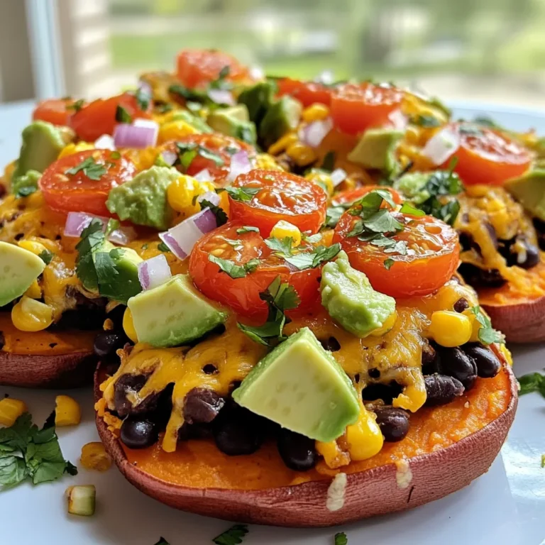 - 2 large sweet potatoes, carefully sliced into 1/4-inch thick rounds - 1 cup canned black beans, thoroughly drained and rinsed - 1 cup fresh or frozen corn kernels - 1 cup shredded cheddar cheese (or a delicious dairy-free alternative) - 1 tablespoon extra virgin olive oil - 1 teaspoon smoky paprika - 1 teaspoon garlic powder - Sea salt and freshly cracked black pepper to taste - 1 ripe avocado, diced into bite-sized pieces - 1/2 cup cherry tomatoes, cut in half - 1/4 cup red onion, finely diced - Fresh cilantro leaves for a pop of color and flavor - Optional: Sour cream or Greek yogurt for serving - Optional: Lime wedges to brighten the dish In this recipe, I focus on the sweet potatoes. They are the star of the show. Their natural sweetness pairs well with savory toppings. I slice them thinly to ensure a great crunch. The black beans and corn add protein and texture. This makes every bite satisfying. Next, I sprinkle on smoky paprika and garlic powder. These spices enhance the flavor of the sweet potatoes. A touch of sea salt and black pepper brings it all together. Use good quality olive oil for roasting. It helps the sweet potatoes crisp up nicely. For toppings, I choose fresh ingredients. Diced avocado adds creaminess. Cherry tomatoes offer a burst of juicy goodness. Red onions give a nice crunch and bite. Finishing with fresh cilantro adds a bright note. Optional sour cream or Greek yogurt can give a creamy touch if desired. Lime wedges brighten the taste and make it fun. Gathering these ingredients makes the nachos colorful and tasty. Each element plays a role in creating a crunchy and flavorful delight. {{ingredient_image_2}} First, slice the sweet potatoes into 1/4-inch thick rounds. Use a sharp knife for even cuts. Next, place the slices on a large baking sheet. Drizzle with 1 tablespoon of extra virgin olive oil. Then, sprinkle on 1 teaspoon of smoky paprika and 1 teaspoon of garlic powder. Add sea salt and freshly cracked black pepper to taste. Toss the slices gently until they are all coated. This step brings out the flavors. Now, preheat your oven to 425°F (220°C). This temperature helps the sweet potatoes roast perfectly. Arrange the slices in a single layer on the baking sheet. Roast them for about 20-25 minutes. Flip the slices halfway through to ensure even cooking. They should be tender and slightly crispy when done. Once the sweet potatoes are roasted, take them out of the oven. Start layering your nachos. First, evenly spread 1 cup of drained black beans over the sweet potatoes. Next, add 1 cup of corn kernels. Finally, sprinkle 1 cup of shredded cheddar cheese on top. Make sure each sweet potato slice gets some toppings. This layering creates a great taste in every bite. Return the baking sheet to the oven. Bake for an additional 5-7 minutes. Keep an eye on the cheese. You want it to melt and bubble up. This step makes the nachos gooey and delicious. After the cheese melts, take the nachos out of the oven. Add the fresh toppings next. Start with 1 ripe avocado, diced into bite-sized pieces. Then, scatter 1/2 cup of halved cherry tomatoes and 1/4 cup of finely diced red onion on top. This adds crunch and freshness to your dish. For the final touch, sprinkle fresh cilantro leaves over the nachos. This adds color and flavor. Serve with lime wedges on the side. A dollop of sour cream or Greek yogurt also adds creaminess. Enjoy your loaded sweet potato nachos! To avoid sogginess, make sure to slice the sweet potatoes evenly. Aim for 1/4-inch thick rounds. This size helps them cook well. Drizzle them with olive oil and seasonings, then toss gently. Lay them out flat on the baking sheet. To ensure crispiness, roast at 425°F (220°C). Flip the slices halfway through cooking. This helps them brown evenly. Check for a tender inside and a crispy outside when they are done. For the best melting, I recommend using cheddar cheese. It melts well and tastes great. You can also try Monterey Jack for a creamy texture. If you need a vegan option, look for dairy-free cheese made from nuts. Some brands melt well and provide a nice flavor. Always check the package for melting tips. Serve your loaded nachos on a large platter for style. Layer them nicely, showing off the colorful toppings. Garnish with cilantro for a fresh look. Add lime wedges on the side. This gives a bright touch and allows guests to add flavor as they wish. Pro Tips Choose Sweet Potatoes Wisely: Opt for firm, unblemished sweet potatoes for the best flavor and texture. Even Slicing is Key: Ensure all sweet potato slices are uniform in thickness for even roasting. Layering for Success: Layer your toppings evenly to ensure every bite is packed with flavor! Fresh Ingredients Shine: Use ripe, fresh avocado and vibrant tomatoes for the best taste and presentation. {{image_4}} You can make Loaded Sweet Potato Nachos fit your needs. Here are two easy options: - Gluten-free options: Sweet potatoes are naturally gluten-free. So, all the toppings work well. Just check labels on beans and any sauces to make sure they are also gluten-free. - Dairy-free alternatives: To avoid dairy, use a plant-based cheese. There are many great brands available. You can also skip cheese and use a rich avocado sauce instead. Adding new flavors can make your nachos more fun. Here are some ideas: - Adding spices for heat: Mix in some chili powder or jalapeños to add heat. This can easily make your nachos spicy and exciting. - Different bean or cheese choices: Try pinto beans or even chickpeas for a twist. For cheese, you can use pepper jack or a smoky cheese for a unique flavor. You can take your nachos to a whole new level with themes. Here are a couple of ideas: - Mexican-style toppings: Add salsa, sliced radishes, or pickled onions for a fresh taste. These toppings add color and flavor. - Tex-Mex fusion ideas: Swap the sweet potatoes for tortilla chips. Top with barbecue sauce, pulled pork, and coleslaw for a fun twist. It’s a great way to mix flavors. To keep your nachos fresh, use airtight containers. Glass or plastic containers work well. Store them in the fridge for up to three days. If you want to freeze leftovers, place them in freezer bags. Squeeze out as much air as you can before sealing. They can last up to three months in the freezer. For the best taste, use the oven to reheat. Preheat it to 350°F (175°C). Place the nachos on a baking sheet and cover them with foil. Bake for about 10-15 minutes. This keeps them crunchy. If you use the microwave, heat in short bursts. This method can make them soggy. Prep your sweet potatoes ahead. Slice them and store in water to prevent browning. Cook your black beans and corn in advance. You can also shred cheese and chop toppings early. When it’s time to eat, simply layer and bake. This saves time and makes serving easy! Yes, you can make Loaded Sweet Potato Nachos ahead of time. Here are some tips: - Prep the sweet potatoes: Slice and season them. Store in the fridge until ready. - Cook the nachos: Roast the sweet potatoes and layer toppings. Bake right before serving. - Keep toppings separate: Store fresh toppings like avocado and tomatoes in airtight containers. If you don't have sweet potatoes, here are some tasty alternatives: - Regular potatoes: Use Yukon gold or russet potatoes for a classic taste. - Zucchini: Slice zucchini into rounds for a lighter option. - Butternut squash: Use roasted butternut squash for a sweet twist. You can easily make these nachos healthier with a few swaps: - Use less cheese: Try a smaller amount of cheese or a dairy-free option. - Add more veggies: Mix in bell peppers, spinach, or jalapeños for crunch. - Choose low-sodium beans: Select low-sodium black beans to cut down on salt. Yes! You can personalize your nachos with these topping ideas: - Protein boost: Add grilled chicken, ground turkey, or tofu. - Spice it up: Top with jalapeños or hot sauce for heat. - Creative flavors: Use salsa, guacamole, or pickled onions for added zest. In this post, we explored how to make Loaded Sweet Potato Nachos. We discussed the main ingredients, seasoning, and toppings for this dish. The step-by-step guide showed how to prep, layer, and cook. I shared tips for perfect roasting and melting cheese. We also covered variations, storage, and FAQs. Now, you have all the tools to create your own fun and tasty nachos. Enjoy experimenting and make them your own!