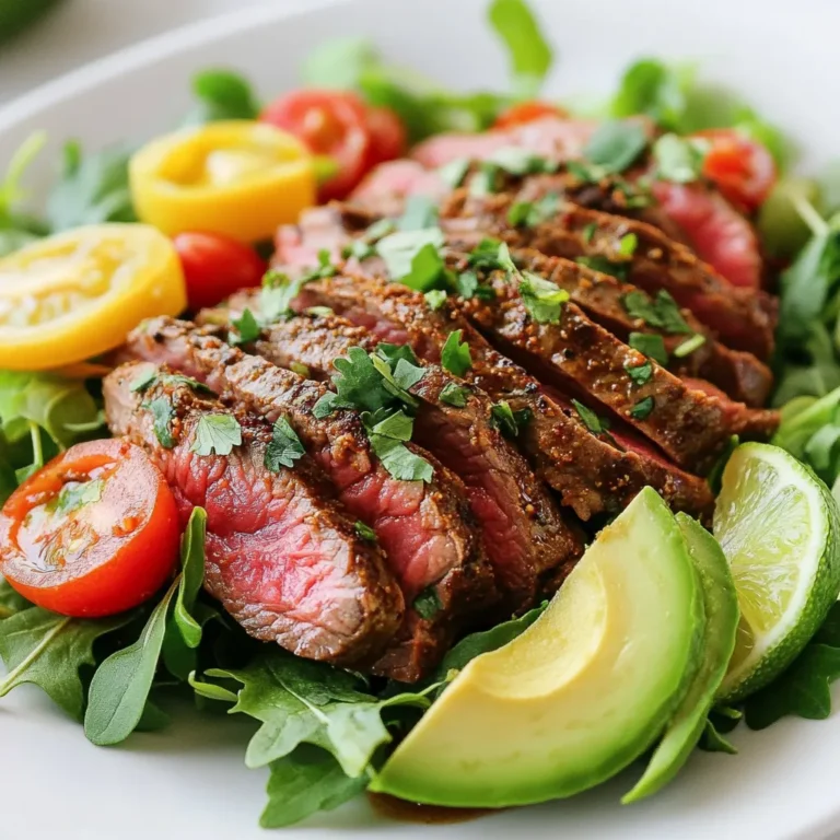 - 1 lb flank steak - Mixed salad greens (arugula, baby spinach, romaine) - 1 tablespoon chili powder - 1 teaspoon ground cumin - 1 teaspoon garlic powder - 1 teaspoon onion powder - Juice of 2 fresh limes - 2 tablespoons extra virgin olive oil - Salt and freshly cracked black pepper to taste - 1 cup cherry tomatoes, halved - 1 ripe avocado, sliced - 1/2 cup red onion, thinly sliced - Fresh cilantro leaves for garnish In this salad, the main star is the flank steak. It brings rich flavor and a great texture. The mixed salad greens add freshness and crunch. I love using a mix of arugula, baby spinach, and romaine. This blend gives the salad a nice depth. For the marinade, we use simple spices that pack a punch. Chili powder gives heat, while cumin adds a warm, earthy taste. Garlic and onion powder enhance the overall flavor. Fresh lime juice adds brightness, making everything come alive. Olive oil helps blend it all together and adds a smooth finish. The toppings are where the salad shines. Cherry tomatoes bring sweetness and color. Avocado adds creaminess, while red onion gives a bit of sharpness. Finally, fresh cilantro adds a burst of flavor. This combination makes every bite a delight. You can see how each ingredient plays a role in this dish. It's not just a salad; it's a celebration of flavors! {{ingredient_image_2}} Whisk together the following ingredients in a bowl: - 1 tablespoon chili powder - 1 teaspoon ground cumin - 1 teaspoon garlic powder - 1 teaspoon onion powder - Juice of 2 fresh limes - 2 tablespoons extra virgin olive oil - Salt and freshly cracked black pepper to taste Mix until you see a smooth blend. This marinade adds a zesty kick to the steak. Take 1 lb flank steak and coat it evenly in the marinade. Ensure every part has flavor. Place the steak in a shallow dish or a resealable plastic bag. Seal the dish or bag, and refrigerate. Let it marinate for at least 30 minutes. For the best taste, let it sit for up to 2 hours. Preheat your grill or grill pan over medium-high heat. Make sure it is hot before cooking. Remove the steak from the marinade, letting the extra drip off. Place it on the grill. Cook for about 4-5 minutes on each side for a medium-rare steak. Adjust the cooking time based on how you like it cooked. After cooking, set the steak aside to rest for about 5 minutes. This helps the juices stay inside. In a large bowl, mix together the salad greens. Use about 4 cups of mixed greens like arugula, baby spinach, and chopped romaine. Add in: - 1 cup cherry tomatoes, halved - 1 ripe avocado, sliced - 1/2 cup red onion, thinly sliced Toss everything gently to mix. Now, slice the rested steak thinly against the grain. Arrange the steak on top of the salad mixture. Drizzle any leftover marinade over the steak if you like. Finally, garnish with fresh cilantro leaves for a colorful touch. This salad is now ready to impress! For great steak, cook it to your desired doneness. Here are some cooking times: - Medium-Rare: 4-5 minutes per side - Medium: 5-6 minutes per side - Medium-Well: 6-7 minutes per side Always let the steak rest after cooking. This step is key for juicy meat. Let it rest for about 5 minutes. This allows the juices to move back into the meat. To boost flavor, consider adding spices. Try smoked paprika, oregano, or cayenne for extra kick. Fresh herbs like basil or thyme work well too. If you have leftover marinade, use it wisely. You can drizzle it over the salad. Just make sure to heat it first to kill any bacteria. Plating is important for a great look. Use a large, shallow bowl. Neatly arrange the steak slices on top of the salad. This creates a beautiful layer. Add garnishes for extra appeal. Fresh cilantro leaves add a nice touch. Lime wedges also brighten the dish. These simple steps make your meal look restaurant-worthy! Pro Tips Marinate Longer for More Flavor: For the best flavor, let the steak marinate for at least 2 hours. If time allows, marinating overnight will enhance the taste even more. Let the Steak Rest: After grilling, always let the steak rest for about 5 minutes. This helps the juices redistribute, resulting in a more tender and juicy steak. Slice Against the Grain: When slicing the steak, be sure to cut against the grain. This will ensure each slice is tender and easy to chew. Fresh Ingredients Make a Difference: Using fresh, high-quality ingredients for your salad will elevate the dish. Opt for ripe avocados and vibrant greens for the best results. {{image_4}} You can switch flank steak with other proteins. Chicken is a great option. It cooks fast and absorbs flavor well. Just marinate it like the steak. Shrimp also works nicely. It cooks quickly on the grill, too. For a vegetarian choice, try grilled tofu. Tofu takes on flavors from the marinade, making it tasty and filling. Dressings can change the salad's taste. A citrus vinaigrette adds a zesty kick. It pairs well with the steak's spices. Creamy avocado dressing is another choice. It adds a rich, smooth flavor that complements the salad. You can also try a yogurt-based dressing for a fresh twist. Using seasonal ingredients can enhance your salad. In spring, add fresh peas or asparagus. In summer, ripe peaches or berries can brighten the dish. Fall brings in roasted squash, and winter calls for hearty greens. Adjust your salad based on what is fresh and available. This not only tastes better but also supports local farms. To keep your salad fresh, store it in an airtight container. Make sure you separate the greens from the steak. This way, the greens stay crisp. You can keep the salad in the fridge for up to three days. After that, the greens may wilt. You can freeze the cooked steak but not the salad greens. Wrap the steak tightly in plastic wrap, then place it in a freezer bag. It will stay good for up to three months. When you're ready to eat, thaw it in the fridge overnight. To reheat, place the steak in a hot skillet for a few minutes on each side. This warms it up without drying it out. Avoid reheating the greens. Instead, serve them fresh for the best taste. When you're ready to enjoy leftovers, reassemble the salad. Place fresh greens in a bowl, add the steak, and top with tomatoes and avocado. You can drizzle lime juice for extra flavor. Pair this salad with simple sides like crusty bread or corn on the cob. These sides balance the meal while keeping it light. Enjoy your fresh and vibrant meal! You can boost the marinade with herbs and spices. Try adding: - Cumin - Paprika - Fresh garlic - Fresh cilantro - Oregano These additions add depth and warmth. You can also use lime zest for a bright kick. Adjust to your taste and enjoy the extra flavor. Yes, you can make the salad in advance. Here are some tips: - Prepare the salad greens and toppings separately. - Store them in airtight containers. - Assemble the salad just before serving. This keeps the greens crisp. The flavors will mix well when combined later. There are many great sides to pair with this salad. Here are a few ideas: - Grilled corn on the cob - Black bean quesadillas - Rice or quinoa - Fresh fruit salad - Light beers or citrus drinks These sides complement the salad's flavors well. Choosing the right steak cut is key for this salad. Here are some good options: - Flank steak: Juicy and flavorful, perfect for grilling. - Skirt steak: Tender and great for marinating. - Sirloin: Leaner but still tasty when cooked well. Each cut has its unique taste. Pick one that you enjoy! This recipe for Chili Lime Steak Salad highlights key ingredients, easy steps, and helpful tips. From marinating the flank steak to choosing the best toppings, you can create a delicious meal. Remember to store and reheat properly for maximum flavor. Experiment with alternative proteins and dressings to make the dish your own. With simple adjustments, you can enjoy a fresh and tasty salad every time. Embrace these ideas, and you’ll impress your family and friends!