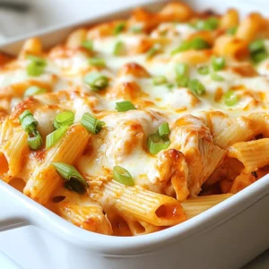 For your Buffalo Chicken Pasta Bake, gather these tasty items: - 2 cups cooked pasta (penne or rotini work well) - 2 cups shredded cooked chicken (grilled or rotisserie is best) - 1 cup buffalo sauce (use more or less for spice) - 1 cup creamy ricotta cheese - 1 cup shredded mozzarella cheese (plus extra for topping) - 1/2 cup grated Parmesan cheese - 1/4 cup sour cream - 1 teaspoon garlic powder - 1 teaspoon onion powder - Salt and freshly ground black pepper, to taste - 2 green onions, thinly sliced (for garnish) If you need to swap ingredients, here are some ideas: - Use any small pasta shape if you don&rsquo;t have penne or rotini. - Substitute shredded turkey for chicken for a different taste. - Swap buffalo sauce with barbecue sauce for less heat. - Use cottage cheese instead of ricotta for a lighter option. - Try cheddar cheese instead of mozzarella for a sharper flavor. To ensure your dish tastes great, follow these tips: - Choose fresh green onions with bright green tops for the best flavor. - Use cooked chicken that is moist and tender; rotisserie chicken is a great choice. - Check the expiration date on sauces and dairy products before using. - Freshly shredded cheese melts better than pre-shredded varieties. - For pasta, cook it al dente so it holds up well in the bake. This tasty dish is all about using fresh and flavorful ingredients. Enjoy your cooking! {{ingredient_image_2}} First, you need to set the stage. Preheat your oven to 350&deg;F (175&deg;C). This step is key for even cooking. While the oven heats, gather your ingredients. Grab 2 cups of cooked pasta, 2 cups of shredded chicken, and your buffalo sauce. The flavor of the sauce is vital, so pick one you love. You'll also need ricotta, mozzarella, Parmesan, sour cream, garlic powder, onion powder, salt, and pepper. Now comes the fun part! In a large mixing bowl, combine the cooked pasta and shredded chicken. Pour in 1 cup of buffalo sauce. This gives the dish its signature kick. Next, add 1 cup of creamy ricotta cheese and 1/2 cup of shredded mozzarella cheese. Don&rsquo;t forget the 1/4 cup of sour cream! Then, sprinkle in 1 teaspoon of garlic powder and 1 teaspoon of onion powder. Season it with salt and pepper to your taste. Use a spatula or spoon to mix everything well. You want each piece of pasta and chicken coated in that spicy goodness. Next, transfer your mixture into a greased 9x13 inch baking dish. Spread it out evenly. This helps with cooking. Now, top it off with the remaining mozzarella and the grated Parmesan cheese. This layer creates a cheesy crust that everyone loves. Cover the dish with aluminum foil to avoid burning the cheese. Place it in the oven and bake for 20 minutes. After that, carefully remove the foil and bake for another 10-15 minutes. You want the cheese to melt and turn golden brown. Once it looks perfect, take it out and let it cool for a few minutes. Right before serving, sprinkle sliced green onions on top for a fresh touch. Enjoy your delicious Buffalo Chicken Pasta Bake! To control the heat in your Buffalo Chicken Pasta Bake, you can modify the buffalo sauce amount. Start with one cup, then taste the mix. If you want more spice, add extra sauce. You can also use milder buffalo sauce brands for a gentler kick. For a cooler meal, swap some sauce for more sour cream. This will still give flavor but reduce heat. A creamy texture makes this dish stand out. Use ricotta cheese, which blends well with other ingredients. Adding sour cream helps too. Be sure to mix everything well for even creaminess. If the texture seems thick, a splash of chicken broth or milk can help. Just add a little at a time until you reach your desired creaminess. One common mistake is not mixing well. If you don't combine the ingredients, some bites will be dry. Another mistake is overbaking. Keep an eye on the cheese to avoid burning. Also, don&rsquo;t skip the foil. It keeps the cheese from getting too brown too fast. Lastly, remember to let the dish cool a bit before serving. This helps with cutting and serving. Pro Tips Choose the Right Pasta: Opt for pasta shapes like penne or rotini that hold the sauce well, ensuring each bite is flavorful. Adjust Spice Level: Tailor the amount of buffalo sauce to your heat preference; start with less and add more for extra kick. Perfect Cheese Blend: Combine mozzarella and Parmesan for a rich, gooey topping, but feel free to experiment with other cheeses like cheddar. Rest Before Serving: Allow the dish to cool for a few minutes after baking to let the flavors meld and make serving easier. {{image_4}} You can make a tasty vegetarian version of this dish. Replace the chicken with grilled veggies. Zucchini, bell peppers, and mushrooms work great. Use a plant-based buffalo sauce for flavor. You can also add chickpeas for protein. Mix all these ingredients with pasta, ricotta, and mozzarella. Bake as you would the original recipe. If you need a gluten-free dish, swap the pasta with gluten-free penne. Many brands offer great options. Make sure to check the buffalo sauce too. Some may contain gluten. With these swaps, you can enjoy a delicious meal without worry. Cheese can change the dish&rsquo;s taste and texture. Try using cheddar cheese for a sharper flavor. Alternatively, mix in some pepper jack for extra heat. You can also use cream cheese for a richer texture. Feel free to experiment with your favorite cheeses. Each combination will bring a new twist to your pasta bake. After enjoying your Buffalo Chicken Pasta Bake, let it cool first. Then, transfer leftovers into an airtight container. Make sure to cover it well to keep it fresh. You can store it in the fridge for up to three days. This way, the flavors stay tasty and vibrant. When you&rsquo;re ready to eat the leftovers, preheat your oven to 350&deg;F (175&deg;C). Place the pasta bake in an oven-safe dish. Cover it with foil to keep it moist. Heat for about 15-20 minutes, or until it's warm throughout. You can also use a microwave for a quicker option. Just heat in short bursts, stirring between, until hot. If you want to save some for later, freezing is a great choice. First, let the dish cool completely. Then, place it in a freezer-safe container or wrap it tightly with foil. You can freeze it for up to three months. When you're ready to enjoy it again, thaw in the fridge overnight. Reheat as directed above for a quick meal. No, using uncooked pasta is not best here. Cooking the pasta first helps it absorb the sauce. This way, the pasta becomes soft and flavorful. If you use uncooked pasta, it may not cook evenly. It might also soak up too much sauce and become dry. You can add more buffalo sauce to increase the heat. Start with an extra tablespoon and taste it. If you want more kick, try adding crushed red pepper flakes. You can also use a spicier brand of buffalo sauce. For an extra layer of flavor, mix in some jalape&ntilde;os or hot sauce. This dish goes well with several sides. Here are some great options: - Crisp celery sticks - Creamy ranch dressing - Fresh garden salad - Steamed broccoli - Garlic bread These sides balance the rich flavors of the pasta bake and add freshness to your meal. You learned about tasty ingredients, cooking steps, and valuable tips. Adjust spice levels and texture for your perfect dish. Try variations like vegetarian or gluten-free options for new flavors. Store leftovers properly to enjoy later. With these tips, you can make your Buffalo Chicken Pasta Bake shine every time. Happy cooking!