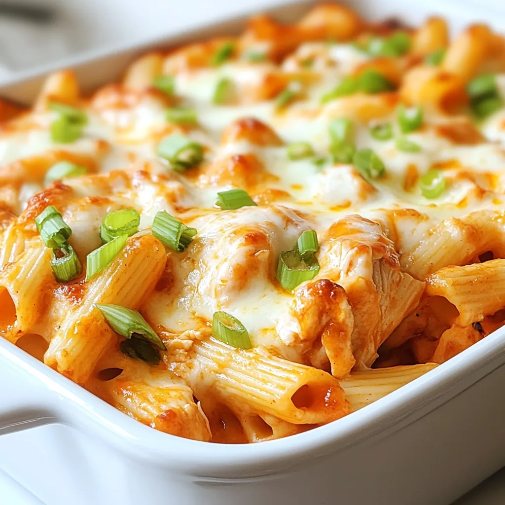 For your Buffalo Chicken Pasta Bake, gather these tasty items: - 2 cups cooked pasta (penne or rotini work well) - 2 cups shredded cooked chicken (grilled or rotisserie is best) - 1 cup buffalo sauce (use more or less for spice) - 1 cup creamy ricotta cheese - 1 cup shredded mozzarella cheese (plus extra for topping) - 1/2 cup grated Parmesan cheese - 1/4 cup sour cream - 1 teaspoon garlic powder - 1 teaspoon onion powder - Salt and freshly ground black pepper, to taste - 2 green onions, thinly sliced (for garnish) If you need to swap ingredients, here are some ideas: - Use any small pasta shape if you don’t have penne or rotini. - Substitute shredded turkey for chicken for a different taste. - Swap buffalo sauce with barbecue sauce for less heat. - Use cottage cheese instead of ricotta for a lighter option. - Try cheddar cheese instead of mozzarella for a sharper flavor. To ensure your dish tastes great, follow these tips: - Choose fresh green onions with bright green tops for the best flavor. - Use cooked chicken that is moist and tender; rotisserie chicken is a great choice. - Check the expiration date on sauces and dairy products before using. - Freshly shredded cheese melts better than pre-shredded varieties. - For pasta, cook it al dente so it holds up well in the bake. This tasty dish is all about using fresh and flavorful ingredients. Enjoy your cooking! {{ingredient_image_2}} First, you need to set the stage. Preheat your oven to 350°F (175°C). This step is key for even cooking. While the oven heats, gather your ingredients. Grab 2 cups of cooked pasta, 2 cups of shredded chicken, and your buffalo sauce. The flavor of the sauce is vital, so pick one you love. You'll also need ricotta, mozzarella, Parmesan, sour cream, garlic powder, onion powder, salt, and pepper. Now comes the fun part! In a large mixing bowl, combine the cooked pasta and shredded chicken. Pour in 1 cup of buffalo sauce. This gives the dish its signature kick. Next, add 1 cup of creamy ricotta cheese and 1/2 cup of shredded mozzarella cheese. Don’t forget the 1/4 cup of sour cream! Then, sprinkle in 1 teaspoon of garlic powder and 1 teaspoon of onion powder. Season it with salt and pepper to your taste. Use a spatula or spoon to mix everything well. You want each piece of pasta and chicken coated in that spicy goodness. Next, transfer your mixture into a greased 9x13 inch baking dish. Spread it out evenly. This helps with cooking. Now, top it off with the remaining mozzarella and the grated Parmesan cheese. This layer creates a cheesy crust that everyone loves. Cover the dish with aluminum foil to avoid burning the cheese. Place it in the oven and bake for 20 minutes. After that, carefully remove the foil and bake for another 10-15 minutes. You want the cheese to melt and turn golden brown. Once it looks perfect, take it out and let it cool for a few minutes. Right before serving, sprinkle sliced green onions on top for a fresh touch. Enjoy your delicious Buffalo Chicken Pasta Bake! To control the heat in your Buffalo Chicken Pasta Bake, you can modify the buffalo sauce amount. Start with one cup, then taste the mix. If you want more spice, add extra sauce. You can also use milder buffalo sauce brands for a gentler kick. For a cooler meal, swap some sauce for more sour cream. This will still give flavor but reduce heat. A creamy texture makes this dish stand out. Use ricotta cheese, which blends well with other ingredients. Adding sour cream helps too. Be sure to mix everything well for even creaminess. If the texture seems thick, a splash of chicken broth or milk can help. Just add a little at a time until you reach your desired creaminess. One common mistake is not mixing well. If you don't combine the ingredients, some bites will be dry. Another mistake is overbaking. Keep an eye on the cheese to avoid burning. Also, don’t skip the foil. It keeps the cheese from getting too brown too fast. Lastly, remember to let the dish cool a bit before serving. This helps with cutting and serving. Pro Tips Choose the Right Pasta: Opt for pasta shapes like penne or rotini that hold the sauce well, ensuring each bite is flavorful. Adjust Spice Level: Tailor the amount of buffalo sauce to your heat preference; start with less and add more for extra kick. Perfect Cheese Blend: Combine mozzarella and Parmesan for a rich, gooey topping, but feel free to experiment with other cheeses like cheddar. Rest Before Serving: Allow the dish to cool for a few minutes after baking to let the flavors meld and make serving easier. {{image_4}} You can make a tasty vegetarian version of this dish. Replace the chicken with grilled veggies. Zucchini, bell peppers, and mushrooms work great. Use a plant-based buffalo sauce for flavor. You can also add chickpeas for protein. Mix all these ingredients with pasta, ricotta, and mozzarella. Bake as you would the original recipe. If you need a gluten-free dish, swap the pasta with gluten-free penne. Many brands offer great options. Make sure to check the buffalo sauce too. Some may contain gluten. With these swaps, you can enjoy a delicious meal without worry. Cheese can change the dish’s taste and texture. Try using cheddar cheese for a sharper flavor. Alternatively, mix in some pepper jack for extra heat. You can also use cream cheese for a richer texture. Feel free to experiment with your favorite cheeses. Each combination will bring a new twist to your pasta bake. After enjoying your Buffalo Chicken Pasta Bake, let it cool first. Then, transfer leftovers into an airtight container. Make sure to cover it well to keep it fresh. You can store it in the fridge for up to three days. This way, the flavors stay tasty and vibrant. When you’re ready to eat the leftovers, preheat your oven to 350°F (175°C). Place the pasta bake in an oven-safe dish. Cover it with foil to keep it moist. Heat for about 15-20 minutes, or until it's warm throughout. You can also use a microwave for a quicker option. Just heat in short bursts, stirring between, until hot. If you want to save some for later, freezing is a great choice. First, let the dish cool completely. Then, place it in a freezer-safe container or wrap it tightly with foil. You can freeze it for up to three months. When you're ready to enjoy it again, thaw in the fridge overnight. Reheat as directed above for a quick meal. No, using uncooked pasta is not best here. Cooking the pasta first helps it absorb the sauce. This way, the pasta becomes soft and flavorful. If you use uncooked pasta, it may not cook evenly. It might also soak up too much sauce and become dry. You can add more buffalo sauce to increase the heat. Start with an extra tablespoon and taste it. If you want more kick, try adding crushed red pepper flakes. You can also use a spicier brand of buffalo sauce. For an extra layer of flavor, mix in some jalapeños or hot sauce. This dish goes well with several sides. Here are some great options: - Crisp celery sticks - Creamy ranch dressing - Fresh garden salad - Steamed broccoli - Garlic bread These sides balance the rich flavors of the pasta bake and add freshness to your meal. You learned about tasty ingredients, cooking steps, and valuable tips. Adjust spice levels and texture for your perfect dish. Try variations like vegetarian or gluten-free options for new flavors. Store leftovers properly to enjoy later. With these tips, you can make your Buffalo Chicken Pasta Bake shine every time. Happy cooking!