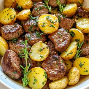 - 1 pound sirloin steak, cut into bite-sized cubes - 1 pound baby potatoes, halved - 4 tablespoons unsalted butter - 5 cloves garlic, minced - 1 teaspoon fresh rosemary, finely chopped - 1 teaspoon fresh thyme, finely chopped - Salt and pepper, to taste - 2 tablespoons olive oil - Fresh parsley, chopped for garnish When I prepare garlic butter steak and potatoes, I focus on using fresh ingredients. The sirloin steak is tender and flavorful. I cut it into bite-sized cubes for easy cooking and eating. Baby potatoes are my favorite choice because they cook quickly and have a nice texture. For the garlic butter, I use unsalted butter. It blends well with the steak and potatoes, giving a rich flavor. Minced garlic adds a wonderful aroma and taste. I always use fresh herbs like rosemary and thyme. They enhance the dish and create a lovely balance with the garlic. I season everything with salt and pepper. This simple step makes a big difference. Olive oil is a must for cooking the potatoes. It helps them brown nicely and adds flavor. Finally, I sprinkle fresh parsley on top for a pop of color and freshness. These ingredients come together to create a delicious meal. Each item plays a role in the overall flavor and texture. You will love how they work together in this skillet dish! {{ingredient_image_2}} - Heat a large skillet over medium heat. Add 2 tablespoons of olive oil. - Place the halved baby potatoes in the skillet. Season them with salt and pepper. - Cook for about 15-20 minutes. Stir them occasionally for even browning. - Once they are golden-brown and fork-tender, transfer the potatoes to a plate and set aside. - Increase the heat to medium-high in the same skillet. - Add 1 pound of cubed sirloin steak to the pan. Season it generously with salt and pepper. - Sear the steak for about 3-4 minutes. Stir occasionally to ensure even browning and tenderness. - Lower the heat back to medium. Sprinkle in 5 cloves of minced garlic and 1 teaspoon each of chopped rosemary and thyme. - Sauté for about 1 minute. This step releases a fragrant aroma. Be careful not to burn the garlic. - Introduce 4 tablespoons of unsalted butter into the skillet. - Stir well to mix the melted butter with the steak and herbs. Ensure everything is coated evenly and looks luscious. - Gently return the cooked potatoes to the skillet. - Mix everything together and heat through for another 2-3 minutes. - Remove the skillet from heat. Add freshly chopped parsley for garnish. - For a rustic look, serve the dish straight from the skillet. You can also portion it into bowls. Drizzle any remaining garlic butter on top. Enjoy your delicious creation! To make great steak, focus on doneness. I recommend using a meat thermometer for the best results. Aim for 130°F for medium-rare. For medium, go for 140°F. Searing is key to flavor. Start with a hot skillet. Place the steak in the pan without crowding. This helps it brown nicely. For even cooking, cut your potatoes into similar sizes. This ensures they cook at the same rate. Stir them every few minutes to promote browning. If you want to try something different, use Yukon Gold or red potatoes. They add a nice twist to the dish. Don't be shy with herbs and spices. Fresh parsley, oregano, or even a pinch of chili flakes can elevate your meal. For garlic butter variations, consider adding lemon zest or a splash of soy sauce. These small changes can bring new life to your dish! Pro Tips Choose the Right Cut: Opt for sirloin steak for its balance of flavor and tenderness, but feel free to substitute with ribeye or filet mignon for a richer taste. Perfect Potato Prep: Halve the baby potatoes to ensure they cook evenly and become beautifully golden-brown. A little extra salt during cooking enhances their flavor. Don’t Rush the Sear: Allow the steak to sear undisturbed for a few minutes to achieve a nice crust. Avoid overcrowding the pan to ensure even cooking. Herb Variations: Experiment with different herbs like thyme, oregano, or even fresh basil for a unique flavor profile that can elevate the dish. {{image_4}} You can easily make this dish gluten-free by using gluten-free products. Just check the labels on your butter and any seasonings. For a dairy-free option, substitute the unsalted butter with a plant-based alternative. This keeps the dish rich and creamy without dairy. If you’d like to swap out the meat, try chicken or shrimp. Both cook quickly and absorb the garlic butter well. For a vegetarian version, use tofu or tempeh instead of steak. Both options provide protein and texture. You don’t have to stick to baby potatoes. You can use Yukon gold or red potatoes. They add a different taste and texture. If you want something lower in carbs, try cauliflower. Simply steam it before adding it to the skillet. When it comes to steak, sirloin is great, but you can try flank or ribeye for more flavor. These cuts will still give you that tender bite you want. If you prefer leaner meat, opt for filet mignon. If you love a bit of heat, sprinkle in some chili flakes while cooking. This adds a nice kick without overpowering the dish. You can also try different herbs like basil or oregano. They change the flavor and make it unique. Add a splash of lemon juice for a zesty twist. It brightens up the rich garlic butter and makes each bite pop. Don't be afraid to experiment with spices you enjoy! Store your garlic butter steak and potatoes in an airtight container. This keeps the flavors fresh. Make sure to refrigerate within two hours of cooking. When you reheat, use a skillet over medium heat. This way, you bring back the tasty garlic butter flavor. Stir gently to avoid burning the potatoes. You can freeze leftovers for up to three months. Let the dish cool completely before packing it in freezer-safe bags. Make sure to squeeze out as much air as possible. When ready to eat, thaw overnight in the fridge. To reheat, use a skillet on low heat. Add a splash of water to help steam and warm it through. In the fridge, your garlic butter steak and potatoes last about three to four days. If frozen, they stay good for up to three months. Always check for signs of spoilage before eating. Enjoying your leftovers safely is key to a great meal experience! You can serve this dish with many sides. Here are some tasty options: - Steamed broccoli: This adds color and nutrients. - Green salad: A fresh salad balances the richness of the meal. - Garlic bread: Perfect for dipping into the garlic butter sauce. - Grilled asparagus: Adds a nice crunch and flavor. - Coleslaw: The crunch and tang will complement the steak. To spice things up, add chili flakes or diced jalapeños. Here’s how: - Chili flakes: Sprinkle them into the skillet after adding garlic. - Jalapeños: Dice fresh ones and sauté with the steak. These additions will give you heat without losing flavor. Yes, you can swap out the sirloin for other cuts. Here are some great options: - Ribeye: Rich and fatty, perfect for flavor. - Filet mignon: Tender and lean, a bit pricier. - Flank steak: Great for a chewy texture and marinated flavor. Choose based on your taste and budget. To check if your steak is done, use the touch test. Here’s how: - Rare: Soft, like the base of your thumb. - Medium: Firm, like the middle of your palm. - Well-done: Very firm, like your wrist. This method helps you judge without a thermometer. Yes, you can prepare parts of this dish ahead of time. Here are some tips: - Cook the potatoes: You can boil them the day before. - Prep the steak: Cube and season it in advance. - Combine and heat: When ready to eat, stir everything in the skillet over low heat. This way, you save time on busy days. This blog post covered making a delicious garlic butter steak and potatoes dish. You learned about the key ingredients, step-by-step cooking instructions, and helpful tips. We also explored variations and storage tips to keep your dish fresh. Remember, cooking is about trying new things. Don’t be afraid to switch ingredients or add your favorite flavors. Enjoy this meal with friends or family. Prepare to impress with your tasty creation!