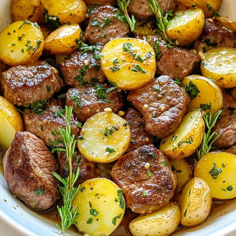 - 1 pound sirloin steak, cut into bite-sized cubes - 1 pound baby potatoes, halved - 4 tablespoons unsalted butter - 5 cloves garlic, minced - 1 teaspoon fresh rosemary, finely chopped - 1 teaspoon fresh thyme, finely chopped - Salt and pepper, to taste - 2 tablespoons olive oil - Fresh parsley, chopped for garnish When I prepare garlic butter steak and potatoes, I focus on using fresh ingredients. The sirloin steak is tender and flavorful. I cut it into bite-sized cubes for easy cooking and eating. Baby potatoes are my favorite choice because they cook quickly and have a nice texture. For the garlic butter, I use unsalted butter. It blends well with the steak and potatoes, giving a rich flavor. Minced garlic adds a wonderful aroma and taste. I always use fresh herbs like rosemary and thyme. They enhance the dish and create a lovely balance with the garlic. I season everything with salt and pepper. This simple step makes a big difference. Olive oil is a must for cooking the potatoes. It helps them brown nicely and adds flavor. Finally, I sprinkle fresh parsley on top for a pop of color and freshness. These ingredients come together to create a delicious meal. Each item plays a role in the overall flavor and texture. You will love how they work together in this skillet dish! {{ingredient_image_2}} - Heat a large skillet over medium heat. Add 2 tablespoons of olive oil. - Place the halved baby potatoes in the skillet. Season them with salt and pepper. - Cook for about 15-20 minutes. Stir them occasionally for even browning. - Once they are golden-brown and fork-tender, transfer the potatoes to a plate and set aside. - Increase the heat to medium-high in the same skillet. - Add 1 pound of cubed sirloin steak to the pan. Season it generously with salt and pepper. - Sear the steak for about 3-4 minutes. Stir occasionally to ensure even browning and tenderness. - Lower the heat back to medium. Sprinkle in 5 cloves of minced garlic and 1 teaspoon each of chopped rosemary and thyme. - Sauté for about 1 minute. This step releases a fragrant aroma. Be careful not to burn the garlic. - Introduce 4 tablespoons of unsalted butter into the skillet. - Stir well to mix the melted butter with the steak and herbs. Ensure everything is coated evenly and looks luscious. - Gently return the cooked potatoes to the skillet. - Mix everything together and heat through for another 2-3 minutes. - Remove the skillet from heat. Add freshly chopped parsley for garnish. - For a rustic look, serve the dish straight from the skillet. You can also portion it into bowls. Drizzle any remaining garlic butter on top. Enjoy your delicious creation! To make great steak, focus on doneness. I recommend using a meat thermometer for the best results. Aim for 130°F for medium-rare. For medium, go for 140°F. Searing is key to flavor. Start with a hot skillet. Place the steak in the pan without crowding. This helps it brown nicely. For even cooking, cut your potatoes into similar sizes. This ensures they cook at the same rate. Stir them every few minutes to promote browning. If you want to try something different, use Yukon Gold or red potatoes. They add a nice twist to the dish. Don't be shy with herbs and spices. Fresh parsley, oregano, or even a pinch of chili flakes can elevate your meal. For garlic butter variations, consider adding lemon zest or a splash of soy sauce. These small changes can bring new life to your dish! Pro Tips Choose the Right Cut: Opt for sirloin steak for its balance of flavor and tenderness, but feel free to substitute with ribeye or filet mignon for a richer taste. Perfect Potato Prep: Halve the baby potatoes to ensure they cook evenly and become beautifully golden-brown. A little extra salt during cooking enhances their flavor. Don’t Rush the Sear: Allow the steak to sear undisturbed for a few minutes to achieve a nice crust. Avoid overcrowding the pan to ensure even cooking. Herb Variations: Experiment with different herbs like thyme, oregano, or even fresh basil for a unique flavor profile that can elevate the dish. {{image_4}} You can easily make this dish gluten-free by using gluten-free products. Just check the labels on your butter and any seasonings. For a dairy-free option, substitute the unsalted butter with a plant-based alternative. This keeps the dish rich and creamy without dairy. If you’d like to swap out the meat, try chicken or shrimp. Both cook quickly and absorb the garlic butter well. For a vegetarian version, use tofu or tempeh instead of steak. Both options provide protein and texture. You don’t have to stick to baby potatoes. You can use Yukon gold or red potatoes. They add a different taste and texture. If you want something lower in carbs, try cauliflower. Simply steam it before adding it to the skillet. When it comes to steak, sirloin is great, but you can try flank or ribeye for more flavor. These cuts will still give you that tender bite you want. If you prefer leaner meat, opt for filet mignon. If you love a bit of heat, sprinkle in some chili flakes while cooking. This adds a nice kick without overpowering the dish. You can also try different herbs like basil or oregano. They change the flavor and make it unique. Add a splash of lemon juice for a zesty twist. It brightens up the rich garlic butter and makes each bite pop. Don't be afraid to experiment with spices you enjoy! Store your garlic butter steak and potatoes in an airtight container. This keeps the flavors fresh. Make sure to refrigerate within two hours of cooking. When you reheat, use a skillet over medium heat. This way, you bring back the tasty garlic butter flavor. Stir gently to avoid burning the potatoes. You can freeze leftovers for up to three months. Let the dish cool completely before packing it in freezer-safe bags. Make sure to squeeze out as much air as possible. When ready to eat, thaw overnight in the fridge. To reheat, use a skillet on low heat. Add a splash of water to help steam and warm it through. In the fridge, your garlic butter steak and potatoes last about three to four days. If frozen, they stay good for up to three months. Always check for signs of spoilage before eating. Enjoying your leftovers safely is key to a great meal experience! You can serve this dish with many sides. Here are some tasty options: - Steamed broccoli: This adds color and nutrients. - Green salad: A fresh salad balances the richness of the meal. - Garlic bread: Perfect for dipping into the garlic butter sauce. - Grilled asparagus: Adds a nice crunch and flavor. - Coleslaw: The crunch and tang will complement the steak. To spice things up, add chili flakes or diced jalapeños. Here’s how: - Chili flakes: Sprinkle them into the skillet after adding garlic. - Jalapeños: Dice fresh ones and sauté with the steak. These additions will give you heat without losing flavor. Yes, you can swap out the sirloin for other cuts. Here are some great options: - Ribeye: Rich and fatty, perfect for flavor. - Filet mignon: Tender and lean, a bit pricier. - Flank steak: Great for a chewy texture and marinated flavor. Choose based on your taste and budget. To check if your steak is done, use the touch test. Here’s how: - Rare: Soft, like the base of your thumb. - Medium: Firm, like the middle of your palm. - Well-done: Very firm, like your wrist. This method helps you judge without a thermometer. Yes, you can prepare parts of this dish ahead of time. Here are some tips: - Cook the potatoes: You can boil them the day before. - Prep the steak: Cube and season it in advance. - Combine and heat: When ready to eat, stir everything in the skillet over low heat. This way, you save time on busy days. This blog post covered making a delicious garlic butter steak and potatoes dish. You learned about the key ingredients, step-by-step cooking instructions, and helpful tips. We also explored variations and storage tips to keep your dish fresh. Remember, cooking is about trying new things. Don’t be afraid to switch ingredients or add your favorite flavors. Enjoy this meal with friends or family. Prepare to impress with your tasty creation!