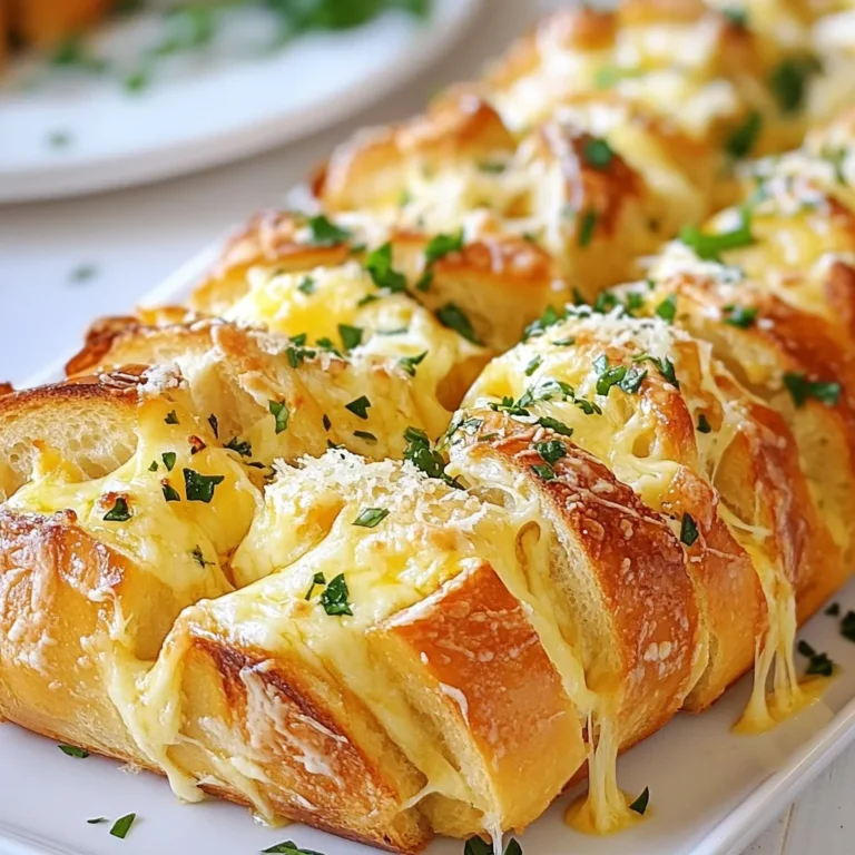To make Cheesy Garlic Pull-Apart Bread, you need a few simple ingredients. Each one adds flavor and texture. Here’s what you’ll need: - Bread Type: Choose a large loaf of fresh sourdough or Italian bread. Both give a nice chewy texture. - Garlic and Herbs: You’ll need 4 cloves of minced garlic, 1 teaspoon of dried oregano, and 1 teaspoon of dried parsley. These ingredients create a fragrant and tasty garlic butter. - Cheese Varieties: Use 1 cup of shredded mozzarella cheese and 1/2 cup of grated Parmesan cheese. They melt beautifully and add a rich, cheesy flavor. - Butter and Seasoning: You'll need 1/2 cup (1 stick) of unsalted butter, melted. Add salt and pepper to taste for extra flavor. These ingredients work together to make each bite of bread gooey and delicious. They also help create that mouthwatering aroma that fills your kitchen while baking. {{ingredient_image_2}} First, I preheat my oven to 350°F (175°C). This step gets the oven ready for baking. A hot oven helps the bread bake evenly. Next, I grab a medium bowl. I pour in 1/2 cup of melted butter. After that, I add 4 minced garlic cloves. I also include 1 teaspoon of dried oregano and 1 teaspoon of dried parsley. A pinch of salt and pepper adds flavor. I mix everything well and set the garlic butter aside. The aroma will make you eager to bake! For the bread, I take a large loaf of sourdough or Italian bread. Using a serrated knife, I carefully slice the loaf into 1-inch thick pieces. I ensure not to cut all the way through the bottom. This keeps the loaf intact. Once sliced, I lay the bread on aluminum foil. I drizzle half of the garlic butter over the bread, letting it seep into the slices. Then, I fill each slice with shredded mozzarella cheese and sprinkle Parmesan cheese in the gaps. I drizzle the rest of the garlic butter on top of the loaf. Then, I wrap the bread in aluminum foil. This creates a sealed package that keeps the bread moist. I place the wrapped loaf on a baking sheet. I bake it for 15 minutes. After that, I carefully open the foil to let the top show. I bake for an additional 10-15 minutes. I watch for the cheese to melt and the top to turn golden brown. Once the bread is done, I remove it from the oven. I let it cool for a few minutes. If I want, I can garnish it with fresh parsley for color. When it's time to serve, I place it on a wooden board. This makes it easy for everyone to pull apart the cheesy slices. It’s perfect for sharing with friends or family! To get the best taste from your Cheesy Garlic Pull-Apart Bread, use fresh ingredients. Fresh garlic gives a bold flavor. Opt for high-quality mozzarella and Parmesan cheese for that gooey goodness. Adding a pinch of salt and pepper to the garlic butter enhances the taste. Experiment with herbs like thyme or rosemary for a twist. Having the right tools makes cooking easier. Here’s what you'll need: - Serrated bread knife - Medium-sized mixing bowl - Measuring cups and spoons - Aluminum foil - Baking sheet These tools help you prepare and bake the bread without hassle. Avoid cutting the bread too deep. You want it to hold together. If you don’t drizzle enough garlic butter, the bread might taste dry. Be sure to stuff plenty of cheese between the slices. Lastly, don’t skip the final baking time; this makes the cheese melt perfectly and creates a crispy top. Pro Tips Choose the Right Bread: Use a fresh sourdough or Italian loaf for the best flavor and texture. These breads have a sturdy crust that holds up well to the fillings and allows for easy pull-apart servings. Customize Your Cheeses: Feel free to mix different types of cheeses such as cheddar, gouda, or even a spicy pepper jack for a unique twist. The variety will enhance the flavor profile and add dimension. Make Ahead: You can prepare the garlic butter mixture and slice the bread in advance. Store them separately in the fridge, then assemble and bake when you’re ready to serve for a fresh-out-of-the-oven experience. Serve with Dips: Enhance your cheesy pull-apart bread experience by serving it with marinara or homemade garlic dip. This adds an extra layer of flavor and an inviting option for your guests. {{image_4}} You can use many types of cheese in this bread. Mozzarella is the star, but others shine too. Try cheddar for a sharp taste. Gouda adds a rich, smoky flavor. Fontina melts well and gives a creamy texture. Mix and match your favorites for unique bites. Want to switch it up? Add cooked bacon for a savory crunch. Just chop it into small bits and tuck it between the bread slices. You can also sneak in veggies. Spinach or roasted peppers add color and nutrients. Just remember to chop them finely. If you love heat, sprinkle in some red pepper flakes. This gives the bread a spicy kick. For a fresh taste, add fresh herbs like basil or thyme. These herbs brighten the flavor and smell amazing. Experiment with your favorite spices to find your perfect blend! To keep your cheesy garlic pull-apart bread fresh, wrap it tightly in plastic wrap. You can also place it in an airtight container. Store it at room temperature for up to two days. If you want it to last longer, refrigerate it. Just note that refrigeration may dry it out a bit. When it's time to enjoy leftovers, preheat your oven to 350°F (175°C). Unwrap the bread and place it on a baking sheet. Heat it for about 10-15 minutes. This warms the bread and melts the cheese again, making it gooey and tasty. You can also microwave individual pieces for about 20-30 seconds. Just be careful not to overheat, or it may become tough. If you want to freeze your cheesy garlic pull-apart bread, wrap it well in plastic wrap and then in foil. This keeps it safe from freezer burn. It can stay in the freezer for up to three months. When you're ready to eat it, thaw it overnight in the fridge. After that, reheat it in the oven to bring back its original texture and flavor. Yes, you can use other bread types. Some great options include French bread or ciabatta. These breads can offer a different texture and flavor. Just make sure the bread is fresh and sturdy enough to hold the cheese and garlic butter. To make this dish gluten-free, choose a gluten-free bread. Many stores sell gluten-free options that work well. You can use a gluten-free sourdough or Italian bread. Just ensure that all your other ingredients, like cheese and butter, are also gluten-free. This cheesy bread pairs nicely with various dishes. Here are some ideas: - Soups, like tomato or minestrone - Salads, such as Caesar or mixed greens - Dips, like marinara or spinach artichoke These options enhance your meal and keep things tasty. To adjust for size, simply change the amount of bread and other ingredients. For a smaller loaf, cut the cheese and butter in half. For a larger loaf, double the ingredients. Just keep the baking time in mind. Check for doneness by looking for bubbly cheese and a golden top. Cheesy Garlic Pull-Apart Bread combines simple ingredients and clear steps. You learned how to choose bread, mix flavors, and bake perfectly. Remember, you can customize with different cheeses or toppings. With these tips, you can avoid common mistakes. Store leftovers right and enjoy them later. Now you have the know-how to impress friends and family at your next gathering. Get cooking and share your delicious creation!