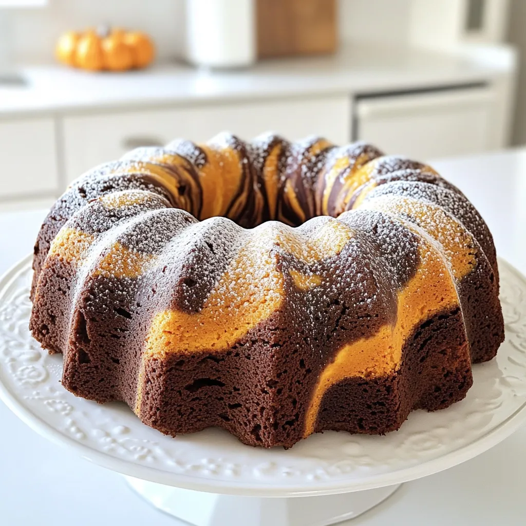 To make a delicious Pumpkin Marble Bundt Cake, you need the right ingredients. Here’s a complete list: - 1 ½ cups all-purpose flour - 1 teaspoon baking powder - ½ teaspoon baking soda - ½ teaspoon salt - 1 teaspoon ground cinnamon - ½ teaspoon ground nutmeg - ½ cup unsalted butter - 1 cup granulated sugar - 2 large eggs - 1 cup canned pumpkin puree - 1 teaspoon vanilla extract - ½ cup unsweetened cocoa powder - ⅓ cup milk Each ingredient plays a key role in creating this tasty cake. The flour gives the cake structure, while the baking powder and soda help it rise. The spices add warmth and flavor, making it a perfect fall treat. I love using canned pumpkin puree for this recipe. It keeps the cake moist and gives it that rich pumpkin flavor. The cocoa powder creates a lovely contrast with the pumpkin batter. This combo makes the marbled effect stand out. Make sure your butter is soft to mix easily. Room temperature eggs help the batter blend well, making it fluffy. I also recommend using fresh spices. They enhance the flavor and aroma of the cake. Gather these ingredients, and you’re ready to start baking! First, preheat your oven to 350°F (175°C). This helps the cake bake evenly. While your oven heats, take a 10-cup Bundt pan. Generously grease it with butter. Then, sprinkle flour all over the inside. This step helps the cake come out easily later. Next, grab a medium mixing bowl. Whisk together 1 ½ cups of all-purpose flour, 1 teaspoon of baking powder, ½ teaspoon of baking soda, ½ teaspoon of salt, 1 teaspoon of ground cinnamon, and ½ teaspoon of ground nutmeg. Mix until everything is well combined. Set this dry mixture aside for now. In a large mixing bowl, use an electric mixer to cream together ½ cup of softened unsalted butter and 1 cup of granulated sugar. Mix on medium speed for about 3 to 5 minutes. The mixture should be light and fluffy. This step adds air to the cake. Now, add 2 large eggs one at a time. Make sure each egg mixes in well before adding the next. Stir in 1 cup of canned pumpkin puree and 1 teaspoon of vanilla extract until smooth. Gradually add the dry mixture to your pumpkin batter. Alternate it with ⅓ cup of milk. Start and end with the dry ingredients. Mix just until everything is combined. Be careful not to overmix. Then, divide the batter into two bowls. In one bowl, sift in ½ cup of unsweetened cocoa powder. Mix until there are no streaks of cocoa. Now, it’s time to create a marbled look. Using a spoon, drop dollops of the pumpkin batter and chocolate batter into the prepared Bundt pan. Alternate between the two batters. To make a beautiful swirl, take a knife or a skewer. Gently stir and swirl the batters together. Don’t overdo it; keep some distinct layers. Place the pan in the preheated oven. Bake for 55 to 60 minutes. To check if the cake is done, insert a toothpick into the center. If it comes out clean, your cake is ready. Once baked, let the cake cool in the pan for about 15 minutes. Then, gently invert the pan onto a wire rack. This helps the cake cool completely and makes it easier to slice. To get the best marble look in your cake, use a simple swirling technique. First, spoon dollops of pumpkin batter and chocolate batter into the Bundt pan. Alternate the batters in a random pattern. Next, take a knife or skewer and gently swirl the two batters together. Aim for a few swirls, not too many. Overmixing can turn your marbled cake into a solid color. Keep the distinct layers for a stunning visual. Always check your oven's temperature before baking. An oven that is too hot can burn the cake. Use an oven thermometer to confirm the temperature is accurate. If you live at a high altitude, you may need to adjust your bake time. Cakes can rise faster and may need less time in the oven. Start checking for doneness a few minutes early. Once your cake has cooled, it's time to make it look great. Dust the top with powdered sugar for a classic finish. It adds a lovely touch and some sweetness. You can also add a simple glaze. Mix powdered sugar with a bit of milk until smooth. Drizzle it over the top for an extra treat. For more flair, sprinkle ground cinnamon or chopped nuts on top. These small touches make a big difference in how your cake looks and tastes. {{image_4}} You can change the flavor of your Pumpkin Marble Bundt Cake in fun ways. For a spicier taste, add ground ginger or cloves. These spices will warm up the flavor and give it a nice kick. You can also toss in some chocolate chips. They will melt and blend with the pumpkin and chocolate, creating a rich, sweet surprise in every bite. If you're looking for gluten-free options, use a gluten-free flour blend instead of all-purpose flour. Make sure it has a good binding agent. For vegan adaptations, replace the eggs with flaxseed meal mixed with water. You can also use plant-based butter and a non-dairy milk like almond or oat milk. This way, everyone can enjoy the cake! Pumpkin Marble Bundt Cake is great on its own, but you can elevate it. Serve it warm with a scoop of vanilla ice cream. The cold ice cream pairs well with the warm cake. If you prefer, serve it chilled with whipped cream on top. This adds a nice, creamy texture. Dust the top with powdered sugar for a pretty finish, and enjoy! To keep your Pumpkin Marble Bundt Cake fresh, store it in the refrigerator. Place it in an airtight container or wrap it well with plastic wrap. This helps prevent it from drying out. If you want to keep it longer, consider freezing it. Slice the cake first, then wrap each slice tightly in plastic wrap. Put the wrapped slices in a freezer-safe bag or container. This way, you can enjoy a slice whenever you crave it. The cake lasts for about 5 days in the fridge. Keep an eye on it, as it may dry out after a few days. If you freeze the cake, it can last for up to 3 months. Thaw it in the fridge overnight when you're ready to enjoy it again. Check for signs of spoilage, like an off smell or mold. If you see any, it's best to throw it away. Always trust your senses when it comes to food safety! Yes, you can use fresh pumpkin. First, roast or boil the pumpkin until soft. Then, mash it into a smooth puree. This will give your cake a fresh flavor. Just make sure to drain any extra water. To check if your cake is done, insert a toothpick into the center. If it comes out clean or with a few crumbs, your cake is ready. If it has wet batter, bake for a few more minutes. If your cake sticks, try running a knife around the edge. Then, gently tap the pan upside down on a plate. If it still sticks, you can put it in the freezer for 30 minutes. This helps to loosen the cake. Absolutely! You can bake the cake one day in advance. Just let it cool, then wrap it tightly in plastic wrap. Store it at room temperature. You can also freeze the cake for up to three months. Yes, you can use a gluten-free flour blend. Replace the all-purpose flour with a 1:1 gluten-free blend. Make sure it contains xanthan gum for the best texture. This will keep your cake soft and moist. This blog post explored how to create a delicious marbled pumpkin cake. You learned about the key ingredients, step-by-step instructions, and helpful tips. Remember to pay attention to the swirling techniques for a stunning marbled effect. Consider trying flavor variations or dietary substitutions to suit your tastes. Lastly, proper storage ensures your cake stays fresh. Enjoy your baking journey, and share your yummy results!