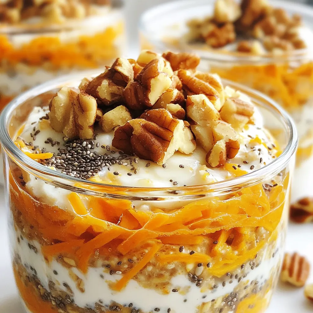 - 1 cup rolled oats - 1 ½ cups unsweetened almond milk - 1 medium carrot, finely grated - 2 tablespoons chia seeds - 2 tablespoons maple syrup - 1 teaspoon pure vanilla extract - ½ teaspoon ground cinnamon - ¼ teaspoon ground nutmeg - ¼ cup raisins or sultanas - ¼ cup chopped walnuts or pecans (optional) - A pinch of sea salt This recipe is vegan and dairy-free. It is also rich in fiber and healthy fats. Each serving is a good source of plant-based protein thanks to the oats and chia seeds. The nuts add crunch and protein, while the carrots provide vitamins and natural sweetness. This dish is perfect for a nutritious breakfast. You can swap the almond milk for any plant-based milk you like. Soy milk, coconut milk, or oat milk work well. If you want to skip the nuts, use seeds like pumpkin or sunflower seeds instead. You can also replace maple syrup with agave syrup or brown sugar. Enjoy experimenting to find your perfect mix! {{ingredient_image_2}} Start by gathering all your ingredients. You need rolled oats, almond milk, and a medium carrot. Grate the carrot finely. This helps it blend well. In a large mixing bowl, combine the rolled oats and almond milk. Stir until the oats soak in the milk. This step is key for a creamy texture. Next, add the grated carrot, chia seeds, maple syrup, and vanilla extract. Mix well so everything is combined. Now, sprinkle in the ground cinnamon, nutmeg, and a pinch of sea salt. Stir gently to spread the spices evenly. Fold in the raisins and half of your chopped nuts. This adds flavor and crunch. Save the rest of the nuts for later. Cover the bowl with a lid or plastic wrap. Place it in the fridge overnight. This lets the oats soften and flavors blend. In the morning, stir the oat mixture well. If you want it creamier, add a splash of almond milk. Serve the overnight oats in bowls or jars. Top with the remaining nuts for crunch. You can also sprinkle some cinnamon on top and drizzle with maple syrup. Enjoy your tasty breakfast! To make your vegan carrot cake overnight oats creamier, add more almond milk. A splash of milk in the morning can help, too. Mix it well to blend the flavors. You can also use thicker plant-based milks, like coconut milk. This change adds richness and a smooth texture. Sweetness is key in this recipe. I suggest starting with two tablespoons of maple syrup. Taste it after mixing, and add more if you like it sweeter. Honey is not vegan, but you can use agave nectar as an alternative. Remember, the raisins also add natural sweetness. For a pretty presentation, use clear jars or bowls. Layer the oats with nuts and a sprinkle of cinnamon on top. A drizzle of maple syrup makes it look inviting. You can also add a few extra raisins or a slice of carrot for a fun touch. Making it look good is part of the fun! Pro Tips Grate the Carrots Finely: Finely grating the carrots ensures they blend seamlessly into the oats, providing a smoother texture and better flavor integration. Adjust Sweetness to Taste: Feel free to modify the amount of maple syrup based on your preference for sweetness. Start with 2 tablespoons and add more if desired. Experiment with Spices: Don't hesitate to adjust or add spices like ginger or cloves to customize the flavor profile of your overnight oats. Serve with Fresh Toppings: For added freshness, consider topping your oats with sliced bananas, coconut flakes, or a dollop of dairy-free yogurt right before serving. {{image_4}} You can play with flavors to make these oats your own. Try adding a scoop of cocoa powder for a chocolate twist. You can also mix in some fresh pineapple for a tropical vibe. If you enjoy spice, add more nutmeg or a pinch of ginger. Want a sweeter touch? Toss in some chopped dates or dried apricots. Each option adds a fun twist to your vegan carrot cake overnight oats. The great news is that this recipe is already gluten-free. Rolled oats are naturally gluten-free, but always check the label. Some brands may process oats with gluten products. If you're keen on gluten-free, use certified gluten-free oats. You can rest easy knowing your breakfast is safe and delicious. To amp up the nutrition, consider adding a scoop of plant-based protein powder. It blends well and keeps you full longer. You can also mix in some ground flaxseed for extra fiber and omega-3s. If you want more vitamins, add some spinach or kale. These greens won't change the flavor much, but they boost the health benefits of your oats. Enjoy experimenting! Store your Vegan Carrot Cake Overnight Oats in the fridge. Use an airtight container to keep them fresh. Make sure to seal it tightly to avoid any odors. I recommend enjoying them within four days for the best taste. Freezing overnight oats is an option, but it changes the texture. If you choose to freeze, use a freezer-safe container. Leave some space at the top because the oats expand. They can last for up to three months in the freezer. When ready to eat, thaw in the fridge overnight. In the fridge, the oats last about four days. After that, they may lose their flavor or texture. If you freeze them, they’ll hold their quality for three months. Always check for any off smells or changes in texture before eating. Enjoy your healthy breakfast treat while it’s fresh! Yes, you can use any plant-based milk you like. Almond milk works great, but soy, oat, or coconut milk also taste wonderful. Each milk adds a unique flavor, so try different kinds to find what you enjoy most. To reduce sweetness, use less maple syrup. You can start with one tablespoon, then taste it. If it needs more sweetness, add just a bit more. You can also skip the maple syrup and use mashed banana instead. This will add natural sweetness without being too sugary. Chia seeds are tiny but powerful. They are full of fiber, which helps your tummy feel full. They also pack in omega-3 fatty acids, good for your heart. Plus, chia seeds absorb liquid and help make your oats creamy. Adding them boosts the nutrition of your overnight oats! This article covered important parts of making a great dish. We explored key ingredients, helpful tips, and tasty variations. Don't forget about storage and serving ideas to keep it fresh. Cooking can be fun and simple when you know how to add your twist. Try new things, like different flavors or healthier options. With the right knowledge, you can create a dish that everyone will love. Get ready to impress your friends and family with your skills!