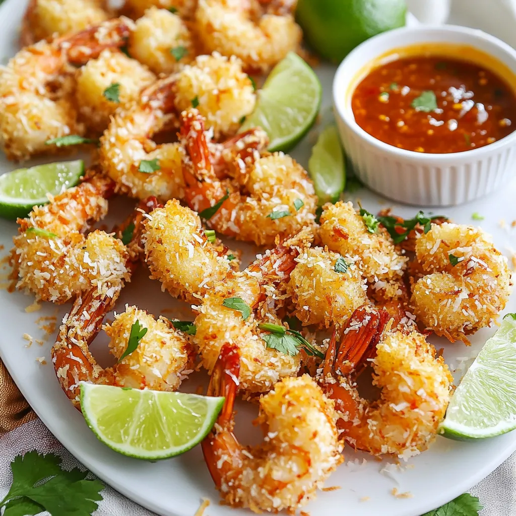 - 1 pound large shrimp, peeled and deveined - 1/2 cup all-purpose flour - 2 large eggs, beaten - 1 cup shredded coconut (sweetened or unsweetened) - 1/2 cup panko breadcrumbs - 1 teaspoon garlic powder - 1 teaspoon smoked paprika - Salt and freshly ground black pepper, to taste - Cooking spray You can swap out some ingredients if needed. Here are some ideas: - Use almond flour or coconut flour instead of all-purpose flour for a gluten-free option. - If you don't have panko, regular breadcrumbs will work too, but they may not be as crispy. - For a dairy-free version, ensure the eggs are replaced with a suitable alternative, like flaxseed meal mixed with water. Using fresh ingredients makes a big difference in taste. Fresh shrimp will taste sweet and juicy. Old shrimp can taste fishy and bland. Fresh coconut adds a great texture and flavor. When possible, buy fresh shrimp from a trusted source. It ensures the best taste and quality in your dish. Fresh ingredients lead to a more enjoyable meal and impress your guests. {{ingredient_image_2}} First, I preheat my air fryer to 400°F (200°C). This step is important as it helps the shrimp cook evenly and become crispy. While it heats, I gather three shallow bowls for the breading process. This setup makes it easy to coat the shrimp perfectly. In the first bowl, I mix together 1/2 cup of all-purpose flour with a pinch of salt, black pepper, 1 teaspoon of garlic powder, and 1 teaspoon of smoked paprika. This blend adds great flavor to the shrimp. In the second bowl, I pour in 2 large beaten eggs. I whisk them lightly to ensure they are smooth. In the third bowl, I combine 1 cup of shredded coconut with 1/2 cup of panko breadcrumbs. I mix them well to get an even coating. Now, I take my shrimp, which are peeled and deveined. I dip each shrimp first into the flour mixture, making sure it is fully coated. I gently shake off any extra flour before moving on. Next, I dip the floured shrimp into the egg, allowing any excess egg to drip back into the bowl. Finally, I press the shrimp into the coconut and panko mix, ensuring it sticks well. A good coating is key for that crunch! Now it's time for cooking! I arrange the coated shrimp in a single layer in the air fryer basket. To boost crispiness, I lightly spray the shrimp with cooking spray. I air fry the shrimp for 8-10 minutes. Halfway through, I flip them to ensure they cook evenly. When they turn golden brown and are cooked through, they are ready to come out. Once done, I carefully remove the shrimp and let them rest for about a minute. This helps keep them crispy. Now, they are ready to be served! To get the best crunch, use panko breadcrumbs. Panko is light and airy, which adds great texture. Make sure to coat your shrimp well in each layer. Start with the flour, then eggs, and finally the coconut and panko mix. A light spray of cooking oil helps too. It creates that golden, crispy finish everyone loves. Flip the shrimp halfway through cooking for even crispiness. Serve your coconut shrimp on a bright platter. Add fresh lime wedges for a burst of flavor. A side of sweet chili sauce makes a perfect dip. You can also sprinkle fresh cilantro over the dish for a pop of color and taste. Pair it with a salad or rice to make a full meal. This dish works great as an appetizer for parties or a fun family dinner. One common mistake is overcrowding the air fryer. Give your shrimp space to cook evenly. Another mistake is skipping the cooking spray. Without it, your shrimp may not get as crispy. Be sure to check your shrimp halfway through. If they are not golden yet, let them cook a bit longer. Lastly, don’t rush the breading process. Each layer is key to a tasty, crunchy shrimp! Pro Tips Use Fresh Shrimp: For the best flavor and texture, opt for fresh or thawed shrimp instead of frozen. Fresh shrimp will give you that perfect bite. Adjust Coconut Sweetness: Depending on your preference, choose sweetened or unsweetened coconut. Sweetened coconut will add a hint of sweetness, while unsweetened will keep it savory. Don’t Overcrowd the Basket: For maximum crispiness, ensure that the shrimp are arranged in a single layer and not overcrowded in the air fryer. This allows for proper air circulation. Experiment with Spices: Feel free to add your favorite spices to the flour or coconut mixture to customize the flavor profile. A touch of cayenne pepper can add a nice kick! {{image_4}} You can make your coconut shrimp even tastier with simple spices. Try adding cayenne pepper for heat. A pinch of curry powder gives a nice twist. You can also use lemon zest for a fresh kick. Each spice adds a unique flavor to your dish. Mix and match to find your favorite! While the classic coconut coating is great, you can switch it up. Use crushed cornflakes instead of panko for extra crunch. You can also try using ground almonds for a nutty flavor. If you want a gluten-free option, use almond flour or coconut flour. Each choice gives the shrimp a new and fun texture! Dipping sauces can take your coconut shrimp to the next level. Sweet chili sauce pairs well for a nice balance. For a zesty option, try a lime aioli. You can also make a spicy mango salsa for a fruity kick. Experiment with different dips to find your perfect match! To store leftover coconut shrimp, let them cool first. Place them in an airtight container. Keep them in the fridge for up to three days. Make sure to separate layers with parchment paper. This prevents sticking and keeps them crisp. You can freeze coconut shrimp for later use. After frying, let them cool completely. Arrange them in a single layer on a baking sheet. Freeze for about one hour until solid. Then, transfer them to a freezer-safe bag. They will last up to three months in the freezer. To reheat, preheat your air fryer to 350°F (175°C). Place the shrimp in the basket in a single layer. Heat for about 5-7 minutes, until warm and crispy. Avoid the microwave, as it can make the shrimp soggy. Enjoy your tasty shrimp just like when they were fresh! You can tell when shrimp is cooked by its color and texture. Cooked shrimp turns pink and opaque. It should also curl slightly. For the best results, aim for an internal temperature of 120°F (49°C). If you are unsure, cut one shrimp in half to check. The flesh should be white and not translucent. Yes, you can use frozen shrimp for this recipe. Just remember to thaw them first. Place the frozen shrimp in the fridge overnight or run them under cold water for a quick thaw. Once thawed, pat them dry with paper towels. This step helps the coating stick better. To reheat coconut shrimp, use the air fryer for the best results. Preheat it to 350°F (175°C). Place the shrimp in a single layer and cook for 3-5 minutes. This method keeps them crispy. You can also use a conventional oven at the same temperature and time. Avoid using the microwave, as it can make them soggy. In this post, I've shared how to make air fryer coconut shrimp, focusing on key ingredients, cooking steps, and tips. I emphasized using fresh ingredients for the best flavor. Remember to prep your air fryer well and avoid common mistakes to ensure crispiness. Try different spices or sauces for added taste, and follow my storage tips to keep leftovers fresh. Cooking can be fun and rewarding. Enjoy your delicious shrimp and experiment with new flavors!
