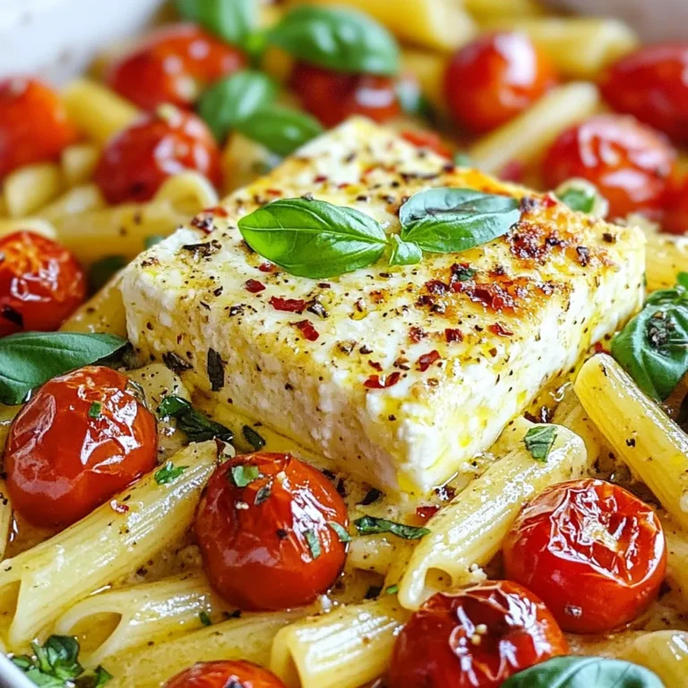 - 200g (7 oz) feta cheese, preferably block-style - 300g (10.5 oz) penne pasta - 2 cups cherry tomatoes, halved - 1/4 cup extra virgin olive oil - 4 cloves garlic, minced - 1 teaspoon dried oregano - 1/2 teaspoon red pepper flakes (or to taste) - Salt and freshly ground black pepper to taste - Fresh basil leaves for garnish - Freshly grated Parmesan cheese for serving You need fresh ingredients for the best taste. Start with block-style feta cheese. It melts beautifully and gives a creamy texture. Make sure to grab a good quality penne pasta. This shape holds the sauce well. Cherry tomatoes add sweetness and color. I love using halved ones for a burst of flavor. Extra virgin olive oil helps with roasting. It also adds a rich taste to the dish. Fresh garlic gives a nice kick. Don't skip it! Dried oregano adds an aromatic flavor. Red pepper flakes give a hint of heat. Adjust this to your taste. Salt and black pepper are key for seasoning. Always taste as you go. For a fresh finish, have basil leaves ready. They add color and flavor when you serve. Finally, freshly grated Parmesan cheese makes everything even better. It adds a salty, nutty note that completes the dish. With these ingredients, you are set for a creamy baked feta pasta that will impress everyone! {{ingredient_image_2}} First, preheat your oven to 400°F (200°C). This step is key for a perfect bake. Next, grab a large baking dish. In it, mix together 2 cups of halved cherry tomatoes, 4 minced garlic cloves, and 1/4 cup of extra virgin olive oil. Add in 1 teaspoon of dried oregano, 1/2 teaspoon of red pepper flakes, and salt and black pepper to taste. Stir well so each tomato gets coated in that flavorful mix. Now, make a small nest in the middle of the dish. Place the block of feta cheese right in that nest. Drizzle a bit more olive oil over the feta. This adds richness to the dish. Bake everything in the preheated oven for about 25 minutes. You want the feta to soften and the tomatoes to burst and caramelize. While your feta and tomatoes bake, fill a large pot with salted water and bring it to a boil. Once it boils, add 300g (10.5 oz) of penne pasta. Cook it according to the package instructions until it is al dente. This means it should have a slight bite to it. After cooking, drain the pasta and set it aside. When the baking time is up, take your dish out of the oven. Use a fork to gently mash the baked feta and tomatoes together. This will form a creamy sauce. Then, add the cooked penne pasta to the baking dish. Toss everything together until the pasta is well coated with the creamy sauce. Taste it and adjust with more salt and pepper if needed. To get that smooth, creamy sauce, mash the baked feta and tomatoes well. Use a fork to blend them together. This will help make a rich sauce that coats the pasta. Taste the sauce before serving. You may want to add more salt or pepper. If it feels too thick, drizzle in a bit more olive oil for extra creaminess. Baked feta pasta pairs well with a fresh green salad. You can also serve it with crusty bread to soak up the sauce. For a lovely touch, add fresh basil leaves on top. A sprinkle of Parmesan cheese adds a nice finish. Arrange the dish on a bright plate to make it pop visually. Fresh herbs like basil or parsley boost the dish’s taste. You can also add oregano for an extra kick. If you like heat, sprinkle in more red pepper flakes. For more texture, toss in some toasted pine nuts or olives. These add crunch and depth to every bite. Pro Tips Choose High-Quality Feta: Opt for block-style feta cheese for a creamier texture and richer flavor compared to crumbled feta. Add Fresh Herbs: Enhance the dish by incorporating fresh herbs like thyme or oregano in addition to the dried oregano for an aromatic boost. Don't Skip the Pasta Water: Reserve a cup of pasta cooking water before draining. Adding a little to the sauce can help adjust the consistency and flavor. Customize with Veggies: Feel free to add other vegetables like spinach or bell peppers to the baking dish for extra nutrition and flavor. {{image_4}} You can switch out the feta cheese if you want. Cream cheese works well for a rich taste. Goat cheese adds a tangy flavor. You can even try ricotta for a lighter option. For pasta, penne is great, but farfalle or rotini are nice too. Each shape holds sauce in its own way. Want to boost the protein? Add grilled chicken or sautéed shrimp to your dish. Just cook them separately and toss them in at the end. If you prefer vegetarian options, try chickpeas or lentils. They give a good texture and protein boost without meat. You can change the flavor with fun twists. For a Mediterranean vibe, add olives or artichokes. If you like spice, mix in more red pepper flakes or some jalapeños. Seasonal veggies like zucchini or spinach make the dish vibrant and fresh. Toss them in with the tomatoes for a colorful meal. To keep your baked feta pasta fresh, place it in an airtight container. This helps prevent the dish from drying out. Store it in the fridge for up to three days. When you want to eat it again, reheat it gently. Use a microwave or stovetop. If using a microwave, cover it to keep moisture in. Stir it occasionally to avoid hot spots. On the stovetop, add a splash of water or oil. This keeps the creamy texture smooth and tasty. If you want to save some for later, you can freeze this dish. Let it cool completely before packing it. Use a freezer-safe container or a heavy-duty freezer bag. Press out any air to avoid freezer burn. You can freeze it for up to two months. When you’re ready to eat, thaw it overnight in the fridge. Reheat it slowly in a pan or microwave. Add a little olive oil or water to keep it creamy. Enjoy your delicious meal again! Yes, you can use many types of pasta. Penne works well, but other shapes like fusilli or rotini are great too. These shapes hold onto the sauce nicely. If you want to try something fun, go for whole wheat or gluten-free pasta. Both options keep the dish tasty and enjoyable. You want the feta to be soft and creamy. It should look slightly golden on top. The tomatoes will burst and get juicy. If you poke the feta with a fork, it should give way easily. These signs mean it is ready for mixing into your pasta. Absolutely! To make it vegan, swap the feta for a plant-based cheese. Look for options that melt well, similar to feta. You can also skip the Parmesan cheese on top. Use a sprinkle of nutritional yeast for a cheesy flavor instead. This way, you still get a creamy and delicious meal. This dish brings together rich flavors from simple ingredients: feta, tomatoes, and pasta. First, we heated the oven and prepared a yummy base. Then, baking the feta creates a creamy delight that blends with cooked penne. Our tips enhance flavors, while variations let you spice things up. Proper storage keeps leftovers tasty. Enjoy experimenting with ingredients and make this meal your own. Cooking should always be fun and flexible!