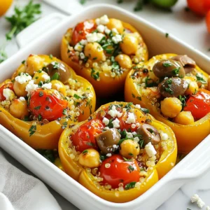 - 4 large bell peppers (any color of your choice) - 1 cup quinoa, thoroughly rinsed - 2 cups vegetable broth - 1 can (15 oz) chickpeas, drained and rinsed - 1 cup cherry tomatoes, sliced in half - 1/2 cup Kalamata olives, pitted and sliced - 1/2 cup feta cheese, crumbled - 1/4 cup fresh parsley, finely chopped - 2 tablespoons olive oil, plus extra for drizzling - 1 teaspoon dried oregano - 1 teaspoon garlic powder - Salt and pepper to taste - Additional herbs (like basil or mint) - Lemon zest for brightness - Spinach or kale for extra veggies When making Mediterranean stuffed peppers, you want fresh and vibrant ingredients. Start with bell peppers. They are colorful and sweet. You can choose red, yellow, or green. Each color has a unique flavor. Next, quinoa is the base. It cooks fluffy and adds a nice texture. Rinse it well before cooking. This helps remove bitterness. You will also need chickpeas. They add protein and creaminess. Cherry tomatoes bring a juicy burst of flavor. Slice them in half for easy mixing. Kalamata olives add a briny kick, while feta cheese gives a creamy touch. Fresh parsley adds brightness and color. For seasoning, use olive oil, dried oregano, garlic powder, salt, and pepper. These ingredients bring out the flavors of the dish. You can also add optional garnishes. Fresh herbs like basil or mint offer extra aroma. A sprinkle of lemon zest gives a fresh taste. Spinach or kale adds more greens and nutrition. These ingredients come together to create a colorful and tasty meal. Enjoy making it! {{ingredient_image_2}} 1. Preheat your oven to 375°F (190°C). This heat helps cook the peppers well. 2. Take four large bell peppers and cut the tops off. Remove the seeds and membranes. This step makes sure the peppers can stand up in the dish. 1. In a medium pot, boil two cups of vegetable broth. This liquid will cook the quinoa. 2. Add one cup of rinsed quinoa to the boiling broth. Stir it once, cover, and lower the heat. Let it simmer for 15-20 minutes. The quinoa should be fluffy when done. Use a fork to fluff it up. 1. In a large bowl, mix the cooked quinoa with drained chickpeas, halved cherry tomatoes, sliced Kalamata olives, crumbled feta cheese, chopped parsley, olive oil, dried oregano, garlic powder, and salt and pepper. 2. Stir all the ingredients well. This ensures every bite is packed with flavor. 1. Spoon the quinoa mixture into each bell pepper. Fill them to the top without letting it overflow. This makes the peppers hearty and tasty. 2. Drizzle a little olive oil on top of each stuffed pepper. This adds moisture and flavor. 1. Cover the baking dish tightly with aluminum foil. This keeps the steam in while baking. 2. Bake the peppers for 30 minutes. Then, remove the foil and bake for another 10-15 minutes. This step allows the tops to caramelize and become deliciously golden. After baking, let the peppers cool for a few minutes. They are now ready to serve and enjoy! When picking bell peppers, look for bright colors. Red, yellow, or green, any color works. Choose peppers that feel firm in your hand. They should have shiny skin, not dull. Make sure they can stand on their own. This helps when you stuff them later. If you have extra filling, don't toss it! You can use it in many ways. Add it to salads for a hearty boost. It makes a tasty wrap too. Just scoop some into a tortilla and roll it up. You can even use it as a topping for baked potatoes. To keep your peppers tender, watch the cooking time. Bake them covered with foil for 30 minutes. This helps them steam and soften. After that, remove the foil. Bake for an extra 10-15 minutes. This lets the tops brown nicely while the insides stay soft. Pro Tips Choose Colorful Peppers: Using a mix of colored bell peppers not only makes the dish visually appealing but also adds a variety of flavors. Flavor Variations: Feel free to experiment with different herbs, such as basil or thyme, for a unique twist to the stuffing mixture. Make Ahead: Prepare the stuffed peppers a day in advance and store them in the fridge. Just bake them when you're ready to serve! Serve with Dips: Pair these stuffed peppers with a side of tzatziki sauce or hummus for an extra layer of flavor. {{image_4}} You can switch up the grain in your stuffed peppers. Brown rice is a hearty choice. Farro adds a nutty flavor. Couscous cooks quickly and absorbs taste well. For those needing gluten-free options, quinoa is perfect. It’s light and fluffy. You can also try millet or rice blends. These grains work great with the other ingredients. Add protein to your stuffed peppers for a filling meal. Ground meat, like lamb or turkey, can give a nice flavor boost. You can mix it right into the stuffing. If you prefer cheese, more feta can enhance the taste. For a vegan option, use lentils or more chickpeas. Tofu crumbles also add protein. These choices keep the dish satisfying and delicious. Want some heat? Add red pepper flakes to the filling. It gives a nice kick without overpowering. You can also use fresh chili peppers for more heat. If you like herbs, add fresh basil or oregano for flavor. These herbs pair well with the Mediterranean taste. Don’t be afraid to experiment! Each adjustment can make your dish unique and exciting. To keep your stuffed peppers fresh, use these best practices: - Cool them first: Allow the peppers to cool to room temperature. - Use airtight containers: Store them in a sealed container to prevent drying. - Label with date: Write the date on the container to track freshness. Refrigerate your stuffed peppers. They stay good for about 3 to 5 days. If you want to keep them longer, consider freezing. You can freeze stuffed peppers before or after baking. Here’s how: - Before baking: Prepare the stuffed peppers, then wrap them tightly in plastic wrap and foil. Place them in a freezer-safe bag. - After baking: Let them cool completely. Then, place them in a container or wrap them securely. To reheat frozen stuffed peppers: - Oven method: Thaw overnight in the fridge. Preheat your oven to 375°F (190°C), cover with foil, and bake for 25-30 minutes. - Microwave method: Remove from the container and place on a microwave-safe plate. Heat for about 5-7 minutes or until heated through. These methods help keep the taste and texture of your Mediterranean stuffed peppers. Enjoy them again later! Yes, you can use frozen bell peppers. Freezing peppers is simple. Just wash and cut them. Remove the seeds, and then freeze them whole or in halves. When you thaw them, they can become soft. This won’t hurt the taste, but it may change the texture. For stuffing, they work well. Just make sure to drain any extra water after thawing. Stuffed peppers can last in the fridge for about three to four days. Keep them in an airtight container. If you freeze them, they can last for about three months. To enjoy them later, just thaw in the fridge overnight before reheating. Reheat in the oven for the best taste. You have many tasty options! Here are a few ideas: - A fresh green salad with lemon dressing - Crusty bread or pita for dipping - Tzatziki sauce for a cool touch - Roasted vegetables for added flavor These sides will balance the meal and enhance the flavors of your stuffed peppers. You now know how to make Mediterranean stuffed peppers. We covered the key ingredients, found tips, and explored variations. Preparing these stuffed peppers is easy and fun. Plus, you can customize them to fit your taste! Remember to store leftovers properly to enjoy your meal later. Whether you make them for a quick dinner or impress guests, these peppers bring great flavor and nutrition. Dive into cooking and enjoy the healthy, tasty rewards!