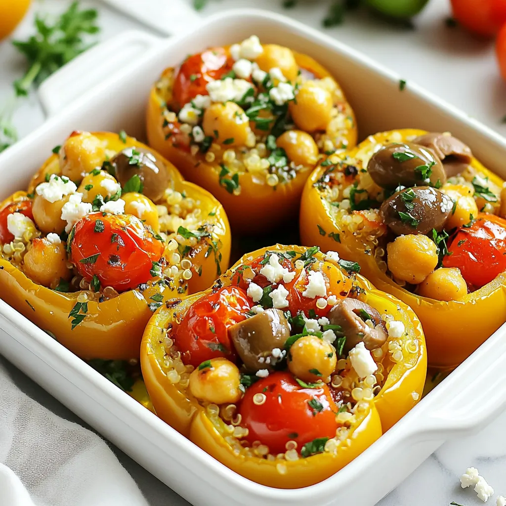 - 4 large bell peppers (any color of your choice) - 1 cup quinoa, thoroughly rinsed - 2 cups vegetable broth - 1 can (15 oz) chickpeas, drained and rinsed - 1 cup cherry tomatoes, sliced in half - 1/2 cup Kalamata olives, pitted and sliced - 1/2 cup feta cheese, crumbled - 1/4 cup fresh parsley, finely chopped - 2 tablespoons olive oil, plus extra for drizzling - 1 teaspoon dried oregano - 1 teaspoon garlic powder - Salt and pepper to taste - Additional herbs (like basil or mint) - Lemon zest for brightness - Spinach or kale for extra veggies When making Mediterranean stuffed peppers, you want fresh and vibrant ingredients. Start with bell peppers. They are colorful and sweet. You can choose red, yellow, or green. Each color has a unique flavor. Next, quinoa is the base. It cooks fluffy and adds a nice texture. Rinse it well before cooking. This helps remove bitterness. You will also need chickpeas. They add protein and creaminess. Cherry tomatoes bring a juicy burst of flavor. Slice them in half for easy mixing. Kalamata olives add a briny kick, while feta cheese gives a creamy touch. Fresh parsley adds brightness and color. For seasoning, use olive oil, dried oregano, garlic powder, salt, and pepper. These ingredients bring out the flavors of the dish. You can also add optional garnishes. Fresh herbs like basil or mint offer extra aroma. A sprinkle of lemon zest gives a fresh taste. Spinach or kale adds more greens and nutrition. These ingredients come together to create a colorful and tasty meal. Enjoy making it! {{ingredient_image_2}} 1. Preheat your oven to 375°F (190°C). This heat helps cook the peppers well. 2. Take four large bell peppers and cut the tops off. Remove the seeds and membranes. This step makes sure the peppers can stand up in the dish. 1. In a medium pot, boil two cups of vegetable broth. This liquid will cook the quinoa. 2. Add one cup of rinsed quinoa to the boiling broth. Stir it once, cover, and lower the heat. Let it simmer for 15-20 minutes. The quinoa should be fluffy when done. Use a fork to fluff it up. 1. In a large bowl, mix the cooked quinoa with drained chickpeas, halved cherry tomatoes, sliced Kalamata olives, crumbled feta cheese, chopped parsley, olive oil, dried oregano, garlic powder, and salt and pepper. 2. Stir all the ingredients well. This ensures every bite is packed with flavor. 1. Spoon the quinoa mixture into each bell pepper. Fill them to the top without letting it overflow. This makes the peppers hearty and tasty. 2. Drizzle a little olive oil on top of each stuffed pepper. This adds moisture and flavor. 1. Cover the baking dish tightly with aluminum foil. This keeps the steam in while baking. 2. Bake the peppers for 30 minutes. Then, remove the foil and bake for another 10-15 minutes. This step allows the tops to caramelize and become deliciously golden. After baking, let the peppers cool for a few minutes. They are now ready to serve and enjoy! When picking bell peppers, look for bright colors. Red, yellow, or green, any color works. Choose peppers that feel firm in your hand. They should have shiny skin, not dull. Make sure they can stand on their own. This helps when you stuff them later. If you have extra filling, don't toss it! You can use it in many ways. Add it to salads for a hearty boost. It makes a tasty wrap too. Just scoop some into a tortilla and roll it up. You can even use it as a topping for baked potatoes. To keep your peppers tender, watch the cooking time. Bake them covered with foil for 30 minutes. This helps them steam and soften. After that, remove the foil. Bake for an extra 10-15 minutes. This lets the tops brown nicely while the insides stay soft. Pro Tips Choose Colorful Peppers: Using a mix of colored bell peppers not only makes the dish visually appealing but also adds a variety of flavors. Flavor Variations: Feel free to experiment with different herbs, such as basil or thyme, for a unique twist to the stuffing mixture. Make Ahead: Prepare the stuffed peppers a day in advance and store them in the fridge. Just bake them when you're ready to serve! Serve with Dips: Pair these stuffed peppers with a side of tzatziki sauce or hummus for an extra layer of flavor. {{image_4}} You can switch up the grain in your stuffed peppers. Brown rice is a hearty choice. Farro adds a nutty flavor. Couscous cooks quickly and absorbs taste well. For those needing gluten-free options, quinoa is perfect. It’s light and fluffy. You can also try millet or rice blends. These grains work great with the other ingredients. Add protein to your stuffed peppers for a filling meal. Ground meat, like lamb or turkey, can give a nice flavor boost. You can mix it right into the stuffing. If you prefer cheese, more feta can enhance the taste. For a vegan option, use lentils or more chickpeas. Tofu crumbles also add protein. These choices keep the dish satisfying and delicious. Want some heat? Add red pepper flakes to the filling. It gives a nice kick without overpowering. You can also use fresh chili peppers for more heat. If you like herbs, add fresh basil or oregano for flavor. These herbs pair well with the Mediterranean taste. Don’t be afraid to experiment! Each adjustment can make your dish unique and exciting. To keep your stuffed peppers fresh, use these best practices: - Cool them first: Allow the peppers to cool to room temperature. - Use airtight containers: Store them in a sealed container to prevent drying. - Label with date: Write the date on the container to track freshness. Refrigerate your stuffed peppers. They stay good for about 3 to 5 days. If you want to keep them longer, consider freezing. You can freeze stuffed peppers before or after baking. Here’s how: - Before baking: Prepare the stuffed peppers, then wrap them tightly in plastic wrap and foil. Place them in a freezer-safe bag. - After baking: Let them cool completely. Then, place them in a container or wrap them securely. To reheat frozen stuffed peppers: - Oven method: Thaw overnight in the fridge. Preheat your oven to 375°F (190°C), cover with foil, and bake for 25-30 minutes. - Microwave method: Remove from the container and place on a microwave-safe plate. Heat for about 5-7 minutes or until heated through. These methods help keep the taste and texture of your Mediterranean stuffed peppers. Enjoy them again later! Yes, you can use frozen bell peppers. Freezing peppers is simple. Just wash and cut them. Remove the seeds, and then freeze them whole or in halves. When you thaw them, they can become soft. This won’t hurt the taste, but it may change the texture. For stuffing, they work well. Just make sure to drain any extra water after thawing. Stuffed peppers can last in the fridge for about three to four days. Keep them in an airtight container. If you freeze them, they can last for about three months. To enjoy them later, just thaw in the fridge overnight before reheating. Reheat in the oven for the best taste. You have many tasty options! Here are a few ideas: - A fresh green salad with lemon dressing - Crusty bread or pita for dipping - Tzatziki sauce for a cool touch - Roasted vegetables for added flavor These sides will balance the meal and enhance the flavors of your stuffed peppers. You now know how to make Mediterranean stuffed peppers. We covered the key ingredients, found tips, and explored variations. Preparing these stuffed peppers is easy and fun. Plus, you can customize them to fit your taste! Remember to store leftovers properly to enjoy your meal later. Whether you make them for a quick dinner or impress guests, these peppers bring great flavor and nutrition. Dive into cooking and enjoy the healthy, tasty rewards!